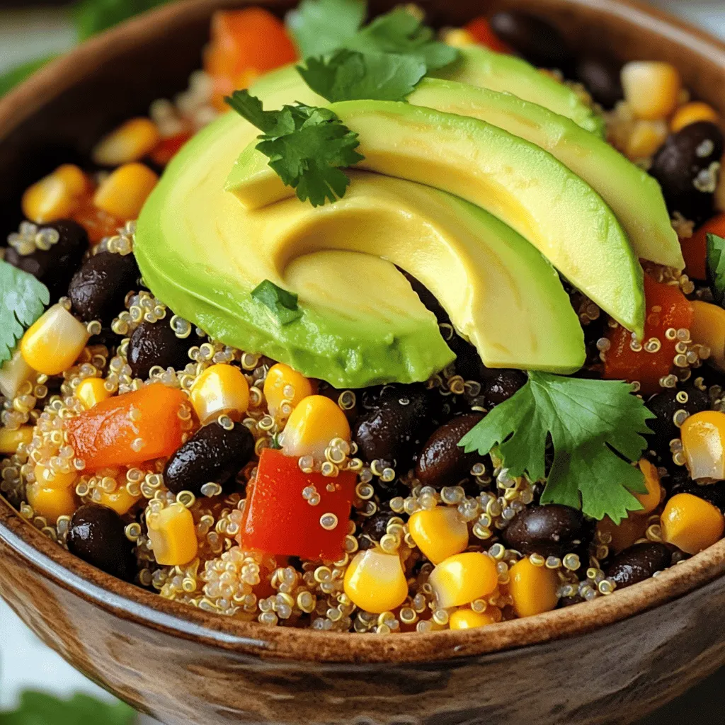 - 1 cup quinoa, rinsed - 2 cups vegetable broth or water - 1 can (15 oz) black beans, rinsed and drained - 1 cup corn (fresh, frozen, or canned) Quinoa is the star of this bowl. It is a tiny seed packed with protein and fiber. I love using it because it cooks quickly and has a nutty flavor. Black beans add creaminess and are rich in nutrients. They also help to fill you up. Corn brings sweetness and a pop of color. - 1 red bell pepper, diced - 1 small red onion, diced - 2 cloves garlic, minced - 1 teaspoon cumin - 1 teaspoon smoked paprika - Salt and pepper to taste To amp up the taste, I add diced red bell pepper and onion. They cook down nicely and add great texture. Garlic gives a robust flavor that ties everything together. Cumin and smoked paprika add warmth and depth. A pinch of salt and pepper brightens each bite. - 1 avocado, sliced - Fresh cilantro, chopped (for garnish) - Optional toppings: diced tomatoes, jalapeños, sour cream, cheese For a creamy finish, I love adding slices of avocado. Fresh cilantro adds a burst of freshness on top. You can mix in diced tomatoes for more color. If you want some heat, jalapeños are a great choice. Sour cream and cheese are also tasty options. You can find the full recipe to make this dish delicious and easy to prepare. 1. In a medium saucepan, bring 2 cups of vegetable broth or water to a boil. 2. Add 1 cup of rinsed quinoa. 3. Reduce the heat to low and cover the pot. 4. Let it simmer for about 15 minutes. 5. The quinoa will be fluffy and the liquid will be absorbed. 6. Remove from heat and let it sit for 5 minutes. 7. Fluff the quinoa with a fork to separate the grains. 1. While the quinoa cooks, heat a large skillet over medium heat. 2. Add 1 diced small red onion and 2 minced garlic cloves. 3. Sauté for 2-3 minutes until the onion softens and turns clear. 1. Add 1 diced red bell pepper, 1 cup of corn, and 1 can of rinsed black beans to the skillet. 2. Stir in 1 teaspoon of cumin, 1 teaspoon of smoked paprika, and salt and pepper to taste. 3. Cook for another 5-7 minutes, stirring often, until everything is heated through. 4. Once the quinoa is ready, mix it with the black bean mixture in the skillet. 5. Squeeze the juice of 1 lime over the mix and stir well to blend all the flavors. 6. Taste and adjust seasoning as needed. 7. Serve by spooning the mixture into bowls, topping with avocado slices and fresh cilantro. 8. Add any additional toppings you like, such as diced tomatoes or jalapeños. Follow these steps for a tasty Quinoa Black Bean Taco Bowl. For more details, check out the Full Recipe. To make perfect quinoa, start with the right water to quinoa ratio. Use 2 cups of liquid for every 1 cup of quinoa. This helps it cook evenly. After cooking, let it rest for 5 minutes. This resting period helps the quinoa grains separate and become fluffy. To customize the taste, you can adjust the spices. If you like more heat, add a pinch of cayenne or chili powder. You can also add acidity to brighten the dish. A squeeze of fresh lime juice adds a zesty touch and enhances all the flavors. Cooking in bulk saves time during busy weeks. Make a double batch of quinoa and the black bean mixture. Store leftovers in airtight containers. They stay fresh in the fridge for about 3-4 days. Reheat them when you're ready to eat. This makes for a quick and tasty meal. {{image_2}} You can switch up the protein in your taco bowl. Adding chicken or tofu makes it hearty. Simply grill or sauté them before mixing in. If you want a different bean option, try pinto or kidney beans. These beans add a unique taste while keeping the dish filling. To spice things up, consider adding jalapeños for a kick. You can also use different spices for a global twist. Try chili powder for a smoky flavor or curry powder for an Indian flair. Each choice adds a new layer of taste to your meal. Making this dish vegan is easy. Just skip any animal products, like cheese or sour cream. For gluten-free options, ensure your spices and toppings are certified gluten-free. This way, everyone can enjoy a delicious meal without worry. To keep your quinoa black bean taco bowl fresh, store it in the fridge. Use airtight containers for best results. This keeps moisture and air out. If you want to freeze it, let it cool first. Then, pack it into freezer-safe bags or containers. Remove as much air as you can. This helps prevent freezer burn. In the fridge, eat your taco bowl within three to five days. If you store it properly, it will stay tasty. Signs of spoilage include a sour smell or mold. If you see any of these, throw it away. Safety first! Reheat your taco bowl in a microwave or on the stove. For the microwave, use a bowl and cover it with a damp paper towel. Heat for 1-2 minutes, stirring halfway. On the stove, warm it in a pan over low heat. Add a splash of water or broth to keep it moist. This method helps maintain flavor and texture. Enjoy it warm, just like the first time! You can serve many tasty sides with this bowl. Here are some great ideas: - Tortilla chips with salsa - A fresh green salad - Mexican street corn - Sliced jalapeños for heat - A dollop of sour cream - Fresh lime wedges for zest These sides add crunch and flavor. You can mix and match to find your favorites. Yes, you can prepare this dish ahead of time! Here are some tips: - Cook the quinoa and black bean mix in advance. - Store them separately in airtight containers. - They can last in the fridge for about 4 days. - Reheat each part when you’re ready to eat. - Add fresh toppings just before serving. This makes meal prep easy and saves time during busy days. Quinoa is very healthy! Here are some of its benefits: - High in protein, great for muscle repair. - Contains fiber, good for digestion. - Packed with vitamins and minerals like magnesium. - It is gluten-free, perfect for those with allergies. Black beans also add nutrients. They provide protein, fiber, and iron. This meal is both filling and nutritious. Enjoy this wholesome dish by checking the Full Recipe for details! In this post, we covered how to make a Quinoa Black Bean Taco Bowl. You learned about key ingredients like quinoa, black beans, and corn. I shared tips for cooking fluffy quinoa and sautéing vegetables. You discovered tasty ways to adjust flavors and even make this dish ahead of time. Remember, you can customize it with your favorite protein or spices. This bowl is healthy, easy, and perfect for meal prep. Enjoy creating your own version!