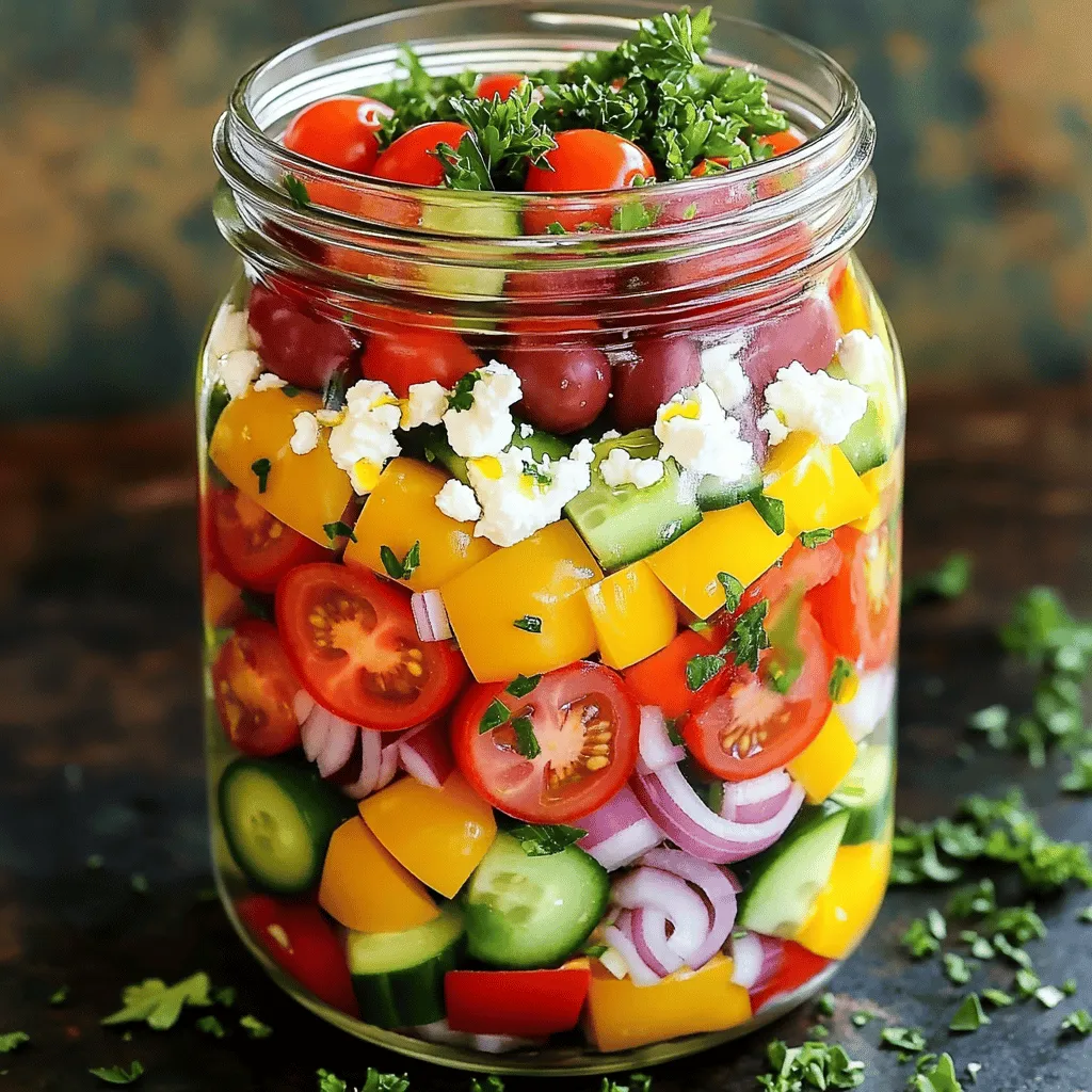 To make a Mason Jar Greek Salad, you need some fresh ingredients. Here’s a list of what you will need: - 1 cup cherry tomatoes, halved - 1 cucumber, diced - 1 bell pepper (red or yellow), diced - 1/2 red onion, finely chopped - 1 cup Kalamata olives, pitted - 1 cup feta cheese, crumbled - 2 tablespoons fresh parsley, chopped - 1/4 cup olive oil - 2 tablespoons red wine vinegar (optional for tanginess) - 1 teaspoon dried oregano - Salt and pepper to taste When picking your ingredients, aim for the freshest options. Choose bright, firm tomatoes. Look for cucumbers without blemishes. Bell peppers should feel heavy for their size. For a twist, add optional ingredients like chickpeas or grilled chicken. These can enhance flavor and texture. You can also swap feta with goat cheese for a creamier taste. I recommend using organic ingredients when possible. This choice often brings more flavor and supports local farms. Enjoy the process of gathering these fresh ingredients. It makes a big difference in your final dish, and you’ll love the vibrant look and taste of your Mason Jar Greek Salad! For the full recipe, refer to the above details. To start, rinse all your vegetables well under cool water. This step helps remove dirt and germs. After rinsing, chop your veggies into even pieces. For the cucumbers, cut them into small cubes. Dice the bell pepper into bite-sized bits. Halve the cherry tomatoes for a juicy burst. Finely chop the red onion to add sharpness. Washing the ingredients is very important. It ensures your salad stays fresh and safe to eat. Clean veggies taste better and look good too. Now, let’s layer the salad in the mason jar. Start with the dressing first. Pour the olive oil and red wine vinegar into the bottom. This keeps the veggies from getting soggy. Then, add the diced cucumber. Next, layer in the bell pepper and red onion. After that, add the halved cherry tomatoes. On top of these, place the Kalamata olives. Finally, sprinkle the crumbled feta cheese and chopped parsley on top. The order of these layers is crucial. The dressing needs to be at the bottom to keep everything fresh. Each layer stays crisp and flavorful, making every bite delicious. When you’re ready to eat, secure the lid on the mason jar. Give it a gentle shake to mix the dressing evenly. This step blends all those vibrant flavors together. You can enjoy the salad straight from the jar for fun and easy serving. If you prefer, pour it into a bowl. Toss it lightly for an even mix. You can serve it right away or store it in the fridge for later. This salad stays fresh for up to four days. For an extra touch, add a slice of lemon on the side. It gives a nice pop of flavor to your meal. For the full recipe, check out the details above! To keep your Mason Jar Greek Salad fresh, store it in the fridge. Use a clean, dry mason jar to prevent bacteria. After you make the salad, seal the jar tightly. This keeps air out and helps maintain freshness. For crisp ingredients, add the dressing at the bottom. This way, the juicy items do not touch the greens. The cucumber and bell peppers should stay dry until you eat. Use fresh veggies for the best taste. - Always wash your veggies before chopping. - Use the freshest feta cheese you can find. - If you notice any wilting, remove the affected ingredients right away. Layering is key to avoiding sogginess. Start with the dressing at the bottom. Next, add sturdy vegetables like cucumber and bell pepper. These act as barriers to moisture. Then, layer the softer ingredients like tomatoes and olives. Finish with feta and parsley on top. This keeps them from getting mushy. For a colorful salad, mix different bell pepper colors. You can also add chickpeas for protein. This not only boosts flavor but also makes your salad more filling. {{image_2}} You can change the ingredients in the Mason Jar Greek Salad to fit your taste. For example: - *Cheese options*: If you don't like feta, try goat cheese or mozzarella. Each adds a different flavor. - *Protein add-ins*: You can add grilled chicken or chickpeas for extra protein. Tofu is another great choice for a plant-based option. - *Veggie swaps*: Replace cucumbers with radishes or add artichoke hearts for more variety. These swaps keep the salad fresh and fun! Homemade dressings can give your salad a new twist. Here are some ideas: - *Spicy dressing*: Mix olive oil with red pepper flakes for a kick. This adds warmth without overpowering the salad. - *Herby dressing*: Blend olive oil with fresh herbs like dill or basil. This gives a fragrant touch that enhances the salad. - *Tangy dressing*: Use lemon juice or balsamic vinegar instead of red wine vinegar. Both options brighten the flavors. Experiment with these dressings to find your favorite! For the full recipe, check the section above. You can keep your Mason Jar Greek Salad fresh in the fridge for up to 4 days. Store it in the jar with the lid on tight. This helps keep the flavors intact and the veggies crisp. If you notice any moisture, you can add a paper towel inside the jar lid to absorb excess liquid. This keeps everything crunchy and tasty. Freezing this salad is not the best option. The veggies lose their crunch when thawed. If you want to save leftovers, consider only freezing the dressing. You can mix it up again when you're ready to enjoy your salad. For best results, store the dressing in a small container. When you’re ready, just add the fresh ingredients and enjoy! Yes, you can make this salad ahead of time. It stays fresh for up to four days in the fridge. This makes it a great meal prep option. I like to make several jars at once. This way, I always have a healthy meal ready to go. Just remember to layer the ingredients properly. This keeps them fresh and crisp longer. If you don't have a mason jar, don't worry! You can use any airtight container. Plastic containers work well, too. Just make sure they seal tightly. This will help keep your salad fresh. You can also use a bowl with a lid. This keeps the ingredients safe from air and moisture. Yes, this salad is gluten-free! All the ingredients used are naturally gluten-free. You can enjoy it without any worry if you have gluten allergies. Always check labels on packaged items like feta cheese. Some brands might add gluten-containing ingredients, so it's best to confirm. To make your salad more filling, add protein. You can include grilled chicken, chickpeas, or beans. These additions boost the nutrition and keep you full longer. Try adding quinoa for an extra fiber kick. It’s a great way to turn a light salad into a hearty meal. In this article, we covered how to make a tasty Mason Jar Greek Salad. Fresh ingredients are key for flavor and crunch. You learned the importance of proper washing and layering for the best results. We shared tips for keeping your salad fresh and swapping ingredients for your taste. Finally, you discovered how to store your salad safely. By following these steps, you can create a healthy meal that is easy to enjoy anytime. Remember, a little prep goes a long way in keeping your meals fun and fresh.