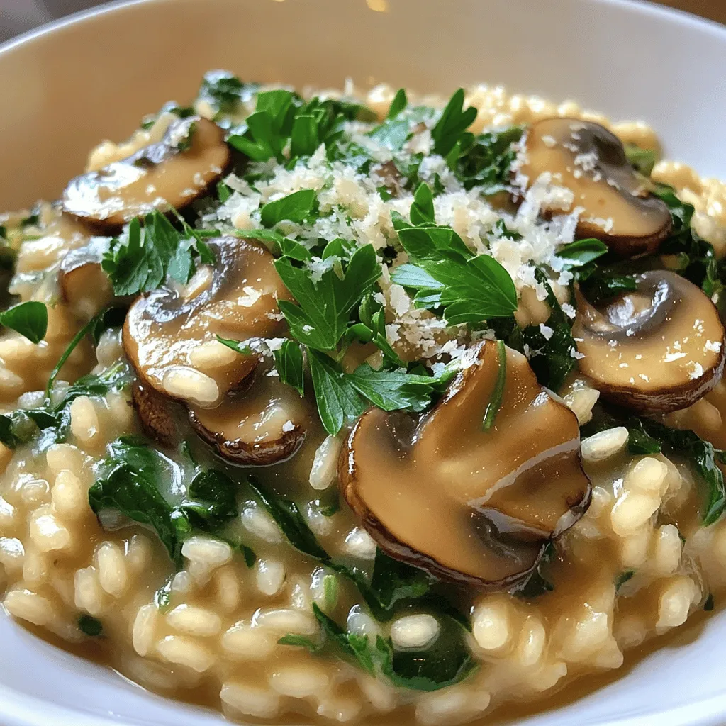 To make a creamy mushroom risotto, you'll need a few key ingredients that come together for a rich flavor. Here’s what you’ll need: - 1 cup Arborio rice - 4 cups vegetable broth - 1 cup sliced mushrooms (cremini or shiitake) - 1 medium onion, finely chopped - 2 cloves garlic, minced - 1 cup chopped fresh spinach - ½ cup grated Parmesan cheese - ½ cup cream - 2 tablespoons olive oil - Salt and pepper to taste - Fresh parsley, chopped (for garnish) These ingredients create a creamy texture and a savory taste. Arborio rice is perfect for risotto because it absorbs liquid well. The mushrooms add earthiness, while the spinach gives a fresh touch. You can use any vegetable broth you like, but homemade is best. Don't forget the cream and cheese; they make the dish truly decadent. When you gather these ingredients, you set yourself up for a delicious meal. If you want to see the full steps and instructions, check out the Full Recipe. Enjoy cooking! To start, you need to prepare the vegetable broth. Pour 4 cups of vegetable broth into a medium saucepan. Heat it over low heat. Keep it warm, but don’t let it boil. Next, let’s chop the vegetables. Finely chop 1 medium onion. Mince 2 cloves of garlic. Slice 1 cup of mushrooms. You can use cremini or shiitake mushrooms. Finally, chop 1 cup of fresh spinach. Now, it’s time to cook. In a large skillet, heat 2 tablespoons of olive oil over medium heat. Add the chopped onion. Sauté for about 3 to 5 minutes until it looks translucent. Next, stir in the minced garlic and sliced mushrooms. Cook them for about 5 to 7 minutes. You want the mushrooms to be tender and release some moisture. Then, add 1 cup of Arborio rice to the skillet. Stir it well to coat the grains with oil. Cook for another 1 to 2 minutes. The rice should get a little toasty. Now, start adding the warm vegetable broth. Use one ladle at a time. Stir often and let the rice absorb the liquid before you add more. Keep this up for about 20 minutes. You want the rice to be creamy and al dente. When the rice is close to done, stir in the chopped spinach, ½ cup of cream, and ½ cup of grated Parmesan cheese. Mix well until the spinach wilts and the cheese melts, making the risotto creamy. Finally, season your risotto with salt and pepper. Adjust the flavors to your liking. Once done, remove the skillet from the heat. Let it rest for a minute before serving. This little break helps the flavors blend. For a beautiful presentation, serve the risotto in shallow bowls. Garnish with fresh parsley and an extra sprinkle of Parmesan cheese. Enjoy your creamy mushroom risotto! To achieve the right creaminess in your risotto, use Arborio rice. This rice has a high starch content. It creates a rich, creamy texture as you cook. Always add warm broth gradually. This method helps the rice absorb the liquid slowly. Stir frequently to release more starch. This process is key to getting that perfect creamy risotto. If you want to switch up the flavor, consider alternatives for Parmesan cheese. Nutritional yeast can give a cheesy taste without dairy. Also, try using pecorino Romano for a sharper flavor. For broth, feel free to use chicken broth instead of vegetable broth. This change adds depth to the dish. You can also use homemade broth for extra flavor. Presentation matters! Serve your risotto in shallow bowls. This style allows the creamy texture to shine. Garnish with fresh parsley for a pop of color. A sprinkle of extra Parmesan adds elegance. Pair your risotto with a simple salad or crusty bread. This makes for a complete meal. For more ideas, check out the Full Recipe for additional serving tips. {{image_2}} You can easily add proteins to your creamy mushroom risotto. Chicken and shrimp are great options. For chicken, cook diced pieces in olive oil before adding them to the risotto. This adds flavor and makes it heartier. If you prefer shrimp, sauté them until pink and tender, then mix them in. For vegetarian options, you can use beans or lentils. They provide protein without meat. Tofu is also a good choice. Make sure to press it first to remove excess moisture. This helps it absorb flavors better. To boost the flavor, you can add herbs and spices. Fresh thyme or rosemary pairs well with mushrooms. Just sprinkle a bit in while cooking. You can also use a bay leaf in the broth for extra depth. Explore different types of mushrooms too. Try portobello, chanterelle, or oyster mushrooms. Each type adds its own unique taste. Mixing mushrooms can create a rich, earthy flavor. You can adapt this risotto for each season. In spring, add peas and asparagus for a fresh touch. Summer is perfect for zucchini and fresh tomatoes. In fall, use pumpkin or butternut squash for warmth. Winter calls for hearty greens like kale or winter squash. You can also add root vegetables like carrots or parsnips. Using seasonal veggies not only enhances flavor but also keeps your dish fresh and exciting. For more details, refer to the Full Recipe. After enjoying creamy mushroom risotto, store any leftovers in an airtight container. This helps keep the rice moist. Make sure to cool it down to room temperature before sealing it up. The risotto will stay fresh in the fridge for about 3 days. If you want to enjoy the dish later, refrigerating is a great choice. If you want to save your risotto for longer, freezing is a good option. First, let the risotto cool completely. Then, pack it in a freezer-safe container, leaving some space for expansion. You can freeze risotto for up to 2 months. When you’re ready to eat it, thaw it overnight in the fridge. To reheat, add a splash of broth or water to help regain its creamy texture. When reheating your risotto, the goal is to keep it creamy. Use a skillet over low heat for the best results. Stir frequently, and add a little broth or water if it feels too thick. You can also use the microwave, but be sure to cover it. Heat in short bursts, stirring in between to warm it evenly. This way, you can enjoy your creamy mushroom risotto just like when it was fresh! How long does it take to cook mushroom risotto? Cooking creamy mushroom risotto takes about 30 to 40 minutes. You will spend time first sautéing your veggies. Then, you will slowly add broth and stir often. This helps the rice absorb the flavors and get creamy. Can I make risotto ahead of time? Yes, you can make risotto ahead of time. Cook it fully but leave out the cream and cheese. When you are ready to eat, add these last two ingredients. This helps keep the risotto creamy and fresh. What’s the best type of rice for risotto? The best rice for risotto is Arborio rice. It has a high starch content, which makes the dish creamy. You can also use Carnaroli or Vialone Nano for similar results. Is creamy mushroom risotto gluten-free? Yes, creamy mushroom risotto is gluten-free. The main ingredient, Arborio rice, does not contain gluten. Just check your broth to ensure it is gluten-free too. How can I make it dairy-free? To make creamy mushroom risotto dairy-free, skip the cream and Parmesan. Use coconut cream or cashew cream instead. Nutritional yeast can give you a cheesy flavor without dairy. What to serve with creamy mushroom risotto? Creamy mushroom risotto pairs well with roasted vegetables or a fresh salad. Grilled chicken or seafood can also make it a heartier meal. How to make it a complete meal? To make creamy mushroom risotto a complete meal, add protein. Grilled shrimp, chicken, or sautéed greens work great. You can also top it with a poached egg for extra richness. This blog post covered making creamy mushroom risotto. We shared the main ingredients, step-by-step cooking instructions, and practical tips. I explained how to adjust flavors and storage methods. You can also explore variations and dietary options. Making risotto is simple and fun. With the right steps, you'll impress everyone. Enjoy experimenting with flavors and ingredients. This dish is perfect for any meal. Now, get cooking and share your delicious risotto!