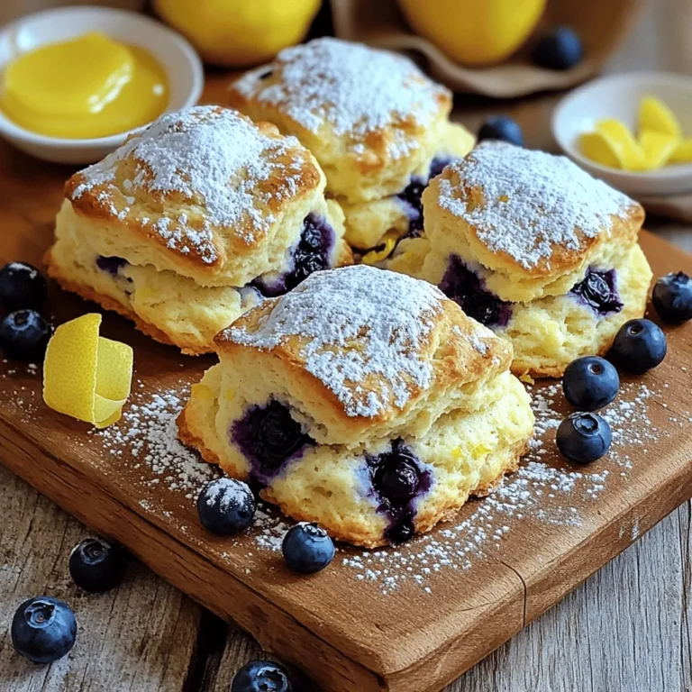 To make the best Lemon Blueberry Scones, gather these key items: - 2 cups all-purpose flour: This forms the base of the scones. - 1/2 cup granulated sugar: This adds sweetness and helps with browning. - 1 tablespoon baking powder: This gives the scones their lift. - 1/2 teaspoon salt: Salt enhances the flavor of the scones. - 1/2 cup unsalted butter, cold and cubed: Cold butter creates a flaky texture. - 1 cup fresh blueberries (or frozen, if not in season): Blueberries add natural sweetness and color. - Zest of 1 lemon: Lemon zest brings brightness and a fresh flavor. - 1/2 cup heavy cream: This adds richness and moisture. - 1 large egg: The egg binds the dough together. - 1 teaspoon vanilla extract: This adds depth to the flavor. - 1 tablespoon lemon juice: Lemon juice enhances the lemon flavor. - Extra cream and sugar for brushing on top: This gives the scones a nice finish. I prefer using fresh blueberries when they are in season. They taste sweeter and have a burst of flavor. If fresh blueberries aren't available, frozen ones work well too. Just make sure to thaw and drain them first. This prevents excess moisture in the dough. If you want to make a lighter version, you can use whole milk or a milk alternative instead of heavy cream. For butter, try using coconut oil or a plant-based butter. These will change the flavor slightly but still lead to tasty scones. 1. Preheating the oven: Set your oven to 400°F (200°C). This temperature helps the scones rise nicely and become golden brown. It’s key for fluffy scones. 2. Mixing the dry and wet ingredients correctly: In a large bowl, sift the flour, sugar, baking powder, and salt. Use a separate bowl for the wet mix. Whisk together the heavy cream, egg, vanilla extract, and lemon juice. Pour this into the dry mix. Stir gently until just combined. Overmixing can lead to tough scones. 3. Important tips for folding in blueberries: Carefully fold in the blueberries after mixing the dough. Use a spatula and move gently. This prevents crushing the berries. You want them whole for bursts of flavor in each bite. 1. How to cut and shape the scones: Turn your dough onto a floured surface. Pat it into a circle about 1 inch thick. Cut into wedges like a pizza or use a biscuit cutter for round shapes. Place them on your lined baking sheet. 2. Recommended baking time and signs of doneness: Bake for 15-20 minutes. The scones should be golden brown on top. Insert a toothpick into the center. It should come out clean when done. 3. Cooling and serving recommendations: Let the scones cool on a wire rack for a few minutes. Serve them warm, dusted with powdered sugar. Pair with lemon curd or clotted cream for an extra treat. Enjoy every fluffy bite! To make the best lemon blueberry scones, focus on the dough. The right dough should feel slightly sticky. It should not be too dry or too wet. This balance ensures fluffiness. When mixing, avoid overworking the dough. Overmixing can lead to tough scones. Gently fold in the blueberries to keep them whole. This helps keep the scones light and airy. Watch for color while baking. The tops should turn golden brown. A toothpick inserted in the center should come out clean. This means your scones are ready. Common mistakes include using warm butter or overmixing the dough. Both can ruin the texture. Cold butter helps create the flaky layers we love in scones. To boost the flavor, consider adding spices. A pinch of cinnamon or nutmeg adds warmth. You can also use extracts like almond or lemon for extra zing. Incorporating nuts can add crunch. Chopped walnuts or pecans work great with blueberries. You can even mix in other fruits, like raspberries or peaches, for a twist. Adjusting sweetness is simple. If you prefer less sugar, cut down the granulated sugar. You can also use honey or maple syrup instead. Just remember to balance the wet ingredients if you change the sweetener. For more tips, check the full recipe for ideas on how to perfect your scones! {{image_2}} You can switch up the flavors in your scones. Try using different fruits like raspberries or peaches. They add sweetness and a nice color. You can also mix in lime or orange zest instead of lemon. This gives a fresh twist to your scones. For a different take, try making savory scones. Add cheese and herbs for a unique snack. If you need a gluten-free version, use alternative flours like almond or oat flour. These options work well and keep your scones tasty. For a vegan choice, replace the butter with coconut oil. Use plant-based milk instead of heavy cream, and flax eggs can replace regular eggs. If you want to cut back on sugar, try using a sugar substitute or simply reduce the amount. This way, you can enjoy the scones in a healthier way. To keep your lemon blueberry scones fresh, store them in an airtight container. This will help prevent them from drying out. At room temperature, the scones stay good for about two days. If you want to keep them longer, place them in the fridge. They can last up to a week this way. For longer storage, freezing is a great option. Wrap each scone in plastic wrap. Then, place them in a freezer bag. They can stay fresh for up to three months in the freezer. When you're ready to enjoy them, thaw them overnight in the fridge. To reheat your scones, use the oven for the best results. Preheat your oven to 350°F (175°C). Place the scones on a baking sheet and warm them for about 10 minutes. This method keeps them fluffy and soft. If you’re in a hurry, you can use the microwave. Heat them for 15 to 20 seconds. However, this may make them a bit chewy. For the best taste and texture, I recommend the oven method. Enjoy your scones warm for the best flavor! Can I make the dough ahead of time? Yes, you can make the dough ahead of time. Wrap it in plastic wrap and chill it in the fridge. Use it within a day for best results. What should I do if my dough is too sticky? If your dough is too sticky, add a little more flour. Sprinkle it in slowly until the dough firms up. Be careful not to overmix. How can I adjust the recipe for different serving sizes? To adjust the serving size, simply divide or multiply the ingredient amounts. Use a scale for accuracy. This way, you can make half a batch or double it as needed. Why are my scones dense or hard? Dense scones usually come from overmixing. Mix just until combined. Also, check the freshness of your baking powder. Old powder won’t rise well. How to fix a too-sweet or too-sour batter? If your batter is too sweet, add a pinch of salt or more flour. For a sour taste, mix in more sugar or add vanilla to balance it out. Alternatives if you run out of a key ingredient If you run out of heavy cream, use milk with a bit of butter mixed in. If you lack lemons, try using orange zest for a different yet tasty flavor. You can find the full recipe for Zesty Lemon Blueberry Bliss Scones 🫐 [here](#). Prep Time: 15 mins | Total Time: 35 mins | Servings: 8 You have learned how to make delicious scones. We explored ingredients, preparation, and baking steps. I shared tips to avoid mistakes and enhance flavor. You can even try various fruit or dietary options. Storing and reheating methods ensure your scones stay fresh. Now you’re ready to bake. Enjoy each bite of your creations. The possibilities are endless, so have fun experimenting!