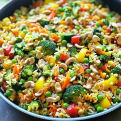 - 2 cups cooked jasmine rice (preferably day-old for the best texture) - 1 cup mixed bell peppers (red, yellow, green), diced - 1 cup carrots, grated or finely diced - 1 cup frozen peas - 1 cup broccoli florets, chopped into small pieces - 3 green onions, chopped - 2 cloves garlic, minced - 2 tablespoons soy sauce - 1 tablespoon sesame oil - 2 tablespoons vegetable oil - 1 teaspoon ginger, grated - Salt and pepper to taste - Optional: 1/4 cup cashews or almonds, chopped for added crunch When making veggie packed fried rice, fresh ingredients matter. Start with cooked jasmine rice. Day-old rice gives the best texture. You can prepare it a day ahead. Next, pick colorful bell peppers. They add a sweet crunch. Grated carrots bring sweetness and color too. Frozen peas are easy and add freshness. Broccoli florets add green goodness. You can enhance your dish with optional ingredients. Chopped green onions add a nice finish. Minced garlic and grated ginger bring depth of flavor. Soy sauce and sesame oil give a savory touch. Vegetable oil helps cook everything evenly. For extra crunch, consider cashews or almonds. They add a fun twist. With these ingredients, you can create a flavorful and simple meal. Check out the Full Recipe for more details! Start by heating vegetable oil in a large skillet or wok over medium-high heat. Once the oil is hot, add minced garlic and grated ginger. Sauté these for about 30 seconds. You want the aroma to fill your kitchen. Next, toss in the mixed bell peppers and carrots. Stir them for about 2-3 minutes. You want them soft but still crisp. Then, add the broccoli florets. Continue to stir-fry for another 2-3 minutes. This keeps the veggies bright and fresh. Now it's time to mix in the cooked jasmine rice. Push the veggies to one side of the pan. Pour in sesame oil and add the rice next to it. Break up any clumps of rice with your spatula. Slowly mix everything together. You want the rice to soak up the flavors. Drizzle soy sauce over your rice mixture. Stir thoroughly to make sure every bit is coated. Now, add in the frozen peas and chopped green onions. Cook this for 2 more minutes. This step heats everything through and adds a nice crunch. Finally, season with salt and pepper to taste. If you want an extra crunch, toss in some chopped cashews or almonds. Serve your veggie packed fried rice hot, either on its own or as a side dish. For the full recipe, check out the detailed instructions above. Enjoy! - Using day-old rice: Day-old rice works best. It is drier and less sticky. This makes it easier to fry. Fresh rice can become mushy. - Adjusting seasoning to taste: Taste your dish as you cook. This helps you find the right balance. You can add more soy sauce or salt if you need. - Keeping vegetables crunchy: Cook veggies on high heat for a short time. This keeps them crisp. Don't overcook them; they should have a snap. - Recommended skillet or wok types: A wide skillet or a wok is ideal. They allow for even cooking and easy stirring. A non-stick surface helps prevent sticking. - Using a spatula for even cooking: Use a spatula to mix everything well. It helps ensure all ingredients heat evenly. Make sure to scrape the bottom of the pan for good flavor. {{image_2}} You can switch things up with your fried rice. Try adding zucchini or corn for new taste. Zucchini adds a soft texture and a mild flavor. Corn brings a sweet crunch that kids love. Seasonal veggies work great too. In summer, add fresh peas or green beans. In fall, consider butternut squash or pumpkin. Each choice adds fun and color to your meal. Want to make your fried rice heartier? Consider adding tofu or tempeh. Tofu gives a nice, chewy texture, while tempeh adds a nutty flavor. You can also crack in a couple of eggs. They cook quickly and add richness. Edamame is another smart choice. It gives a boost of protein and a pop of color. These options help you customize your fried rice for any diet or taste. For the full recipe, check out the Rainbow Veggie Packed Fried Rice section. You want to keep your veggie packed fried rice fresh. For this, use airtight containers. Glass or plastic containers work well. Make sure they seal tightly to prevent air from getting in. You can store your fried rice in the fridge for three to five days. If you want to keep it longer, you can freeze it. In the freezer, it lasts up to three months. Just remember to label your container with the date. When you're ready to eat your leftovers, here are some great ways to heat them up. You can use a skillet or a microwave. If you choose a skillet, heat it over medium heat. Add a splash of water or a little oil to help steam the rice. Stir often for even heating. If you use a microwave, place the rice in a bowl. Cover it with a microwave-safe lid. Heat it in short bursts, stirring in between. This keeps the rice moist and tasty. To keep the flavor and texture nice, avoid high heat. Too much heat can dry out the rice. Enjoy your meal just like when it was fresh! For the full recipe, check out the Rainbow Veggie Packed Fried Rice . You can store veggie packed fried rice in the fridge for about 3 to 4 days. Use an airtight container to keep it fresh. If you want to store it longer, freeze it. It can last up to 3 months in the freezer. Just make sure to cool it completely before you pack it away. Yes, frozen vegetables are great for fried rice. They save time and help keep the dish fresh. Frozen veggies are picked at peak ripeness, which means they are still full of flavor. Simply add them straight to the pan without thawing. They cook quickly and blend well with your other fresh ingredients. Veggie packed fried rice is versatile. You can serve it as a main dish or a side. For a complete meal, pair it with grilled chicken or shrimp. You can also enjoy it with a light salad or some egg rolls. The options are endless! To boost the flavor, use fresh herbs like cilantro or basil. You can also add a splash of lime juice for a zesty kick. If you like a bit of heat, try adding some chili flakes or sriracha. Adjust the soy sauce to your taste too. Just remember, start small and taste as you go! For the full recipe, check out the Rainbow Veggie Packed Fried Rice. Veggie packed fried rice is a fun and tasty dish to make. I covered key ingredients, from jasmine rice to colorful veggies. You learned about easy cooking steps and helpful tips. Variations let you personalize this dish with proteins and extra veggies. Proper storage keeps leftovers fresh, while reheating maintains taste. Enjoy your cooking adventure, and don’t be afraid to experiment with flavors!