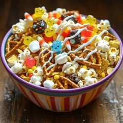 - 2 cups popcorn (popped) - 1 cup mini pretzels - 1 cup corn chips - 1 cup gummy monsters (or gummy candies of choice) - 1/2 cup chocolate candies (M&Ms or similar) - 1/2 cup candy corn - 1/4 cup roasted sunflower seeds - 1/4 cup mini marshmallows - 1/4 cup melted white chocolate - 1 teaspoon edible glitter (optional) The list above features all you need to make the Monster Munch Snack Mix. Each ingredient adds a fun touch. The popcorn gives it a light crunch, while the mini pretzels add a salty bite. Corn chips bring a great texture, and gummy monsters make it playful. Adding chocolate candies and candy corn sweetens the mix. Sunflower seeds give it a nutty flavor, and mini marshmallows add a soft chew. Drizzling melted white chocolate brings everything together. If you want, sprinkle edible glitter for a magical look. This mix is not only tasty, but it is also perfect for parties, movie nights, or just a fun snack. You can get creative with it! For the full recipe, check the next section. This snack mix is fun but also has some calories. It has about 150-200 calories in a serving. You will find fats, sugars, and carbs in the mix, depending on the ingredients used. Here’s a quick overview: - Calories: 150-200 per serving - Total fats: 7-10g - Sugars: 10-15g - Protein: 2-4g This mix may contain allergens. It has popcorn, pretzels, and chocolate candies, which can include gluten and dairy. Always check labels if you have allergies. Enjoy making this mix, and feel free to adjust it to your taste! To start, gather all your ingredients. You will need 2 cups of popped popcorn, 1 cup of mini pretzels, 1 cup of corn chips, and 1 cup of gummy monsters. Add 1/2 cup of chocolate candies, 1/2 cup of candy corn, 1/4 cup of roasted sunflower seeds, and 1/4 cup of mini marshmallows. 1. Mix the Dry Ingredients: In a large bowl, combine the popcorn, pretzels, corn chips, gummy monsters, chocolate candies, candy corn, sunflower seeds, and mini marshmallows. 2. Toss Gently: Use your hands to mix everything together. Be gentle to keep the popcorn from breaking. Remember to keep safety in mind while mixing. If using a knife to cut any ingredients, always cut away from your body. Next, it’s time to melt the white chocolate. Place 1/4 cup of white chocolate in a microwave-safe bowl. Heat it in 15-second intervals, stirring each time. Stop when the chocolate is smooth. 1. Drizzle the Chocolate: Take a spoon and drizzle the melted white chocolate over the snack mix. Create a zig-zag pattern for fun. 2. Add Glitter (Optional): If you want some sparkle, sprinkle edible glitter over the mix. After drizzling, let the snack mix set. Leave it at room temperature for about 10-15 minutes. This will allow the chocolate to harden. Once the chocolate is set, give the mix a gentle toss again. This helps break up any clumps and mix the flavors evenly. - Enhancing Flavor: Want to make it even better? Consider adding more candy! Extra chocolate candies or even some dried fruits can make it pop. Enjoy your Monster Munch Snack Mix as a fun treat for parties or movie nights! You can find the full recipe in the main article. To make your Monster Munch Snack Mix even better, try adding more fun things. Here are a few ideas: - Dried fruits like raisins or cranberries add sweetness. - Nuts like almonds or cashews give a nice crunch. - Use air-popped popcorn instead of regular for a lighter snack. These swaps can make your mix healthier while still being tasty. Make your snack mix shine at parties or holidays. Here are some fun ideas: - For Halloween, use spooky bowls or jars. - At parties, serve it in bright, colorful containers. - You can even add small monster toys around the mix for fun. Using creative vessels will make your snack mix pop! How you show your Monster Munch Snack Mix can make it extra special. Try these tips: - Use clear jars to show off the colorful layers. - Place the mix in fun shapes, like a pumpkin for Halloween. - Add edible glitter on top for sparkle. These fun presentation ideas will wow your guests and make them want to dig in! {{image_2}} You can make Monster Munch Snack Mix special for any holiday. For Christmas, try adding red and green candies. Use peppermint bark bits for a winter twist. For Valentine's Day, swap in heart-shaped candies and pink marshmallows. This mix works for any celebration! You can also blend sweet and savory flavors. Try adding cheese crackers or spicy nuts. This twist gives a fun contrast to the sweet candy. Kids and adults will both love it! You can easily adapt this snack mix for special diets. For gluten-free options, use gluten-free pretzels. Corn chips are usually gluten-free too. Always check labels to be sure. If you want a vegan-friendly version, skip the white chocolate. Instead, use dairy-free chocolate or a fruit-flavored drizzle. You can still enjoy the fun without animal products! Get creative with your Monster Munch Snack Mix! Add different candies like sour gummies or chocolate-covered pretzels. You can also mix in some dried fruit for a chewy touch. For those who like heat, consider adding spicy nuts or chili-flavored popcorn. If sour is your thing, sprinkle in some sour candy. These flavor additions make the mix exciting and fun to eat! To keep your Monster Munch Snack Mix fresh, use airtight containers. Glass jars or plastic bins work well. Make sure they seal tightly to keep air out. If you have leftover mix, store it in these containers right away. This step helps maintain the crunchy texture and the fun flavors. For extra freshness, you can add a small piece of bread to the container. The bread absorbs moisture and keeps the mix crunchy. Just remember to change the bread every few days. When stored properly, the snack mix stays fresh for about two weeks. After that, it may lose its crunch. Keep an eye out for any changes in smell or taste. If it smells stale or tastes odd, it’s best to toss it out. Another sign the mix has gone bad is if you see mold or any strange colors. Always trust your senses—if something seems off, don’t eat it. You can prep Monster Munch Snack Mix in advance. Make it a day or two before your event. This way, you save time on the day of the gathering. Store the mix in an airtight container until you are ready to serve. Just remember to give it a good shake before serving. This helps mix the ingredients again. Your guests will love it fresh, fun, and festive! For the full recipe, refer to the instructions above. What is Monster Munch Snack Mix? Monster Munch Snack Mix is a fun and tasty mix of crunchy and chewy snacks. It includes popcorn, pretzels, corn chips, gummy candies, and chocolate. This mix brings a festive feel to any gathering. You can make it quickly, too, in about 30 minutes. Can I modify the recipe to fit dietary needs? Yes, you can modify the recipe for dietary needs. For gluten-free options, use gluten-free pretzels and corn chips. If you prefer vegan snacks, skip the white chocolate or use dairy-free chocolate. You can also swap out candies for healthier options, like dried fruit or nuts. You can find ingredients for Monster Munch Snack Mix at local grocery stores. Look for popcorn, pretzels, and gummy candies in the snack aisle. For harder-to-find items, check online retailers like Amazon or specialty food shops. To serve Monster Munch Snack Mix, use colorful bowls or Halloween-themed containers. This adds a playful touch. You can also place small monster figurines around the serving area. This creates a fun and festive atmosphere that grabs your guests' attention. This blog post covered how to make Monster Munch Snack Mix step by step. From the ingredient list to storage tips, you have all the info you need. You can modify the recipe for any occasion, and I shared ways to present it nicely. Remember, creativity counts as much as taste. Enjoy mixing flavors and fun for your next gathering. Your snack mix will delight everyone!