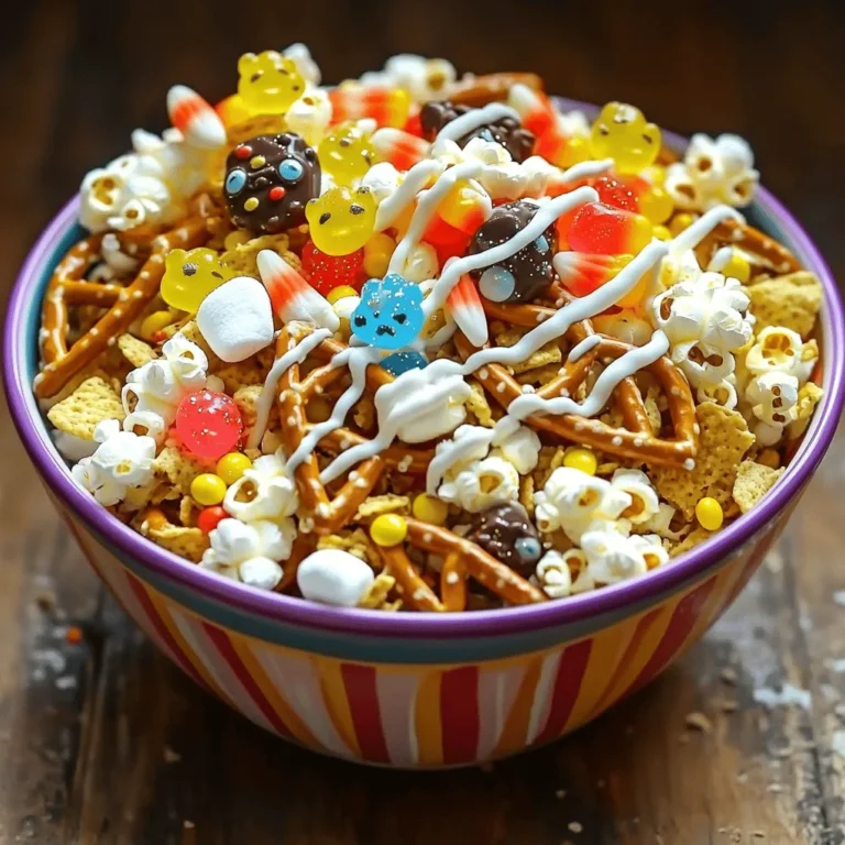 - 2 cups popcorn (popped) - 1 cup mini pretzels - 1 cup corn chips - 1 cup gummy monsters (or gummy candies of choice) - 1/2 cup chocolate candies (M&Ms or similar) - 1/2 cup candy corn - 1/4 cup roasted sunflower seeds - 1/4 cup mini marshmallows - 1/4 cup melted white chocolate - 1 teaspoon edible glitter (optional) The list above features all you need to make the Monster Munch Snack Mix. Each ingredient adds a fun touch. The popcorn gives it a light crunch, while the mini pretzels add a salty bite. Corn chips bring a great texture, and gummy monsters make it playful. Adding chocolate candies and candy corn sweetens the mix. Sunflower seeds give it a nutty flavor, and mini marshmallows add a soft chew. Drizzling melted white chocolate brings everything together. If you want, sprinkle edible glitter for a magical look. This mix is not only tasty, but it is also perfect for parties, movie nights, or just a fun snack. You can get creative with it! For the full recipe, check the next section. This snack mix is fun but also has some calories. It has about 150-200 calories in a serving. You will find fats, sugars, and carbs in the mix, depending on the ingredients used. Here’s a quick overview: - Calories: 150-200 per serving - Total fats: 7-10g - Sugars: 10-15g - Protein: 2-4g This mix may contain allergens. It has popcorn, pretzels, and chocolate candies, which can include gluten and dairy. Always check labels if you have allergies. Enjoy making this mix, and feel free to adjust it to your taste! To start, gather all your ingredients. You will need 2 cups of popped popcorn, 1 cup of mini pretzels, 1 cup of corn chips, and 1 cup of gummy monsters. Add 1/2 cup of chocolate candies, 1/2 cup of candy corn, 1/4 cup of roasted sunflower seeds, and 1/4 cup of mini marshmallows. 1. Mix the Dry Ingredients: In a large bowl, combine the popcorn, pretzels, corn chips, gummy monsters, chocolate candies, candy corn, sunflower seeds, and mini marshmallows. 2. Toss Gently: Use your hands to mix everything together. Be gentle to keep the popcorn from breaking. Remember to keep safety in mind while mixing. If using a knife to cut any ingredients, always cut away from your body. Next, it’s time to melt the white chocolate. Place 1/4 cup of white chocolate in a microwave-safe bowl. Heat it in 15-second intervals, stirring each time. Stop when the chocolate is smooth. 1. Drizzle the Chocolate: Take a spoon and drizzle the melted white chocolate over the snack mix. Create a zig-zag pattern for fun. 2. Add Glitter (Optional): If you want some sparkle, sprinkle edible glitter over the mix. After drizzling, let the snack mix set. Leave it at room temperature for about 10-15 minutes. This will allow the chocolate to harden. Once the chocolate is set, give the mix a gentle toss again. This helps break up any clumps and mix the flavors evenly. - Enhancing Flavor: Want to make it even better? Consider adding more candy! Extra chocolate candies or even some dried fruits can make it pop. Enjoy your Monster Munch Snack Mix as a fun treat for parties or movie nights! You can find the full recipe in the main article. To make your Monster Munch Snack Mix even better, try adding more fun things. Here are a few ideas: - Dried fruits like raisins or cranberries add sweetness. - Nuts like almonds or cashews give a nice crunch. - Use air-popped popcorn instead of regular for a lighter snack. These swaps can make your mix healthier while still being tasty. Make your snack mix shine at parties or holidays. Here are some fun ideas: - For Halloween, use spooky bowls or jars. - At parties, serve it in bright, colorful containers. - You can even add small monster toys around the mix for fun. Using creative vessels will make your snack mix pop! How you show your Monster Munch Snack Mix can make it extra special. Try these tips: - Use clear jars to show off the colorful layers. - Place the mix in fun shapes, like a pumpkin for Halloween. - Add edible glitter on top for sparkle. These fun presentation ideas will wow your guests and make them want to dig in! {{image_2}} You can make Monster Munch Snack Mix special for any holiday. For Christmas, try adding red and green candies. Use peppermint bark bits for a winter twist. For Valentine's Day, swap in heart-shaped candies and pink marshmallows. This mix works for any celebration! You can also blend sweet and savory flavors. Try adding cheese crackers or spicy nuts. This twist gives a fun contrast to the sweet candy. Kids and adults will both love it! You can easily adapt this snack mix for special diets. For gluten-free options, use gluten-free pretzels. Corn chips are usually gluten-free too. Always check labels to be sure. If you want a vegan-friendly version, skip the white chocolate. Instead, use dairy-free chocolate or a fruit-flavored drizzle. You can still enjoy the fun without animal products! Get creative with your Monster Munch Snack Mix! Add different candies like sour gummies or chocolate-covered pretzels. You can also mix in some dried fruit for a chewy touch. For those who like heat, consider adding spicy nuts or chili-flavored popcorn. If sour is your thing, sprinkle in some sour candy. These flavor additions make the mix exciting and fun to eat! To keep your Monster Munch Snack Mix fresh, use airtight containers. Glass jars or plastic bins work well. Make sure they seal tightly to keep air out. If you have leftover mix, store it in these containers right away. This step helps maintain the crunchy texture and the fun flavors. For extra freshness, you can add a small piece of bread to the container. The bread absorbs moisture and keeps the mix crunchy. Just remember to change the bread every few days. When stored properly, the snack mix stays fresh for about two weeks. After that, it may lose its crunch. Keep an eye out for any changes in smell or taste. If it smells stale or tastes odd, it’s best to toss it out. Another sign the mix has gone bad is if you see mold or any strange colors. Always trust your senses—if something seems off, don’t eat it. You can prep Monster Munch Snack Mix in advance. Make it a day or two before your event. This way, you save time on the day of the gathering. Store the mix in an airtight container until you are ready to serve. Just remember to give it a good shake before serving. This helps mix the ingredients again. Your guests will love it fresh, fun, and festive! For the full recipe, refer to the instructions above. What is Monster Munch Snack Mix? Monster Munch Snack Mix is a fun and tasty mix of crunchy and chewy snacks. It includes popcorn, pretzels, corn chips, gummy candies, and chocolate. This mix brings a festive feel to any gathering. You can make it quickly, too, in about 30 minutes. Can I modify the recipe to fit dietary needs? Yes, you can modify the recipe for dietary needs. For gluten-free options, use gluten-free pretzels and corn chips. If you prefer vegan snacks, skip the white chocolate or use dairy-free chocolate. You can also swap out candies for healthier options, like dried fruit or nuts. You can find ingredients for Monster Munch Snack Mix at local grocery stores. Look for popcorn, pretzels, and gummy candies in the snack aisle. For harder-to-find items, check online retailers like Amazon or specialty food shops. To serve Monster Munch Snack Mix, use colorful bowls or Halloween-themed containers. This adds a playful touch. You can also place small monster figurines around the serving area. This creates a fun and festive atmosphere that grabs your guests' attention. This blog post covered how to make Monster Munch Snack Mix step by step. From the ingredient list to storage tips, you have all the info you need. You can modify the recipe for any occasion, and I shared ways to present it nicely. Remember, creativity counts as much as taste. Enjoy mixing flavors and fun for your next gathering. Your snack mix will delight everyone!