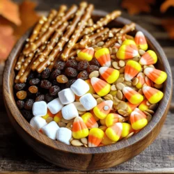 To make the Sweet & Salty Halloween Trail Mix, gather these ingredients: - 1 cup salted mixed nuts (almonds, cashews, walnuts) - 1 cup pretzel sticks - 1 cup candy corn - 1 cup chocolate-covered raisins - 1/2 cup mini marshmallows - 1/4 cup pumpkin seeds - 1/4 teaspoon cinnamon - 1 tablespoon maple syrup (optional) - A pinch of sea salt These ingredients blend together to create a mix of flavors and textures. The nuts add crunch and healthy fats. The pretzel sticks bring a salty bite. Candy corn adds sweetness and color, while chocolate-covered raisins give a rich taste. Mini marshmallows provide chewiness, and pumpkin seeds add a delightful crunch. Not every ingredient works for everyone. Here are some alternatives: - Nut-free options: Use seeds like sunflower or pumpkin seeds instead of nuts. - Gluten-free substitutions: Choose gluten-free pretzel sticks for a safe option. - Candy variations: Swap candy corn for chocolate chips, M&Ms, or gummy candies for different tastes. These changes allow you to tailor the mix to your preferences or dietary needs. Halloween is a time for fun and flavor. Consider adding seasonal touches: - Incorporating seasonal flavors: Pumpkin spice or apple cinnamon can enhance the mix. - Best ingredient combinations: Use orange and black candies to match the Halloween theme. These seasonal ingredients not only look festive but also add a special touch to your trail mix. For the full recipe, check out the Sweet & Salty Halloween Trail Mix. - Step 1: Combine dry ingredients First, grab a large mixing bowl. Add the salted mixed nuts, pretzel sticks, candy corn, chocolate-covered raisins, mini marshmallows, and pumpkin seeds. Mix these dry ingredients well. You want to see all the colors and textures. - Step 2: Mix cinnamon and maple syrup In a small bowl, take the cinnamon and mix it with maple syrup. If you want a touch of sweetness, use the syrup. This small step adds a warm flavor to our mix. - How to evenly combine ingredients Now, drizzle the cinnamon-maple mixture over the trail mix. This step is key. Gently toss everything together with your hands or a large spoon. Make sure each piece gets coated. This way, every bite has flavor. - Ensuring flavors are well-distributed Keep tossing until you see the mix is well-combined. You want to avoid clumps. This ensures that every handful is a perfect blend of sweet and salty. - Creative serving ideas for Halloween parties For Halloween, you can serve this mix in fun, spooky containers. Use clear bags with Halloween designs or small pumpkin bowls. This makes it festive and fun! - Individual portioning tips To make it easy for guests, portion the trail mix into small bags or cups. This way, everyone gets their own treat. Plus, it helps with sharing and keeps things neat. To achieve the right balance of sweet and salty, I focus on ratios. Use equal parts salty nuts and sweet treats. This mix makes every bite fun. A good blend keeps you coming back for more. For crunch, choose nuts and pretzels that are fresh. Freshness adds that perfect crisp. Avoid stale nuts; they ruin the texture. When mixing, toss gently to keep things crunchy. Time-saving hacks help a lot. Measure all your ingredients before you start. This step makes mixing fast. Use a large bowl to avoid spills. Common mistakes include overmixing or adding too much salt. You want just a hint of salt. If you mix too hard, your nuts may break. Keep it gentle for best results. Adjusting ingredient amounts can make it kid-friendly. Use more candy corn for sweetness. Kids love the bright colors and fun shapes. Also, try using smaller nuts for tiny hands. Involve kids in making the mix! Let them add their favorite ingredients. This makes cooking fun and creative. Use cookie cutters to make fun shapes from pretzels for an extra treat. {{image_2}} You can easily switch up ingredients in your trail mix. If you have allergies or just want a new taste, try different nuts or seeds. Use sunflower seeds or pistachios instead of mixed nuts. Both add great crunch and flavor. For sweetness, consider honey or agave syrup. They give a yummy touch. Simply drizzle them over the mix like you would with maple syrup. This small change can make a big difference! Make your trail mix festive by adding colorful candies. For Halloween, use pumpkin-shaped candies or spooky gummies. They make your mix fun and eye-catching. You can also adapt this mix for other holidays. For Christmas, add red and green candies like chocolate M&Ms. For Valentine’s Day, use heart-shaped sprinkles or candies. Each theme brings new joy! Want a healthier twist? Add dried fruits like cranberries or apricots. They bring natural sweetness and chewiness. You can also mix in superfoods like chia seeds or flaxseeds. These add nutrients and fiber. If you want to cut calories, try using air-popped popcorn instead of pretzels. It’s light and still gives a fun crunch. You can also skip the candy or use dark chocolate-covered nuts instead. These swaps help keep your snack tasty and healthy! To keep your Sweet & Salty Halloween Trail Mix fresh, use airtight containers. These containers block air and moisture. This helps maintain crunch and flavor. You can also use individual snack bags. They are perfect for sharing and easy to grab on the go. Your trail mix will last about two weeks when stored correctly. After that, it may lose its taste and crunch. Look for signs of spoilage like a stale smell or soft texture. If you notice either, it's best to toss it. Yes, you can freeze trail mix! This option is great for long-term storage. To freeze, place the mix in a freezer-safe bag. Squeeze out any air before sealing. When you're ready to eat, thaw it in the fridge. This keeps the texture nice and crunchy. What can I add to trail mix for extra flavor? You can add many fun things to boost flavor. Try dried fruits like cranberries or apricots. You can also use chocolate chips or yogurt-covered snacks. For a spicy kick, add chili powder or wasabi peas. The mix is flexible, so feel free to play! Can I make this recipe ahead of time? Yes, you can make this trail mix in advance. It stays fresh for about a week when stored well. Just keep it in an airtight container. This makes it perfect for busy days or Halloween parties! Is this trail mix gluten-free? The base of the trail mix is gluten-free if you use gluten-free pretzels. Be sure to check the labels on all your ingredients. This way, you keep it safe for those with gluten sensitivities. Suggestions for allergy-safe options For nut allergies, swap mixed nuts for seeds like sunflower or pumpkin seeds. Use gluten-free pretzels. You can replace chocolate-covered raisins with chocolate-covered sunflower seeds. Always check labels to ensure safety. Can I use this for Halloween party favors? Absolutely! This trail mix makes great party favors. You can package it in small bags or jars. Add a cute label with a spooky theme. It’s a fun treat for guests to take home! Other snack ideas using trail mix components You can use trail mix ingredients in many ways. Mix them into yogurt for a tasty snack. Sprinkle them on pancakes or waffles for a fun twist. You can even bake them into cookies or bars for a sweet treat! This blog shared a quick guide to making sweet and salty Halloween trail mix. You learned about ingredients, preparation tips, and storage advice. Don't forget to try fun variations for different themes. Involving kids in this snack mix can make it even more special. Overall, you can enjoy a tasty treat that fits the season and brings joy to gatherings. Happy mixing!