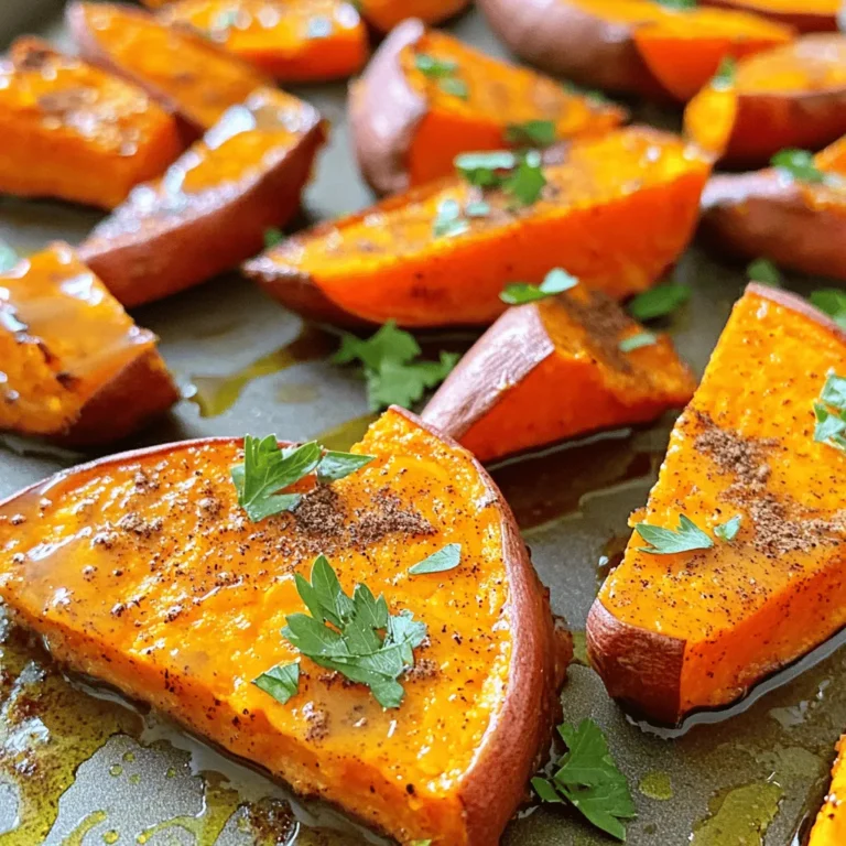 - 3 medium sweet potatoes, scrubbed and cut into wedges - 3 tablespoons olive oil - 2 tablespoons maple syrup - 1 teaspoon ground cinnamon - ½ teaspoon paprika - ½ teaspoon garlic powder - Salt and pepper to taste - Fresh parsley for garnish (optional) To help with your cooking, here are some quick conversions: - 1 tablespoon = 3 teaspoons - 1 cup = 240 milliliters - 2 tablespoons = 30 milliliters If you're using metric measurements, keep these in mind: - 425°F = 220°C Sweet potatoes are not just tasty; they are also full of good stuff. Each medium sweet potato has about 112 calories. They provide about 4 grams of dietary fiber, which helps with digestion. Sweet potatoes are rich in vitamins A and C, which are great for your skin and immune system. They also have minerals like potassium, which help your heart and muscles work well. Eating roasted sweet potato wedges means you enjoy flavor and health in each bite. For a full recipe, check out the details above. 1. Preheat your oven to 425°F (220°C). This high heat helps create a crispy texture. 2. Line a baking sheet with parchment paper. This keeps the wedges from sticking and makes cleanup easy. 1. Toss the sweet potato wedges in a large bowl with olive oil. Make sure each wedge gets a nice coat. 2. Add the maple syrup, ground cinnamon, paprika, garlic powder, salt, and pepper. Mix well until all wedges are covered in the tasty seasoning. 3. Spread the wedges on the baking sheet. Make sure they are in a single layer. This space helps them roast evenly. 4. Roast in the oven for 25-30 minutes. Flip the wedges halfway through cooking. This helps them brown nicely on both sides. 1. Check for doneness. The wedges should be soft inside and crispy outside. 2. Remove from the oven and let them cool for a few minutes. This helps them firm up a bit. 3. Garnish with fresh parsley if you like. It adds a nice pop of color. Follow these steps from the Full Recipe, and you will have perfect roasted sweet potato wedges every time! One big mistake is overcrowding the baking sheet. When you put too many wedges on one pan, they steam instead of roast. This leads to soft, mushy wedges, not the crispy ones you want. Always leave space between the wedges. This way, hot air can flow around them and create that perfect crunch. For maximum crispiness, follow a few simple steps. First, make sure your sweet potatoes are cut evenly. This helps them cook at the same rate. Second, coat them lightly with oil. Too much oil can make them soggy. Finally, flip the wedges halfway through cooking. This helps each side get that golden-brown finish. Want to spice things up? Try adding different herbs and spices. You can go for cayenne pepper for heat, or rosemary for an earthy taste. Thyme works well too, adding a nice aroma. You can even sprinkle some cheese on top in the last few minutes of baking for a cheesy twist. The right blend can really elevate your sweet potato wedges! For the complete recipe, check out the Full Recipe section. {{image_2}} You can switch up the flavor of your roasted sweet potato wedges easily. For a spicy kick, add chili powder or cayenne pepper. Mix these spices with olive oil before tossing them with the wedges. If you love herbs, try rosemary or thyme. These flavors add freshness and depth. Simply sprinkle dried herbs on before roasting for a tasty twist. Roasted sweet potato wedges fit many diets. They are naturally vegan and gluten-free. If you're looking for oil-free options, replace the olive oil with vegetable broth. This keeps the sweet potatoes moist without added fat. You can also add a sprinkle of nutritional yeast for a cheesy flavor without dairy. Pair your sweet potato wedges with dips for added fun. A creamy avocado dip or tangy yogurt sauce goes well with their sweetness. You can also try a spicy sriracha mayo. These dips enhance the flavors and make each bite more exciting. Serve wedges alongside a fresh salad or grilled vegetables for a complete meal. For more details, check the Full Recipe to explore all the delicious possibilities! To store leftover sweet potato wedges, first let them cool. Place them in an airtight container. You can keep them in the fridge for up to four days. If you want to store them longer, freeze the wedges. Use freezer-safe bags and remove as much air as possible. This way, they can last for about three months. To reheat your sweet potato wedges, the oven is best. Preheat the oven to 400°F (200°C). Spread the wedges on a baking sheet. Heat them for 10-15 minutes until they are crispy again. You can also use an air fryer for a quick option. Set the air fryer to 375°F (190°C) and heat for about 5-7 minutes. Leftover sweet potato wedges can make meals more fun. Use them in a salad for added crunch. You can also chop them up and mix them into tacos. Try adding them to a grain bowl with greens and beans. They are tasty with dips like hummus or guacamole. Enjoy experimenting with these ideas! For the full recipe, check out the details above. Roasted sweet potato wedges last about 3 to 5 days in the fridge. To store them, place the wedges in an airtight container. Make sure they cool completely before sealing. This helps keep them fresh. You can also freeze them for longer storage. They will stay good in the freezer for about 2 to 3 months. Just place them in a freezer bag and remove as much air as possible. Yes, you can use other types of potatoes! Yams, russets, or even fingerlings work well. Each type has its own flavor and texture. Yams are sweeter and denser, while russets are fluffier. If you choose russets, adjust the cooking time. They may cook faster than sweet potatoes. Experiment to find your favorite! Roasted sweet potato wedges pair well with many dishes. They complement grilled chicken or fish nicely. You can also serve them with a fresh salad. For a hearty meal, try them with beef or pork. They add a sweet touch that balances savory flavors. Consider dipping them in yogurt or spicy sauce for extra fun! Roasting sweet potato wedges is simple and rewarding. We explored ingredients like sweet potatoes and olive oil, plus tips to avoid common mistakes. Following the steps ensures great texture and flavor. Remember, you can adjust for spice or dietary needs. Finally, store leftovers carefully for future meals. These tasty wedges pair well with many dishes. With this knowledge, you can impress anyone at your table. Enjoy your cooking journey!