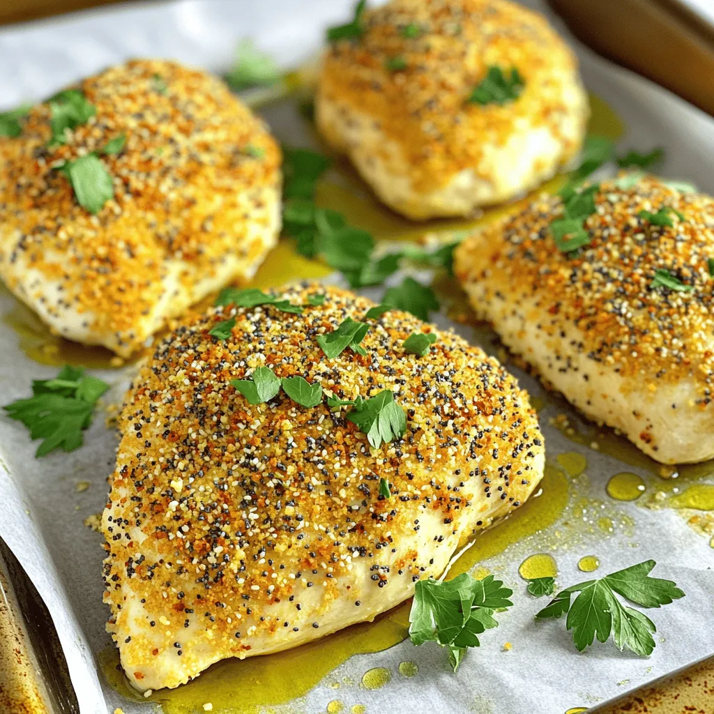 - 4 boneless, skinless chicken breasts - 1 cup plain Greek yogurt - 1 tablespoon Dijon mustard - 1 tablespoon lemon juice For the main ingredients, chicken breasts form the base of this dish. I love using boneless and skinless chicken for its ease and lean quality. The Greek yogurt acts as a marinade. It adds moisture and tang. Dijon mustard brings a subtle bite, while lemon juice adds brightness. These ingredients work together to keep the chicken juicy and flavorful. - 2 cups panko bread crumbs - 2 tablespoons Everything Bagel seasoning - 1 teaspoon garlic powder - 1 teaspoon onion powder Now, let’s talk about the coating ingredients. I prefer panko bread crumbs for their airy and crunchy texture. This makes the chicken crispy. Everything Bagel seasoning gives a burst of flavor. Garlic powder and onion powder enhance the taste without overpowering it. Together, they create a delightful crunch on the outside. - Salt and pepper to taste - Fresh parsley, chopped (for garnish) Seasoning is key. I always recommend salt and pepper to enhance flavors. Fresh parsley adds a pop of color and freshness. It makes the dish look beautiful and inviting. Remember, a small touch of garnish can elevate the meal’s presentation. For the full recipe, check the link provided. 1. Preheat your oven to 400°F (200°C). This heat makes the chicken crispy. 2. Line a baking sheet with parchment paper. It prevents sticking and helps with cleanup. 3. In a mixing bowl, combine 1 cup plain Greek yogurt, 1 tablespoon Dijon mustard, 1 tablespoon lemon juice, salt, and pepper. This mixture will be your marinade. 1. Take each chicken breast and coat it generously with the yogurt mixture. Make sure every part is covered well. 2. In a separate bowl, mix 2 cups of panko bread crumbs, 2 tablespoons of Everything Bagel seasoning, 1 teaspoon garlic powder, and 1 teaspoon onion powder. This will give your chicken a tasty crunch. 1. Dredge each yogurt-coated chicken breast in the panko mixture. Press gently so the crumbs stick. 2. Place the breaded chicken breasts on the prepared baking sheet. You can drizzle a bit of olive oil on top for extra crispiness. 3. Bake in the preheated oven for 25-30 minutes. The chicken is done when it reaches 165°F and is golden brown on the outside. 4. When cooked, remove the chicken from the oven. Let it rest for 5 minutes before slicing. 5. Garnish with fresh chopped parsley before serving. For the full recipe, check out the detailed instructions. Enjoy the crispy, flavorful delight! To get that perfect crispy bite, start with fresh panko bread crumbs. They add a light crunch that makes your chicken shine. If you want even more crunch, drizzle a little olive oil over the breaded chicken before baking. This step helps the crust turn golden brown and crisp. Think about adding more seasonings for a flavor boost. Try smoked paprika or cayenne pepper for a bit of heat. Marinate the chicken for at least 30 minutes. This gives the flavors time to sink in. If you can, let it sit longer. A few hours will really deepen the taste. For sides, roasted vegetables or a fresh salad pair well with Baked Everything Bagel Chicken. You can also serve it with creamy mashed potatoes or fluffy rice. For dips, a tangy yogurt sauce or a spicy mustard works great. You can find the full recipe for Baked Everything Bagel Chicken to make this meal even easier! {{image_2}} If you want to switch things up, try using turkey instead of chicken. Turkey breasts work well with the same marinade and coating. You can also substitute tofu for a plant-based option. Just press the tofu to remove excess moisture, then coat it as you would chicken. Both turkey and tofu absorb the flavors beautifully, keeping every bite tasty. You can use different cuts of chicken, too. Thighs are juicier and add more flavor. Drumsticks are fun for a casual meal. Just adjust the baking time if you choose thicker cuts. They may require a few extra minutes to cook through. For those who need a gluten-free option, use gluten-free breadcrumbs. Many brands offer great choices that still provide that crunch you love. You can also make your own by blending gluten-free crackers. If you're watching your fat intake, low-fat yogurt is a great swap for regular Greek yogurt. It will still keep the chicken moist and flavorful. This small change makes the dish lighter while staying delicious. To elevate the taste, consider adding fresh herbs like rosemary or thyme to the coating. A pinch of cayenne can also add heat. Mix in some smoked paprika for a smoky flavor. Experimenting with different seasoning blends can transform your dish. Try Italian seasoning for a Mediterranean twist or taco seasoning for a fun fusion version. The options are endless, so get creative! For the full recipe, check out the Baked Everything Bagel Chicken. To store leftovers, place the chicken in an airtight container. This keeps it fresh. Make sure the chicken cools to room temperature before sealing it. The recommended shelf life in the fridge is about three to four days. If you want to enjoy it later, proper storage is key. You can freeze cooked Baked Everything Bagel Chicken. Wrap each piece tightly in plastic wrap, then place it in a freezer bag. This helps prevent freezer burn. For thawing, move the chicken to the fridge overnight. Reheat it within one to two days for the best taste. To keep the chicken crispy, reheat it in the oven. Preheat the oven to 375°F (190°C). Place the chicken on a baking sheet for about 10-15 minutes. This method helps maintain its crunch. You can also use an air fryer for a quicker option. Just set it to 350°F (175°C) and heat for about 8-10 minutes. Enjoy your chicken just like when it was fresh! Baking time depends on the thickness of your chicken breasts. For average-sized breasts, I recommend baking for 25-30 minutes. If your chicken is thicker, it might need 35-40 minutes. Always check the internal temperature. It should reach 165°F for safety. Using a meat thermometer helps ensure perfect cooking. If you don’t have Greek yogurt, you can use sour cream. Plain yogurt also works well. These options keep the chicken moist and flavorful. You can even try mayonnaise for a creamier texture. Just remember, these substitutes may slightly change the taste, but they will still create a delicious dish. Yes, you can use homemade Everything Bagel seasoning! Just mix sesame seeds, poppy seeds, garlic flakes, onion flakes, and salt. Adjust the amounts to your taste. Store-bought seasoning saves time but homemade gives a unique twist. Either way, your chicken will be tasty! Many sides pair well with Baked Everything Bagel Chicken. Here are some ideas: - Roasted vegetables like broccoli or carrots - A fresh green salad with a light dressing - Creamy mashed potatoes for comfort - Quinoa or rice for a healthy grain option These sides will complete your meal and enhance the flavors of the chicken. Enjoy! We covered how to make Baked Everything Bagel Chicken using simple ingredients. You learned the steps to coat and bake the chicken for a crisp finish. Remember to use fresh panko for the best texture. You can also vary the recipe with different proteins or seasonings. Store your leftovers properly for later enjoyment. I hope you try this dish soon. It's easy, tasty, and perfect for any meal. Enjoy your cooking adventure!