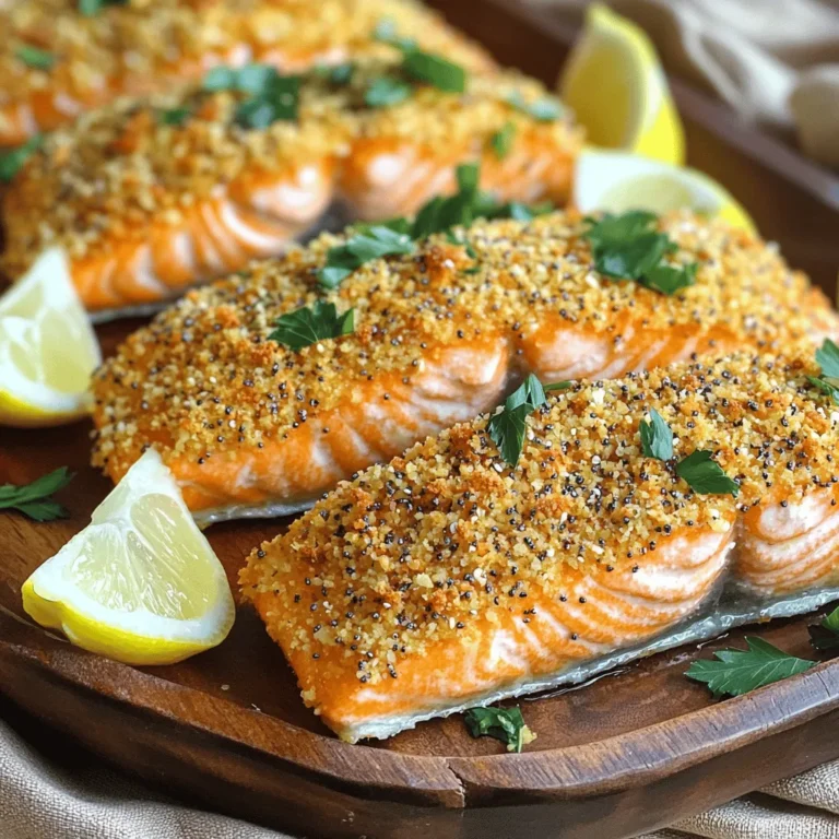 Here’s what you need for the Everything Bagel Crusted Salmon. Each ingredient plays a key role in making this dish tasty and easy. - 4 salmon fillets (about 6 oz each) - 2 tablespoons Dijon mustard - 1 cup panko breadcrumbs - 2 tablespoons everything bagel seasoning - 2 tablespoons fresh parsley, finely chopped - 1 tablespoon olive oil - Salt and pepper to taste - Lemon wedges for serving These ingredients balance each other well. The salmon is rich and buttery, while the crust adds a crunch. The Dijon mustard gives a nice tang that pairs perfectly with the savory everything bagel seasoning. Fresh parsley adds a pop of color and flavor. With simple steps, you can create a beautiful meal. You can find the full recipe above. 1. Preheat your oven to 400°F (200°C). Line a baking sheet with parchment paper. 2. Pat the salmon fillets dry with paper towels. Season both sides with salt and pepper. 3. In a small bowl, mix the Dijon mustard and olive oil until combined. 1. In another bowl, combine the panko breadcrumbs, everything bagel seasoning, and chopped parsley. Mix well. 2. Brush the mustard mixture evenly over the top of each salmon fillet. 3. Press the breadcrumb mixture firmly onto the mustard-coated salmon. Make sure it sticks. 1. Place the salmon on the prepared baking sheet. 2. Bake for about 12-15 minutes. The salmon should flake easily with a fork. The crust should be golden brown. 3. Check for doneness by gently flaking the fish with a fork. It should be opaque and tender. Follow these steps closely for a tasty Everything Bagel Crusted Salmon. For more details, see the Full Recipe. To get an even crust on your salmon, start by patting the fillets dry. This helps the mustard stick better. Next, brush a thin layer of Dijon mustard evenly across the top of each fillet. Use a spatula or the back of a spoon for smooth application. When seasoning, don’t hold back on salt and pepper. A good sprinkle on both sides adds depth. Remember, the crust will provide flavor too, so balance is key. To check if your salmon is done, look for a golden crust. The fish should flake easily with a fork. If it’s still too firm, give it a few more minutes. The ideal internal temperature is 145°F (63°C). For a lovely serving, place the salmon on a large platter. Add lemon wedges around the fish for a pop of color. The bright yellow contrasts nicely with the crust. Garnish with finely chopped parsley for freshness. It adds a nice green touch and enhances the look. A sprinkle on top makes the dish more inviting. When plating, think about height and arrangement. Lean the fillets slightly against each other. This gives a modern and appealing look. Remember, we eat with our eyes first! You can find the full recipe for everything bagel crusted salmon to put these tips into action. Enjoy your cooking journey! {{image_2}} You can switch up the crust on the salmon. Try crushed nuts like almonds or pecans. They add a nice crunch and flavor. You could also use crushed crackers for a different taste. If you want some spice, add chili flakes or paprika to the crust. This gives it some heat. You can also mix in garlic powder for a savory kick. Feel free to add cheese, too! A sprinkle of parmesan or mozzarella can make it even better. Fresh herbs like dill or thyme can boost the taste. They add brightness and freshness. Pair your salmon with healthy sides. Roasted vegetables like asparagus or carrots work great. You can also serve it with grains like quinoa or rice for a filling meal. For sauces, a lemon dill sauce or a simple yogurt dip fits well. They add creaminess and flavor. A drizzle of balsamic glaze can also give it a sweet touch. You can serve the salmon as a salad topping. Just flake the cooked salmon over mixed greens. Add some cherry tomatoes, cucumber, and a light vinaigrette for a refreshing dish. For the full recipe, check out Everything Bagel Crusted Salmon 🥯. After you make Everything Bagel Crusted Salmon, let it cool down. This step is key for keeping the fish fresh. You can leave it at room temperature for no more than two hours. If it's too hot, place it in the fridge for quick cooling. For storage, I recommend using airtight containers. Glass or plastic containers work well. Make sure the lid seals tight. This keeps the flavors locked in and prevents odors from mixing. Leftover salmon lasts in the fridge for about three days. If you want to keep it longer, consider freezing it. To reheat your salmon, the best method is the oven. Preheat it to 350°F (175°C). Place the salmon on a baking sheet. Cover it with foil to keep it moist. Heat for about 10-15 minutes, or until warm. If you want to keep the crust crispy, avoid the microwave. The microwave can make it soggy. For long-term storage, freezing is a great option. Wrap each piece tightly in plastic wrap. Then, place it in a freezer-safe bag. It can last for up to three months in the freezer. When ready to eat, thaw it in the fridge overnight. Then, follow the reheating steps to enjoy it again. What is everything bagel seasoning made of? Everything bagel seasoning is a mix of seeds and spices. It usually contains: - Sesame seeds - Poppy seeds - Dried onion - Dried garlic - Salt This blend gives your salmon a great crunch and flavor. Can I use fresh salmon instead of frozen? Yes, you can use fresh salmon. Fresh salmon has a better taste and texture. Just make sure it’s firm and smells fresh. How do I know when my salmon is cooked? You know your salmon is cooked when it flakes easily with a fork. The inside should be a light pink color. Use a meat thermometer for exactness; it should reach 145°F (63°C). Can I make this recipe ahead of time? You can prep the salmon ahead. Coat the fillets with mustard and crust them. Wrap them tightly and keep them in the fridge for up to 24 hours. Bake them when you’re ready to eat. What are the best side dishes for salmon? Some great side dishes are: - Roasted vegetables - Rice or quinoa - A fresh green salad These pair well and balance the flavors of the salmon. Is everything bagel seasoning gluten-free? Most everything bagel seasonings are gluten-free, but check the label. Some brands may add gluten products. Always read the ingredients to be sure. For the full recipe, check the link above. This blog post covered a simple way to make baked salmon. You learned about the needed ingredients, like Dijon mustard and panko breadcrumbs. I shared steps for preparing, crusting, and baking the salmon properly. You also discovered tips for perfecting your dish and some tasty variations. In conclusion, with practice, you can master this delicious recipe. Enjoy your flavorful salmon with lemon and fresh parsley for a meal that impresses!