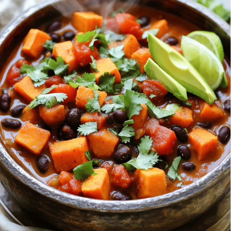 - Sweet potatoes - Black beans - Onion and garlic Sweet potatoes are the star of this dish. They add a natural sweetness that balances the spices. Their creamy texture also makes the chili rich and hearty. Black beans bring protein and fiber, making this meal filling. The onion and garlic provide a savory base, adding depth to the flavor. - Chili powder and cumin - Vegetable broth - Optional spices Chili powder and cumin give this dish its warmth and spice. They create a classic chili flavor that everyone loves. Vegetable broth adds moisture and enhances the spice mix. You can add optional spices, like smoked paprika or cayenne, to kick it up a notch. Adjust these to your taste for a perfect blend. - Avocado - Fresh cilantro - Lime wedges Toppings are where you can get creative! Diced avocado adds creaminess and richness. Fresh cilantro brings a burst of freshness. Lime wedges squeeze in a zesty note, brightening the chili. These toppings not only enhance the flavor but also make the dish look beautiful. For the full recipe, refer to the complete details above. To start, you need to prep your sweet potatoes and vegetables. Peel and dice the sweet potatoes into small cubes. This helps them cook faster. Next, dice the onion and red bell pepper. Gather all your ingredients on the counter. You want everything ready when you start cooking. Heat the olive oil in a large pot over medium heat. Once hot, add the diced onion and bell pepper. Sauté them until the onion turns translucent, which takes about 5 minutes. This step builds a great base for your chili. Now, stir in the minced garlic and cook for one more minute. You want the garlic to be fragrant but not burnt. Next, add the diced sweet potatoes along with the chili powder, cumin, smoked paprika, cayenne pepper, salt, and pepper. Stir well to coat the sweet potatoes with all those spices. After that, pour in the diced tomatoes and vegetable broth. Bring everything to a boil, then lower the heat to a gentle simmer. Cover the pot and let it cook for about 25 to 30 minutes. The sweet potatoes should be tender when done. Once the sweet potatoes are soft, stir in the drained black beans. Allow them to heat through for another 5 minutes. Now, taste the chili and adjust the seasoning if needed. This is your chance to make it perfect. Serve the chili hot, and top it with diced avocado, fresh cilantro, or lime wedges if you like. Enjoy your delicious Sweet Potato Black Bean Chili! Check out the Full Recipe for more details. To change the heat level of your chili, adjust the cayenne pepper. For more spice, add more. If you want it milder, use less or skip it. Taste as you go to find the right balance. When cooking sweet potatoes, the best methods are roasting or boiling. For boiling, cut them into smaller cubes for fast cooking. If you roast them, they will get a nice caramelized flavor. Roast at 400°F for about 25-30 minutes until soft. This chili pairs well with bread or rice. A crusty bread can soak up the chili's flavor nicely. Rice adds a gentle base to the dish. For garnishes, consider avocado, fresh cilantro, or lime wedges. Avocado adds creaminess, cilantro adds freshness, and lime adds a bright zing. These toppings make your chili look and taste even better. Sweet potatoes are full of vitamins. They are rich in vitamin A, which helps your eyes. They also offer fiber, which is great for digestion. Black beans are a powerhouse of protein. They help build muscles and keep you full. They also have fiber, iron, and antioxidants, making them a healthy choice. Eating this chili gives you a tasty way to enjoy these benefits. {{image_2}} You can swap out black beans for other beans. Try kidney beans or pinto beans. These changes add new flavors and textures. If you want more protein, add lentils or cooked chicken. They blend well with sweet potatoes. This swap makes the dish heartier. Spices can change the whole feel of your chili. Use a different spice blend for a new twist. You can try taco seasoning or add cinnamon for warmth. If you like heat, add more cayenne pepper or jalapeños. For a milder chili, skip the cayenne. Adjust based on your taste. Using seasonal vegetables makes this dish fresh and fun. In summer, you can add zucchini or corn. In winter, try carrots or butternut squash. These veggies give extra color and flavor. Adapting the recipe to the seasons keeps it exciting. You will enjoy the variety. For the full recipe, check out the Sweet Potato Black Bean Chili details above. To store leftovers, let the chili cool first. Then, place it in an airtight container. This keeps the chili fresh and tasty. You can store it in the fridge for up to 4 days. For freezing, use a freezer-safe container or bag. Make sure to leave some space for expansion. It’s best to freeze the chili within 2 days of cooking. You can enjoy it for up to 3 months. When you’re ready to eat, thaw it in the fridge overnight. To safely reheat, use a pot on medium heat. Stir the chili often to avoid sticking. You can also use a microwave, heating in short bursts. This helps keep the chili hot without overcooking it. For best flavor and texture, add a splash of broth if it seems thick. Enjoy your warm, flavorful chili! Yes, you can make this chili in a slow cooker. Start by sautéing the onion and bell pepper in a pan with olive oil. This step adds depth to the flavor. Then, transfer the sautéed veggies to your slow cooker. Add the diced sweet potatoes, black beans, tomatoes, and spices. Pour in the vegetable broth. Set your slow cooker on low for about six to eight hours or high for three to four hours. The sweet potatoes will become tender, and the flavors will blend beautifully. This chili stays fresh in the fridge for about four to five days. Store it in an airtight container. Make sure it cools down to room temperature first. This helps keep it tasty and safe to eat. If you want to keep it longer, freeze it. It can last in the freezer for up to three months. I love serving this chili with cornbread or rice. Both are great for soaking up the yummy broth. You can also try it with tortilla chips for some crunch. For a fresh touch, add a side salad. Topping the chili with avocado, fresh cilantro, or lime wedges adds flavor and color. Yes, making this chili ahead of time is a smart idea. The flavors deepen as it sits, making it taste even better. You can prepare the chili a day or two in advance. Just store it in the fridge. Reheat it on the stove or in the microwave before serving. This makes meal prep easy and fun. For the full details, check the Full Recipe. This blog post covers how to make Sweet Potato Black Bean Chili. We explored key ingredients like sweet potatoes, black beans, and spices. I provided step-by-step instructions and tips for cooking and serving. You can modify the recipe to suit your taste or use seasonal veggies. Proper storage and reheating tips will help you enjoy leftovers without loss of flavor. Remember, cooking can be fun and creative, so get ready to experiment and make this dish your own. Enjoy a healthy meal that warms the heart!