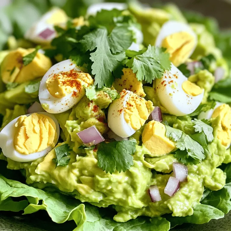 For this tasty dish, you need: - 4 hard-boiled eggs, peeled and chopped - 1 ripe avocado, mashed - 2 tablespoons Greek yogurt (or mayonnaise, if preferred) - 1 tablespoon Dijon mustard - 1 tablespoon fresh lemon juice These ingredients form the heart of the salad. The eggs add protein and richness. The avocado gives a creamy texture, making each bite smooth and delightful. Greek yogurt or mayonnaise adds a tangy touch that balances the flavors. The Dijon mustard and lemon juice bring brightness, enhancing the overall taste. To make your salad stand out, consider adding: - 1 small red onion, finely diced - 1/4 cup fresh cilantro, chopped (or parsley, if preferred) - Salt and pepper to taste - 1/4 teaspoon smoked paprika (optional for extra flavor) The red onion adds crunch and a sharp flavor. Fresh cilantro or parsley brightens the dish. A pinch of salt and pepper helps to round out the flavors. Smoked paprika can add a unique twist, giving the salad a slight smokiness. For a lovely presentation, you might want to serve your salad with: - Lettuce leaves for serving (optional) Using lettuce leaves not only looks nice but also adds a fresh crunch. You can enjoy the salad on whole-grain bread or crackers as well. For the full recipe, check out the detailed steps. Enjoy your creamy and flavorful delight! Start by gathering all your ingredients. You need four hard-boiled eggs, one ripe avocado, and two tablespoons of Greek yogurt. You also need one tablespoon of Dijon mustard and one tablespoon of fresh lemon juice. Chop one small red onion and a quarter cup of fresh cilantro. Lastly, have salt, pepper, and smoked paprika on hand. In a mixing bowl, mash the ripe avocado. Add the Greek yogurt, Dijon mustard, and lemon juice. Mix these ingredients well until you have a smooth and creamy texture. This base gives the salad a rich flavor and a creamy feel. Next, add the chopped hard-boiled eggs to your avocado mixture. Gently fold in the eggs until they are well-coated. Then, stir in the diced red onion, chopped cilantro, salt, pepper, and smoked paprika if you want extra flavor. Mix everything until combined. Taste the salad and adjust the seasoning if needed. To serve, spoon the salad onto lettuce leaves or enjoy it on whole-grain bread. For a nice touch, sprinkle extra smoked paprika on top. You can find the Full Recipe to guide you through every step. To make your salad creamy, mash the avocado well. A ripe avocado is key. It should feel soft but not brown. Mix in Greek yogurt or mayonnaise for extra smoothness. Adjust the amount based on your taste. If you want a lighter dish, use more yogurt and less mayo. This helps keep your salad rich without being too heavy. Season your salad with salt and pepper first. These basics bring out the taste of the eggs and avocado. For a zesty kick, add lemon juice and Dijon mustard. The mustard gives a nice tang. If you like heat, try smoked paprika. It adds depth and warmth. Fresh herbs like cilantro or parsley brighten the dish. Use what you have on hand for the best flavor. When serving, use bright lettuce leaves for a fresh look. Spoon the salad on the leaves for a nice touch. Sprinkle extra smoked paprika on top for color. Adding a few cilantro leaves makes it pop. This simple step makes your dish look gourmet. Remember, we eat with our eyes first! {{image_2}} You can swap some ingredients for healthier options. Instead of mayonnaise, use Greek yogurt. It adds creaminess and cuts down fat. You can also add more veggies like diced cucumber or bell pepper. They boost nutrition and flavor without adding many calories. If you want a lower-fat option, use egg whites instead of whole eggs. This keeps it light and tasty. If you want some crunch, try adding chopped celery or radishes. They provide a nice texture and freshness. You can also mix in nuts like walnuts or pecans. They add healthy fats and a satisfying crunch. For more flavor, consider adding a dash of hot sauce or diced jalapeños. This gives your salad a fun kick. Serving ideas are endless with this salad. You can scoop it onto whole-grain bread for a sandwich. It also works well on crackers as a snack. If you want something lighter, serve it in lettuce wraps. You can even stuff it into tomatoes for a colorful dish. For a fun twist, try it in a baked avocado half. Each option adds a unique touch to your meal. For the full recipe, check the Avocado Delight Egg Salad section. Store leftover avocado egg salad in an airtight container. This keeps air out and helps it last longer. Place it in the fridge right away. It stays fresh for about 2-3 days. If you plan to eat it later, add lemon juice for extra freshness. To keep your salad fresh, use ripe avocados. They should be soft but not mushy. Buy eggs that are fresh. Hard-boiled eggs can last about a week in the fridge. If you don’t mix all the ingredients at once, store them separately. This keeps everything crisp and tasty. Meal prep makes life easier. Prepare your ingredients ahead of time. Chop the onions and herbs, and store them in separate containers. Mash the avocado just before mixing. This way, it stays bright green. You can boil the eggs a day before. Just peel and chill them. For quick meals, make small portions. Enjoy your creamy avocado egg salad anytime! For the full recipe, check out the Avocado Delight Egg Salad. Avocado egg salad lasts about 2 to 3 days in the fridge. Store it in an airtight container. The fresher the ingredients, the longer it stays good. If the salad turns brown, it’s still safe to eat, but it may not look as nice. To keep it fresh, add lemon juice to slow browning. Yes, you can use different herbs in this salad. If you prefer, swap cilantro for parsley or dill. Each herb adds its own taste, so feel free to experiment. Fresh herbs bring a bright flavor, making the dish even better. To make a vegan version of avocado egg salad, use tofu instead of eggs. Choose firm tofu and crumble it for a similar texture. Replace Greek yogurt with a plant-based yogurt or mash more avocado. You’ll still enjoy the creamy goodness and flavors of this dish. For the full recipe, check out the Avocado Delight Egg Salad. We covered how to create a tasty avocado egg salad step by step. Start with fresh ingredients, mix them well, and try different flavors. Remember the tips to make it creamy and delicious. You can even switch up the ingredients for fun variations. Store leftovers safely to keep your salad fresh. With these ideas, your avocado egg salad will impress everyone. Enjoy making this simple yet tasty dish anytime!