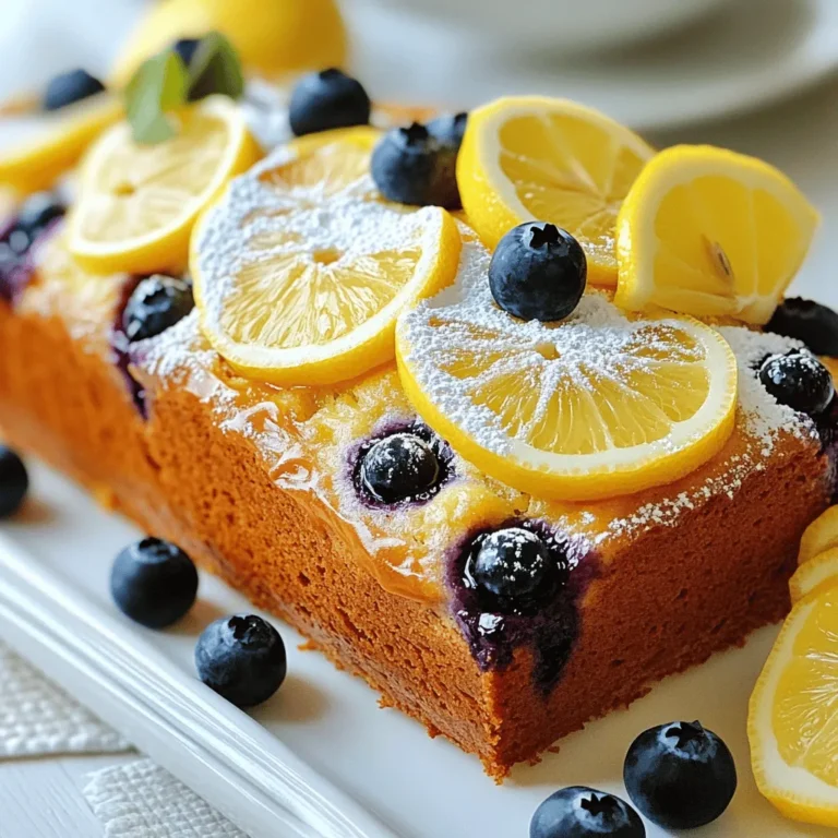 - 1 ½ cups all-purpose flour - 1 teaspoon baking powder - ½ teaspoon baking soda - ½ teaspoon salt - ½ cup unsalted butter, softened - 1 cup granulated sugar - 2 large eggs - Zest of 1 lemon - 2 tablespoons fresh lemon juice - 1 teaspoon vanilla extract - ½ cup buttermilk (or milk mixed with vinegar) - 1 ½ cups fresh blueberries (or frozen, if unavailable) - 2 tablespoons flour (for coating the blueberries) The main ingredients for Buttery Lemon Blueberry Loaf create a perfect balance of sweet and tart. The all-purpose flour gives the loaf its structure. Baking powder and baking soda help it rise. Salt enhances the flavors. Softened unsalted butter adds a rich taste. Granulated sugar sweetens the loaf. Eggs bind everything together. The zest and juice of lemon provide freshness. Vanilla extract adds warmth. Buttermilk keeps the loaf moist. Blueberries burst with flavor, making every bite special. Fresh blueberries are crucial. They add a juicy pop and a vibrant color. If fresh ones are not available, you can use frozen blueberries. Just toss them in flour before adding them to the batter. This helps prevent sinking. For gluten-free options, you can swap all-purpose flour with a gluten-free blend. Make sure the blend has a binding agent, like xanthan gum, to achieve the right texture. This way, you can still enjoy this delightful loaf without gluten. You can find the Full Recipe for step-by-step instructions to create this delicious treat. Prepping the loaf pan Start by preheating your oven to 350°F (175°C). Grease and flour a 9x5-inch loaf pan. You can also line it with parchment paper for easy removal later. Mixing wet and dry ingredients In a medium bowl, whisk together 1 ½ cups of all-purpose flour, 1 teaspoon of baking powder, ½ teaspoon of baking soda, and ½ teaspoon of salt. Set this bowl aside. In a large bowl, beat ½ cup of softened unsalted butter and 1 cup of granulated sugar together until fluffy, about 3-4 minutes. Next, add 2 large eggs, one at a time. Mix well after each egg. Then, stir in the zest of 1 lemon, 2 tablespoons of fresh lemon juice, and 1 teaspoon of vanilla extract. Incorporating blueberries gently Gradually mix the dry ingredients into the wet mixture. Alternate this with ½ cup of buttermilk, starting and ending with the dry mix. Mix until just combined to avoid overmixing. In a small bowl, toss 1 ½ cups of fresh blueberries with 2 tablespoons of flour. This step helps keep the blueberries from sinking. Gently fold the blueberries into the batter with a spatula. Temperature settings and timing Pour the batter into the prepared loaf pan. Smooth the top with a spatula. Bake it in your preheated oven for 55-65 minutes. Checking for doneness To check if it’s done, insert a toothpick into the center. If it comes out clean, your loaf is ready. If the top browns too fast, cover it loosely with aluminum foil. Once baked, let it cool in the pan for about 10 minutes, then transfer it to a wire rack to cool completely. For the full recipe, refer to the detailed instructions above. To create a moist loaf, focus on a few key steps. First, do not overmix the batter. Mixing too much can make the loaf tough. Mix until you can no longer see dry flour. Next, consider adding buttermilk or yogurt. These ingredients add moisture and create a tender crumb. To avoid common baking mistakes, always preheat your oven. A hot oven helps the loaf rise properly. Use an oven thermometer to ensure accuracy. Also, check your baking powder and soda for freshness. Old leavening agents can lead to a flat loaf. When choosing lemons for zesting, look for firm, bright lemons. Organic lemons often have more flavor and no wax. Roll them on the counter to release their juices before zesting. Butter temperature is key for this recipe. Use softened butter, not melted. Softened butter traps air when you beat it, making the loaf fluffy. If your butter is too cold, it won't blend well with the sugar. For a detailed recipe, check out the Full Recipe for Buttery Lemon Blueberry Loaf. {{image_2}} You can easily switch up the flavor of your loaf. Adding nuts or seeds gives a nice crunch. Chopped walnuts or pecans work well. They add texture and flavor. You can also try sunflower seeds for a nut-free option. Experimenting with different fruits can also create fun twists. Instead of blueberries, use raspberries or chopped strawberries. Each fruit brings its own taste, making the loaf unique. For a tropical touch, add diced pineapple. If you want a vegan loaf, it’s simple to adapt. Replace the eggs with flaxseed meal mixed with water. Use a mixture of 1 tablespoon flaxseed meal with 2.5 tablespoons water per egg. For a low-sugar loaf, cut back on the sugar. You can use a sugar substitute, like stevia or monk fruit. Adjust the amount to your taste. This way, you can enjoy the loaf while being health-conscious. Making these variations can keep your baking fresh and exciting. You can tailor the loaf to fit your taste and dietary needs. Check out the Full Recipe for more details! To keep your Buttery Lemon Blueberry Loaf fresh at room temperature, follow these steps: - Allow the loaf to cool completely after baking. - Wrap the loaf in plastic wrap. This keeps moisture in and prevents it from drying out. - Store it in an airtight container or a resealable plastic bag. This helps maintain its softness. - Place it in a cool, dry spot away from sunlight, like a kitchen counter. Your loaf will stay fresh for about 2-3 days this way. If you notice it getting too firm, add a slice of bread to the container. This helps to keep it moist. For long-term storage, freezing your Buttery Lemon Blueberry Loaf is a great option: - First, let the loaf cool completely. - Wrap it tightly in plastic wrap or aluminum foil. This prevents freezer burn. - Place the wrapped loaf in a freezer-safe bag or container. Label it with the date. - You can freeze the loaf for up to 3 months. When you're ready to enjoy it, simply remove it from the freezer. Let it thaw in the fridge overnight or at room temperature for a few hours. You can even warm slices in the microwave for a few seconds. This brings back that fresh-baked taste! For the full recipe, check the details above. How can I tell if my loaf is fully baked? To check if your loaf is done, use a toothpick. Insert it into the center of the loaf. If it comes out clean or with a few crumbs, your loaf is ready. If it has wet batter on it, bake for a few more minutes. Can I use frozen blueberries? Yes, you can use frozen blueberries. They are a great option if fresh ones are not available. Just toss them in flour before adding them to the batter. This helps them stay suspended in the loaf while baking. What can I substitute for buttermilk? If you don't have buttermilk, you can make a quick substitute. Mix ½ cup of milk with 1 tablespoon of vinegar. Let it sit for about 5 minutes. This creates a similar acidity that works well in the recipe. For full details on making this delicious treat, refer to the Full Recipe. This blog post covered how to make a delicious Buttery Lemon Blueberry Loaf. We discussed key ingredients, such as fresh blueberries, and tips for a moist loaf. You learned about preparation steps, baking times, and how to store your loaf for later. Remember, you can tweak the recipe with different fruits or dietary needs. Baking should be fun, so don't hesitate to experiment! Follow these steps, and you will have a tasty treat to enjoy anytime. Happy baking!