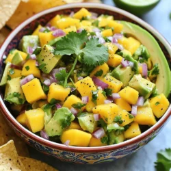 - Ripe mango - Ripe avocados - Red onion The main ingredients make this salsa bright and tasty. Ripe mango gives sweetness and a beautiful color. Avocados add creaminess and a smooth texture. Red onion brings a crunchy bite and a bit of sharpness. - Jalapeño - Fresh cilantro - Lime juice These additional ingredients add layers of flavor. Jalapeño adds heat, so adjust it to your taste. Fresh cilantro gives a fresh and zesty touch. Lime juice brightens the whole dish and helps keep avocados from browning. - Salt and pepper - Ground cumin Salt and pepper are essential for balancing flavors. They enhance the natural taste of the ingredients. Ground cumin is optional, but it gives a warm, earthy flavor. If you want an extra kick, use it sparingly. You can find the full recipe at the end of this article. First, let’s dice the mango and avocados. You want to cut them into small cubes. Take a ripe mango, slice it down the sides of the pit, and then cube the flesh. Next, grab your avocados. Cut them in half, remove the pit, and scoop the green flesh out. Dice it into cubes just like the mango. Place both fruits in a large mixing bowl. Now, we need to chop the red onion and jalapeño. For the red onion, peel it and slice it thinly. Then, chop those slices into small pieces. The jalapeño adds a nice kick. Cut it in half, remove the seeds, and mince it finely. If you want less heat, use less jalapeño. Add both the chopped onion and minced jalapeño to the bowl with the mango and avocados. Next, let's mix these ingredients in the bowl. Gently stir them together with a spoon. Be careful not to mash the avocados; you want those nice chunky pieces. After the mix is combined, add in some fresh cilantro. This gives great flavor and color. Now, it’s time to add the lime juice. Squeeze the juice of two limes over the mixture. Lime juice adds a tangy flavor and helps keep the avocados from turning brown. Now, let’s season the salsa. Sprinkle in salt and pepper to taste. If you like a little more flavor, add half a teaspoon of ground cumin. It gives a warm, earthy taste. Finally, gently mix everything again. Taste it and see if you need more salt or lime juice. Adjust the seasoning to your liking. Your Mango Avocado Salsa is now ready! For the full recipe, check out the section above. To make great mango avocado salsa, start with ripe fruit. A ripe mango feels slightly soft when you press it. Its color should be vibrant, with some yellow or red tones. For avocados, look for one that gives a little when you gently squeeze it. Both fruits should smell sweet and fresh. Freshness is key in this recipe. Always choose fruits that are in season. This ensures maximum flavor and quality. You want your salsa to shine with the best ingredients. Mango avocado salsa works well with many dishes. Pair it with tortilla chips for a fun snack. It also makes a tasty topping for grilled chicken or fish. You can use it in tacos or on salads for a fresh twist. For a creative serving idea, try using small cups. Fill them with salsa and serve with mini spoons. This makes it perfect for parties. You can also serve it in a hollowed-out avocado for a fun look. To make your salsa even better, add some spices. A pinch of ground cumin gives it a warm kick. You can also try a dash of chili powder for some heat. Don’t forget about herbs! Fresh cilantro adds brightness. If you want a different taste, try fresh mint or basil. These herbs can lift the flavor to new heights. Adjust the spices and herbs to match your taste. For the full recipe, check out the instructions I provided earlier. Enjoy creating this refreshing dish! {{image_2}} You can change the fruit in your salsa. Adding pineapple or peach gives it a fun twist. Pineapple adds sweetness, while peach brings a juicy texture. You can also try other fruits like kiwi or berries. Each fruit will change the flavor, so be creative! If you like spice, you can use different types of peppers. Try serrano for more heat or bell peppers for less. You can also make a milder version by leaving out the jalapeño. This way, anyone can enjoy the salsa without worry. This salsa is easy to make vegan-friendly. All the ingredients are plant-based, so you’re good to go! If you need gluten-free options, this recipe fits the bill. Just check your seasoning to make sure they are gluten-free as well. Enjoy your fresh salsa without any worries! For the full recipe, check out the Mango Avocado Salsa Delight! To store leftovers, place the salsa in an airtight container. This keeps it fresh and tasty. Use a glass or plastic container with a tight lid. A good option is a mason jar. Make sure the salsa is cool before storing. This helps prevent condensation inside the container. Can you freeze Mango Avocado Salsa? Yes, you can freeze it, but the texture may change. The avocados might become mushy when thawed. To freeze, place the salsa in a freezer-safe container. Leave space at the top for expansion. For thawing, move it to the fridge overnight. This keeps the salsa safe and helps it thaw slowly. When you’re ready to use it, stir well. You may want to add a bit of lime juice to refresh the flavor. How long does it last in the fridge? The salsa can last about 2-3 days. After that, it may lose its freshness. Signs of spoilage include a brown color or a sour smell. If it looks or smells off, it's best to throw it away. Always trust your senses when it comes to food safety. For the full recipe, check out the earlier sections. To keep avocados fresh, use lime juice. The acid in lime juice slows browning. Squeeze lime juice over the cut avocado right away. Mix it into your salsa for flavor and freshness. Other methods include: - Covering with plastic wrap: Press the wrap directly against the avocado flesh. - Using onion slices: Place onion slices next to the avocado in storage. - Storing in an airtight container: Remove as much air as possible. Yes, you can prepare Mango Avocado Salsa ahead. I recommend making it no more than a few hours in advance. This keeps the flavors bright and fresh. Best practices include: - Chop fruits and veggies: Prepare mangoes and avocados, but mix them just before serving. - Store in the fridge: Keep it in an airtight container to maintain freshness. Mango Avocado Salsa complements many dishes. It works well with grilled chicken or fish. You can also serve it with tacos or on top of salads. Creative uses for leftovers include: - Topping for bruschetta: Spread on toasted bread for a fresh appetizer. - Mix into a grain bowl: Add to quinoa or rice for a colorful meal. For the complete recipe, check out the Full Recipe. Mango Avocado Salsa combines simple, fresh ingredients for a delicious dish. You learned about key ingredients like ripe mangoes, avocados, and red onion, plus options for extra flavor. Our step-by-step guide showed you how to prepare and combine these ingredients easily. You also explored variations, storage tips, and answers to common questions. In the end, this salsa is versatile and fun. Enjoy making it your own with different fruits and flavors. Share it with friends, and let them taste the freshness!