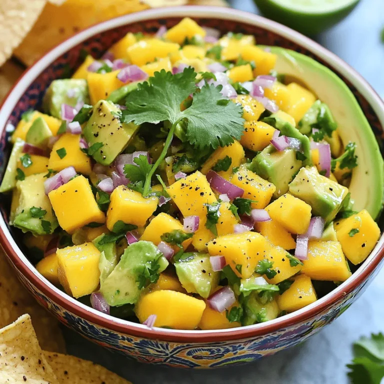 - Ripe mango - Ripe avocados - Red onion The main ingredients make this salsa bright and tasty. Ripe mango gives sweetness and a beautiful color. Avocados add creaminess and a smooth texture. Red onion brings a crunchy bite and a bit of sharpness. - Jalapeño - Fresh cilantro - Lime juice These additional ingredients add layers of flavor. Jalapeño adds heat, so adjust it to your taste. Fresh cilantro gives a fresh and zesty touch. Lime juice brightens the whole dish and helps keep avocados from browning. - Salt and pepper - Ground cumin Salt and pepper are essential for balancing flavors. They enhance the natural taste of the ingredients. Ground cumin is optional, but it gives a warm, earthy flavor. If you want an extra kick, use it sparingly. You can find the full recipe at the end of this article. First, let’s dice the mango and avocados. You want to cut them into small cubes. Take a ripe mango, slice it down the sides of the pit, and then cube the flesh. Next, grab your avocados. Cut them in half, remove the pit, and scoop the green flesh out. Dice it into cubes just like the mango. Place both fruits in a large mixing bowl. Now, we need to chop the red onion and jalapeño. For the red onion, peel it and slice it thinly. Then, chop those slices into small pieces. The jalapeño adds a nice kick. Cut it in half, remove the seeds, and mince it finely. If you want less heat, use less jalapeño. Add both the chopped onion and minced jalapeño to the bowl with the mango and avocados. Next, let's mix these ingredients in the bowl. Gently stir them together with a spoon. Be careful not to mash the avocados; you want those nice chunky pieces. After the mix is combined, add in some fresh cilantro. This gives great flavor and color. Now, it’s time to add the lime juice. Squeeze the juice of two limes over the mixture. Lime juice adds a tangy flavor and helps keep the avocados from turning brown. Now, let’s season the salsa. Sprinkle in salt and pepper to taste. If you like a little more flavor, add half a teaspoon of ground cumin. It gives a warm, earthy taste. Finally, gently mix everything again. Taste it and see if you need more salt or lime juice. Adjust the seasoning to your liking. Your Mango Avocado Salsa is now ready! For the full recipe, check out the section above. To make great mango avocado salsa, start with ripe fruit. A ripe mango feels slightly soft when you press it. Its color should be vibrant, with some yellow or red tones. For avocados, look for one that gives a little when you gently squeeze it. Both fruits should smell sweet and fresh. Freshness is key in this recipe. Always choose fruits that are in season. This ensures maximum flavor and quality. You want your salsa to shine with the best ingredients. Mango avocado salsa works well with many dishes. Pair it with tortilla chips for a fun snack. It also makes a tasty topping for grilled chicken or fish. You can use it in tacos or on salads for a fresh twist. For a creative serving idea, try using small cups. Fill them with salsa and serve with mini spoons. This makes it perfect for parties. You can also serve it in a hollowed-out avocado for a fun look. To make your salsa even better, add some spices. A pinch of ground cumin gives it a warm kick. You can also try a dash of chili powder for some heat. Don’t forget about herbs! Fresh cilantro adds brightness. If you want a different taste, try fresh mint or basil. These herbs can lift the flavor to new heights. Adjust the spices and herbs to match your taste. For the full recipe, check out the instructions I provided earlier. Enjoy creating this refreshing dish! {{image_2}} You can change the fruit in your salsa. Adding pineapple or peach gives it a fun twist. Pineapple adds sweetness, while peach brings a juicy texture. You can also try other fruits like kiwi or berries. Each fruit will change the flavor, so be creative! If you like spice, you can use different types of peppers. Try serrano for more heat or bell peppers for less. You can also make a milder version by leaving out the jalapeño. This way, anyone can enjoy the salsa without worry. This salsa is easy to make vegan-friendly. All the ingredients are plant-based, so you’re good to go! If you need gluten-free options, this recipe fits the bill. Just check your seasoning to make sure they are gluten-free as well. Enjoy your fresh salsa without any worries! For the full recipe, check out the Mango Avocado Salsa Delight! To store leftovers, place the salsa in an airtight container. This keeps it fresh and tasty. Use a glass or plastic container with a tight lid. A good option is a mason jar. Make sure the salsa is cool before storing. This helps prevent condensation inside the container. Can you freeze Mango Avocado Salsa? Yes, you can freeze it, but the texture may change. The avocados might become mushy when thawed. To freeze, place the salsa in a freezer-safe container. Leave space at the top for expansion. For thawing, move it to the fridge overnight. This keeps the salsa safe and helps it thaw slowly. When you’re ready to use it, stir well. You may want to add a bit of lime juice to refresh the flavor. How long does it last in the fridge? The salsa can last about 2-3 days. After that, it may lose its freshness. Signs of spoilage include a brown color or a sour smell. If it looks or smells off, it's best to throw it away. Always trust your senses when it comes to food safety. For the full recipe, check out the earlier sections. To keep avocados fresh, use lime juice. The acid in lime juice slows browning. Squeeze lime juice over the cut avocado right away. Mix it into your salsa for flavor and freshness. Other methods include: - Covering with plastic wrap: Press the wrap directly against the avocado flesh. - Using onion slices: Place onion slices next to the avocado in storage. - Storing in an airtight container: Remove as much air as possible. Yes, you can prepare Mango Avocado Salsa ahead. I recommend making it no more than a few hours in advance. This keeps the flavors bright and fresh. Best practices include: - Chop fruits and veggies: Prepare mangoes and avocados, but mix them just before serving. - Store in the fridge: Keep it in an airtight container to maintain freshness. Mango Avocado Salsa complements many dishes. It works well with grilled chicken or fish. You can also serve it with tacos or on top of salads. Creative uses for leftovers include: - Topping for bruschetta: Spread on toasted bread for a fresh appetizer. - Mix into a grain bowl: Add to quinoa or rice for a colorful meal. For the complete recipe, check out the Full Recipe. Mango Avocado Salsa combines simple, fresh ingredients for a delicious dish. You learned about key ingredients like ripe mangoes, avocados, and red onion, plus options for extra flavor. Our step-by-step guide showed you how to prepare and combine these ingredients easily. You also explored variations, storage tips, and answers to common questions. In the end, this salsa is versatile and fun. Enjoy making it your own with different fruits and flavors. Share it with friends, and let them taste the freshness!