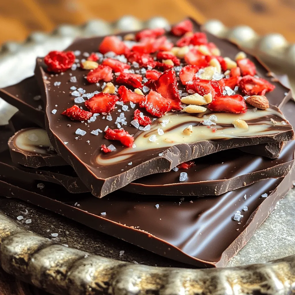To start, you need key ingredients that make this bark special. Here’s what you’ll need: - 1 cup dark chocolate chips - 1 cup white chocolate chips - 1 cup freeze-dried strawberries, crushed - 1/2 cup roasted almonds, chopped (optional) - Sea salt, for sprinkling These ingredients work together to create a tasty treat. The dark chocolate gives a rich flavor, while the white chocolate adds sweetness. The freeze-dried strawberries bring a fruity crunch, and the almonds add a nutty touch. You can also get creative with your bark! Here are some optional ingredients to consider: - Other nuts like walnuts or pecans - Different types of chocolate, like milk chocolate - Sprinkles for added color and fun Adding these can change the bark's flavor and look. Feel free to mix and match based on what you like! Having the right tools makes cooking easier. Here’s what I recommend: - Baking sheet - Parchment paper - Microwave-safe bowls - Spatula - Toothpick or fork for swirling These tools help you create the perfect bark. A baking sheet lined with parchment keeps it from sticking. The spatula helps with spreading the chocolate evenly. For the full recipe, check the section above. Enjoy making your delicious chocolate covered strawberry bark! ``` First, take your baking sheet. Line it with parchment paper. This helps the bark not to stick. You want to keep it easy for cleanup. Make sure the paper covers the whole sheet. This step is simple but very important. Next, grab a microwave-safe bowl. Put in 1 cup of dark chocolate chips. Heat them in the microwave. Do this in 30-second intervals. Stir the chocolate after each round. Keep heating until smooth. Be careful! You do not want to overheat it. If it gets too hot, it will not melt well. Now, take another bowl. Add 1 cup of white chocolate chips to it. Melt them using the same method. After they are smooth, drizzle the white chocolate over the dark chocolate. Use a toothpick or a spatula to swirl it together. This makes a pretty marbled look. For the full recipe, check out the steps above. Enjoy your delicious treat! To melt chocolate well, use a microwave-safe bowl. Place your dark chocolate chips in the bowl. Heat them in short bursts of 30 seconds. Stir the chocolate after each burst. This helps avoid burning. If you prefer, use a double boiler for melting. Just make sure the water does not touch the bowl. Stir often to keep the heat even. For a great look, use a clean baking sheet. Line it with parchment paper to prevent sticking. Spread the melted dark chocolate evenly. Keep the layer thick but not too thick. When you drizzle white chocolate, do it in a swirling motion. This creates a lovely marbled effect. Finish with a sprinkle of freeze-dried strawberries and almonds. This adds color and texture. Serve your bark on a nice platter. Whole strawberries can add a pop of color, too. One common mistake is overheating the chocolate. This can make it clumpy and hard to use. Always stir gently and heat in short times. Another mistake is not letting the bark cool enough. If you break it too soon, it may crumble. Lastly, avoid too many toppings. This can make your bark hard to eat. Stick to a few key ingredients for balance. {{image_2}} You can switch up the chocolate in your bark. Use milk chocolate for a sweeter treat. White chocolate adds a creamy touch. For a bold flavor, try dark or semi-sweet chocolate. Mixing two types creates a fun taste. I love using dark chocolate with white chocolate. This mix gives a nice look and a rich flavor. Feel free to add more fruits or nuts. Dried cherries or blueberries work great. They add a nice chew and fruity taste. You can also use chopped pistachios or walnuts. These nuts give a crunchy texture. You can even try coconut flakes for a tropical twist. Just sprinkle them on top before the bark sets. If you want a vegan version, swap regular chocolate for vegan chocolate chips. Use coconut oil to help melt the chocolate smoothly. Instead of dairy, you can use almond milk or oat milk. Look for dairy-free white chocolate for a creamy layer. Check the labels to make sure they are vegan. This way, everyone can enjoy this tasty treat! To keep your chocolate covered strawberry bark fresh, store it in an airtight container. Use parchment paper between layers to prevent sticking. This helps keep the bark from breaking. Place the container in a cool, dry place, away from sunlight. The fridge works too, but it can make the bark hard. Chocolate covered strawberry bark can last up to two weeks at room temperature. If you want to keep it longer, freeze it! Wrap the pieces tightly in plastic wrap, then place them in a freezer bag. The bark can last up to three months in the freezer. When you're ready to eat, let it thaw in the fridge for a few hours. This bark is great on its own, but you can make it even better. Serve it with fresh strawberries or a scoop of vanilla ice cream. Pair it with coffee or hot chocolate for a cozy treat. You can even use it as a topping for yogurt or oatmeal. The options are endless! For the full recipe, check out the section above. Chocolate covered strawberry bark is a sweet treat made of layers of chocolate and strawberries. It looks like a bark and is easy to break into pieces. You melt dark and white chocolate, then pour them onto a sheet. You add crushed freeze-dried strawberries for flavor and color. Finally, you let it set in the fridge. The result is a crunchy, sweet snack that looks great and tastes even better. You can find pre-made chocolate covered strawberry bark at many stores. Look in the candy aisle or the bakery section. You may also find it at specialty chocolate shops. Online stores like Amazon often sell it too. Just check the ingredients to ensure it meets your needs. Yes, you can use milk chocolate instead of dark chocolate. Milk chocolate is sweeter and creamier. This change can make the bark taste different, but it will still be yummy. If you love milk chocolate, go ahead and use it! Adjust the amount of sugar in the recipe if needed to balance flavors. In this article, we've explored how to make delicious chocolate-covered strawberry bark. You learned about key ingredients, helpful tools, and step-by-step instructions. I shared tips for melting chocolate and how to present it nicely. Remember, you can customize this treat in many ways by adding fruits or nuts. Store your bark properly to keep it fresh. Enjoy making this sweet dish for yourself or to share. It’s fun and simple, so get started today!