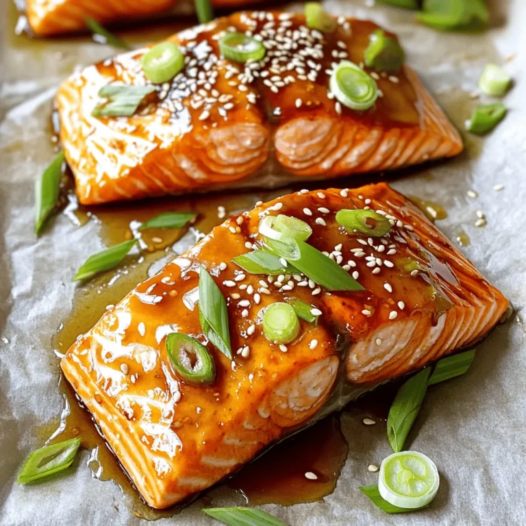 To make honey garlic glazed salmon, you need fresh ingredients. Here’s what you will need: - 4 salmon fillets (6 oz each) - 1/4 cup honey - 3 tablespoons soy sauce (low sodium) - 4 cloves garlic, minced - 1 tablespoon fresh ginger, grated - 1 tablespoon rice vinegar - 1 tablespoon sesame oil - 2 green onions, sliced (for garnish) - Sesame seeds (for garnish) - Salt and pepper to taste These ingredients blend together to create a rich, sweet, and savory glaze. The salmon fillets are the star of this dish. They are tender and flaky, making them perfect for this recipe. Honey adds a lovely sweetness, while garlic and ginger bring depth. The soy sauce gives it that umami kick. You can adjust the amount of honey or soy sauce to fit your taste. This recipe is easy, quick, and uses simple ingredients that you might already have. For the full recipe, check out the instructions later in the article. First, grab a small bowl. In it, whisk together these ingredients: - 1/4 cup honey - 3 tablespoons soy sauce - 4 cloves garlic, minced - 1 tablespoon fresh ginger, grated - 1 tablespoon rice vinegar - 1 tablespoon sesame oil Once mixed well, place your salmon fillets in a shallow dish. Pour the honey garlic marinade over them. Make sure the salmon is fully coated. Let it marinate for at least 15 to 30 minutes. Turn the fillets occasionally for even flavor. Now, preheat your oven to 375°F (190°C). This helps cook the salmon evenly. While the oven warms up, line a baking sheet with parchment paper. This keeps the salmon from sticking and makes clean-up easy. Once your oven is ready, place the marinated salmon fillets on the baking sheet, skin-side down. Sprinkle a little salt and pepper on top. Bake for 15 to 20 minutes. The salmon is done when it flakes easily with a fork. Halfway through baking, baste the salmon with leftover marinade. This adds more flavor and gives it a nice shine. After baking, remove the salmon from the oven. Enjoy your honey garlic glazed salmon! For the complete details, check the Full Recipe. To make the best honey garlic glaze, try swapping soy sauce for coconut aminos. This gives a sweeter flavor. You can also add a splash of lime juice for a zesty kick. The key to great taste lies in marination. Let your salmon soak in the marinade for at least 15 minutes. For even more flavor, aim for 30 minutes. This time allows the salmon to absorb all those yummy flavors. To check if your salmon is ready, use a fork. Gently flake the thickest part of the fillet. If it flakes easily and is opaque, it’s done. You can also check with a meat thermometer. The safe internal temperature is 145°F (63°C). For alternative cooking methods, you can grill or pan-sear the salmon. Grilling adds a smoky flavor, while pan-searing gives a nice crust. Both methods work well with this recipe. To make your dish look stunning, garnish with sliced green onions and sesame seeds. These add color and texture to your plate. You can also serve it on a bed of rice or quinoa for a complete meal. For side dishes, try steamed broccoli or sautéed spinach. A fresh salad also works well. For drinks, a crisp white wine pairs nicely with the sweet and savory flavors. For the full recipe, explore the detailed steps and ingredient list above. {{image_2}} You can change the flavor of your dish easily. Try adding chili flakes to the marinade. This gives your salmon a nice kick. A little goes a long way, so start small. You can also make it citrusy. Squeeze fresh lemon or orange juice into the marinade. This adds brightness and a zesty punch. You might even add some zest for extra flavor. These twists keep the dish fresh and fun. If you want a change from salmon, you have options. Chicken works well with this honey garlic glaze. Use boneless, skinless chicken breasts. Cook them for 25-30 minutes at the same temperature. You can also use tofu for a plant-based option. Press and cube firm tofu before marinating. Cook it for about 20-25 minutes. The same glaze will give it great flavor. These swaps let you enjoy the honey garlic glaze in different ways. Each protein type brings its own unique taste and texture to the dish. For the full recipe, check the complete guide on how to make this delightful meal. To keep your honey garlic glazed salmon fresh, store it right. First, let it cool down. Then, place it in an airtight container. This helps keep moisture in. You can store it in the fridge for up to three days. If you want to keep it longer, freeze it. Wrap each piece in plastic wrap, then place in a freezer bag. This way, it can last for up to three months. When reheating salmon, aim to keep it moist. The best way is to use the oven. Preheat the oven to 275°F (135°C). Place the salmon on a baking sheet. Cover it with foil to trap steam. Heat for about 15 minutes or until warm. You can also use a microwave, but be careful. Heat it in short bursts, about 30 seconds each. Check often to avoid drying it out. You can get creative with leftovers too. Try flaking the salmon into a salad or on top of a grain bowl. It also tastes great in a sandwich or wrap. Adding fresh veggies or a zesty sauce can boost the flavor. These options make your meals fun and tasty! For the full recipe, check out the complete guide to honey garlic glazed salmon. You can check the salmon's internal temperature. It should reach 145°F (63°C). Use a meat thermometer for accuracy. If you don't have one, look for visual cues. The salmon should change from a translucent pink to a light pink color. It will also flake easily with a fork when it's done. Yes, you can use frozen salmon. First, thaw it safely in the fridge overnight. If you need to speed up the process, submerge it in cold water for about an hour. Make sure to change the water every 30 minutes. Adjust your cooking time slightly. Frozen fillets may take 2-3 minutes longer to cook than fresh ones. Keep an eye on the salmon to avoid overcooking. Many sides go well with this dish. Consider steamed broccoli, asparagus, or a fresh salad. You can also serve it with rice or quinoa for a filling meal. For a drink, a crisp white wine, like Sauvignon Blanc, complements the flavors nicely. It enhances the sweet and savory notes of the salmon. This honey garlic glazed salmon recipe is simple and full of flavor. You learned the key steps, from marinating to baking, ensuring moist and tender fish. Don't forget the tips for perfecting the dish and the variations you can try. Whether you stick with salmon or choose another protein, the meal will impress. Store leftovers properly and reheat them to enjoy another tasty meal. This recipe makes cooking fun and easy, and I hope you enjoy making it!