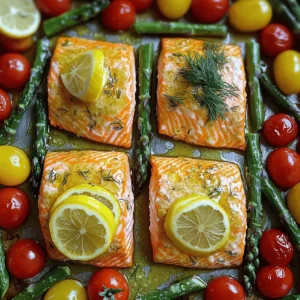 To make this yummy dish, you need simple and fresh ingredients. Here&rsquo;s what you will need: - 4 salmon fillets - 2 tablespoons olive oil - 4 cloves garlic, minced - 1 large lemon, zested and juiced - 2 teaspoons fresh dill, chopped (or 1 teaspoon dried dill) - 1 teaspoon salt - &frac12; teaspoon black pepper - 1 cup cherry tomatoes, halved - 1 bunch asparagus, trimmed - Lemon slices for garnish Each ingredient plays a role. The salmon gives a rich flavor, while lemon and garlic add brightness. Dill brings a hint of freshness that rounds it all out. You can add a few touches to make your meal special. Consider these garnishes and sides: - Fresh parsley or chives for color and taste - A side of quinoa or rice for a filling meal - Roasted potatoes for a hearty side These options can make your dish more colorful and fun. Having the right tools makes cooking easier. Here are some items you will find useful: - Sheet pan for baking - Parchment paper for easy cleanup - Mixing bowl for making the marinade - A sharp knife for cutting veggies - A spatula for serving With these tools, you can whip up this tasty dish with ease. Check out the Full Recipe for more details. Start by preheating your oven to 400&deg;F (200&deg;C). This helps your meal cook evenly. Next, line a sheet pan with parchment paper. This makes cleanup easy and saves time. In a small bowl, mix together the olive oil, minced garlic, lemon juice, lemon zest, dill, salt, and black pepper. Stir until you have a nice marinade. Place the salmon fillets on one side of the sheet pan. Brush them well with the marinade. On the other side, add the asparagus and halved cherry tomatoes. Drizzle them with some olive oil and sprinkle a little salt and pepper. Now, it's time to bake! Put the sheet pan in the oven and set a timer for 15 to 20 minutes. The salmon should cook through and flake easily with a fork. The asparagus should be tender and still have a nice crunch. Keep an eye on the timer. To check if the salmon is done, use a fork to gently poke it. If it flakes easily, it is ready. You can also look for a light pink color inside. The asparagus should be bright green and tender. If everything looks good, remove the pan from the oven. Let it cool for a few minutes before serving. Enjoy your delicious meal! For the complete recipe, see [Full Recipe]. To get the best flavor, marinate your salmon for at least 30 minutes. This lets the marinade soak in. Use a mix of olive oil, garlic, lemon juice, and dill. The acidity from the lemon helps tenderize the fish. If you have more time, try marinating it for up to two hours. Just keep it in the fridge. This will enhance the taste even more. Asparagus cooks fast, so watch it closely. Start by trimming the tough ends. Toss the asparagus with olive oil, salt, and pepper. Spread it out in a single layer on the sheet pan. This helps it roast evenly. Bake alongside the salmon for 15-20 minutes. You want it bright green and slightly crispy. A quick way to check is to pierce it with a fork&mdash;it should be tender but still firm. You can easily boost the flavor of your dish. Consider adding red pepper flakes for a kick. Fresh herbs like parsley or basil can also add brightness. A sprinkle of smoked paprika gives a nice, warm depth. If you love citrus, try adding lime zest or orange juice. Each of these options can change the flavor profile. Have fun experimenting with different spices and herbs to find your favorite mix. For the complete recipe, check the Full Recipe section. {{image_2}} You can swap salmon for other fish like cod or trout. Both cook well and taste great. If you prefer a meat option, try chicken breast. It cooks similarly and absorbs flavors beautifully. For vegetables, asparagus is lovely, but green beans or broccoli work too. Just keep the cooking time in mind. Want to change things up? Use different herbs! Instead of dill, try parsley or basil. These herbs add fresh notes to your dish. You can also use spices like paprika or cumin for warmth. A bit of red pepper flakes gives it a nice kick. Mix and match to find your favorite taste! To make this dish a full meal, add grains. Quinoa or brown rice pairs well with the salmon and veggies. Cook the grains according to the package instructions. Serve the salmon and vegetables on a bed of grains for a hearty meal. You&rsquo;ll enjoy flavor, texture, and nutrition all in one plate. For the full recipe, check out the link above. To store leftovers from your Sheet Pan Lemon Garlic Salmon, first let the dish cool. Place the salmon, asparagus, and tomatoes in an airtight container. Make sure to separate the salmon from the veggies to keep them fresh. Store the container in the fridge. It will stay good for up to three days. If you think you won&rsquo;t eat it in that time, consider freezing it. When you&rsquo;re ready to enjoy leftovers, reheat them gently. Place the salmon and veggies on a baking sheet. Preheat your oven to 350&deg;F (175&deg;C). Heat them for about 10 minutes. This method keeps the salmon moist and the veggies crisp. Avoid using a microwave, as it can make your salmon rubbery. If you want to freeze the salmon, wrap it tightly in plastic wrap. Then, place it in a freezer bag or container. This keeps it fresh for about three months. For best results, freeze the salmon and veggies separately. When you&rsquo;re ready to eat, thaw them in the fridge overnight. Then, follow the reheating tips for a delicious meal. Enjoy your flavorful dinner anytime! It takes about 15 to 20 minutes to cook salmon on a sheet pan. The oven should be set to 400&deg;F (200&deg;C). Check if the salmon flakes easily with a fork. This means it's done. Yes, you can use frozen salmon. Just thaw it first. Place it in the fridge overnight or use cold water. After thawing, pat it dry. This helps the marinade stick better. You can serve many sides with this dish. Here are some ideas: - Rice or quinoa for a grain option - Roasted potatoes for a hearty side - A fresh green salad for crunch - Steamed broccoli for added nutrients These sides will complement the flavors of the salmon well. For the full recipe, refer to the instructions above. This blog post detailed how to make Sheet Pan Lemon Garlic Salmon. We covered the complete ingredient list, tips for preparation, and guidance on baking. I shared tools that make the process easier, along with variations to fit your taste. Storing leftovers is simple and keeps your meals fresh. With these insights, you can create a tasty dish that impresses everyone at your table. I hope you feel ready to try this recipe and enjoy every bite!
