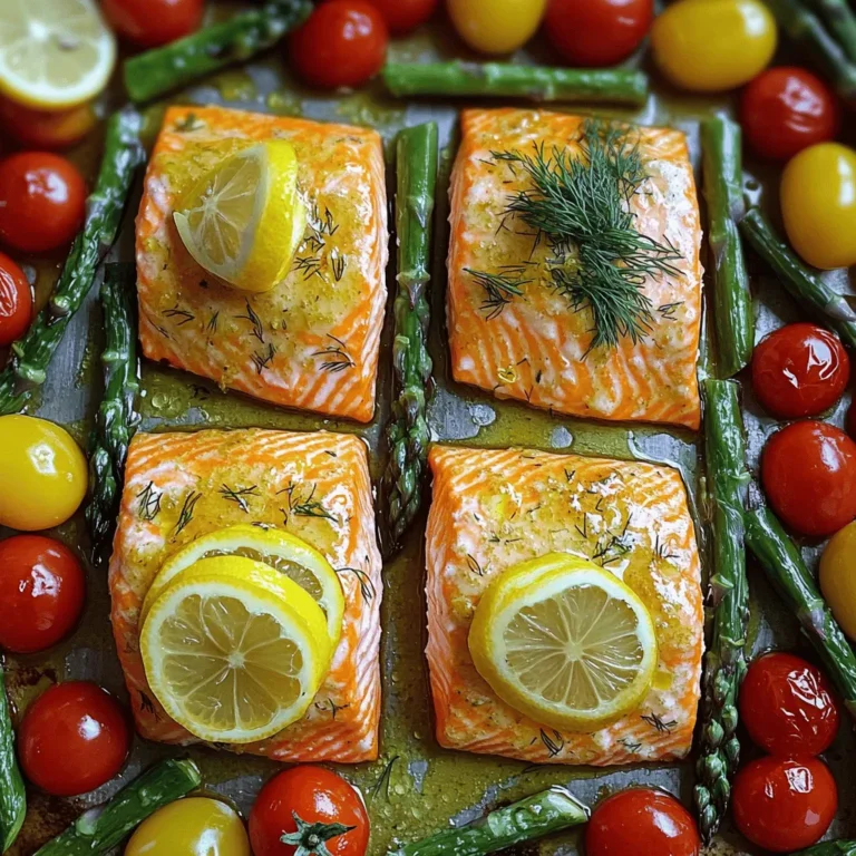 To make this yummy dish, you need simple and fresh ingredients. Here’s what you will need: - 4 salmon fillets - 2 tablespoons olive oil - 4 cloves garlic, minced - 1 large lemon, zested and juiced - 2 teaspoons fresh dill, chopped (or 1 teaspoon dried dill) - 1 teaspoon salt - ½ teaspoon black pepper - 1 cup cherry tomatoes, halved - 1 bunch asparagus, trimmed - Lemon slices for garnish Each ingredient plays a role. The salmon gives a rich flavor, while lemon and garlic add brightness. Dill brings a hint of freshness that rounds it all out. You can add a few touches to make your meal special. Consider these garnishes and sides: - Fresh parsley or chives for color and taste - A side of quinoa or rice for a filling meal - Roasted potatoes for a hearty side These options can make your dish more colorful and fun. Having the right tools makes cooking easier. Here are some items you will find useful: - Sheet pan for baking - Parchment paper for easy cleanup - Mixing bowl for making the marinade - A sharp knife for cutting veggies - A spatula for serving With these tools, you can whip up this tasty dish with ease. Check out the Full Recipe for more details. Start by preheating your oven to 400°F (200°C). This helps your meal cook evenly. Next, line a sheet pan with parchment paper. This makes cleanup easy and saves time. In a small bowl, mix together the olive oil, minced garlic, lemon juice, lemon zest, dill, salt, and black pepper. Stir until you have a nice marinade. Place the salmon fillets on one side of the sheet pan. Brush them well with the marinade. On the other side, add the asparagus and halved cherry tomatoes. Drizzle them with some olive oil and sprinkle a little salt and pepper. Now, it's time to bake! Put the sheet pan in the oven and set a timer for 15 to 20 minutes. The salmon should cook through and flake easily with a fork. The asparagus should be tender and still have a nice crunch. Keep an eye on the timer. To check if the salmon is done, use a fork to gently poke it. If it flakes easily, it is ready. You can also look for a light pink color inside. The asparagus should be bright green and tender. If everything looks good, remove the pan from the oven. Let it cool for a few minutes before serving. Enjoy your delicious meal! For the complete recipe, see [Full Recipe]. To get the best flavor, marinate your salmon for at least 30 minutes. This lets the marinade soak in. Use a mix of olive oil, garlic, lemon juice, and dill. The acidity from the lemon helps tenderize the fish. If you have more time, try marinating it for up to two hours. Just keep it in the fridge. This will enhance the taste even more. Asparagus cooks fast, so watch it closely. Start by trimming the tough ends. Toss the asparagus with olive oil, salt, and pepper. Spread it out in a single layer on the sheet pan. This helps it roast evenly. Bake alongside the salmon for 15-20 minutes. You want it bright green and slightly crispy. A quick way to check is to pierce it with a fork—it should be tender but still firm. You can easily boost the flavor of your dish. Consider adding red pepper flakes for a kick. Fresh herbs like parsley or basil can also add brightness. A sprinkle of smoked paprika gives a nice, warm depth. If you love citrus, try adding lime zest or orange juice. Each of these options can change the flavor profile. Have fun experimenting with different spices and herbs to find your favorite mix. For the complete recipe, check the Full Recipe section. {{image_2}} You can swap salmon for other fish like cod or trout. Both cook well and taste great. If you prefer a meat option, try chicken breast. It cooks similarly and absorbs flavors beautifully. For vegetables, asparagus is lovely, but green beans or broccoli work too. Just keep the cooking time in mind. Want to change things up? Use different herbs! Instead of dill, try parsley or basil. These herbs add fresh notes to your dish. You can also use spices like paprika or cumin for warmth. A bit of red pepper flakes gives it a nice kick. Mix and match to find your favorite taste! To make this dish a full meal, add grains. Quinoa or brown rice pairs well with the salmon and veggies. Cook the grains according to the package instructions. Serve the salmon and vegetables on a bed of grains for a hearty meal. You’ll enjoy flavor, texture, and nutrition all in one plate. For the full recipe, check out the link above. To store leftovers from your Sheet Pan Lemon Garlic Salmon, first let the dish cool. Place the salmon, asparagus, and tomatoes in an airtight container. Make sure to separate the salmon from the veggies to keep them fresh. Store the container in the fridge. It will stay good for up to three days. If you think you won’t eat it in that time, consider freezing it. When you’re ready to enjoy leftovers, reheat them gently. Place the salmon and veggies on a baking sheet. Preheat your oven to 350°F (175°C). Heat them for about 10 minutes. This method keeps the salmon moist and the veggies crisp. Avoid using a microwave, as it can make your salmon rubbery. If you want to freeze the salmon, wrap it tightly in plastic wrap. Then, place it in a freezer bag or container. This keeps it fresh for about three months. For best results, freeze the salmon and veggies separately. When you’re ready to eat, thaw them in the fridge overnight. Then, follow the reheating tips for a delicious meal. Enjoy your flavorful dinner anytime! It takes about 15 to 20 minutes to cook salmon on a sheet pan. The oven should be set to 400°F (200°C). Check if the salmon flakes easily with a fork. This means it's done. Yes, you can use frozen salmon. Just thaw it first. Place it in the fridge overnight or use cold water. After thawing, pat it dry. This helps the marinade stick better. You can serve many sides with this dish. Here are some ideas: - Rice or quinoa for a grain option - Roasted potatoes for a hearty side - A fresh green salad for crunch - Steamed broccoli for added nutrients These sides will complement the flavors of the salmon well. For the full recipe, refer to the instructions above. This blog post detailed how to make Sheet Pan Lemon Garlic Salmon. We covered the complete ingredient list, tips for preparation, and guidance on baking. I shared tools that make the process easier, along with variations to fit your taste. Storing leftovers is simple and keeps your meals fresh. With these insights, you can create a tasty dish that impresses everyone at your table. I hope you feel ready to try this recipe and enjoy every bite!