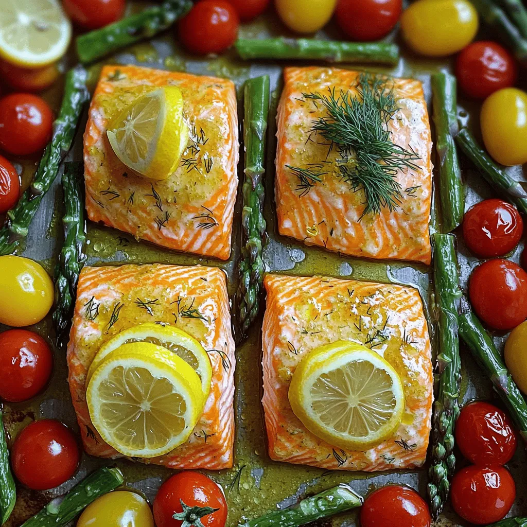 To make this yummy dish, you need simple and fresh ingredients. Here’s what you will need: - 4 salmon fillets - 2 tablespoons olive oil - 4 cloves garlic, minced - 1 large lemon, zested and juiced - 2 teaspoons fresh dill, chopped (or 1 teaspoon dried dill) - 1 teaspoon salt - ½ teaspoon black pepper - 1 cup cherry tomatoes, halved - 1 bunch asparagus, trimmed - Lemon slices for garnish Each ingredient plays a role. The salmon gives a rich flavor, while lemon and garlic add brightness. Dill brings a hint of freshness that rounds it all out. You can add a few touches to make your meal special. Consider these garnishes and sides: - Fresh parsley or chives for color and taste - A side of quinoa or rice for a filling meal - Roasted potatoes for a hearty side These options can make your dish more colorful and fun. Having the right tools makes cooking easier. Here are some items you will find useful: - Sheet pan for baking - Parchment paper for easy cleanup - Mixing bowl for making the marinade - A sharp knife for cutting veggies - A spatula for serving With these tools, you can whip up this tasty dish with ease. Check out the Full Recipe for more details. Start by preheating your oven to 400°F (200°C). This helps your meal cook evenly. Next, line a sheet pan with parchment paper. This makes cleanup easy and saves time. In a small bowl, mix together the olive oil, minced garlic, lemon juice, lemon zest, dill, salt, and black pepper. Stir until you have a nice marinade. Place the salmon fillets on one side of the sheet pan. Brush them well with the marinade. On the other side, add the asparagus and halved cherry tomatoes. Drizzle them with some olive oil and sprinkle a little salt and pepper. Now, it's time to bake! Put the sheet pan in the oven and set a timer for 15 to 20 minutes. The salmon should cook through and flake easily with a fork. The asparagus should be tender and still have a nice crunch. Keep an eye on the timer. To check if the salmon is done, use a fork to gently poke it. If it flakes easily, it is ready. You can also look for a light pink color inside. The asparagus should be bright green and tender. If everything looks good, remove the pan from the oven. Let it cool for a few minutes before serving. Enjoy your delicious meal! For the complete recipe, see [Full Recipe]. To get the best flavor, marinate your salmon for at least 30 minutes. This lets the marinade soak in. Use a mix of olive oil, garlic, lemon juice, and dill. The acidity from the lemon helps tenderize the fish. If you have more time, try marinating it for up to two hours. Just keep it in the fridge. This will enhance the taste even more. Asparagus cooks fast, so watch it closely. Start by trimming the tough ends. Toss the asparagus with olive oil, salt, and pepper. Spread it out in a single layer on the sheet pan. This helps it roast evenly. Bake alongside the salmon for 15-20 minutes. You want it bright green and slightly crispy. A quick way to check is to pierce it with a fork—it should be tender but still firm. You can easily boost the flavor of your dish. Consider adding red pepper flakes for a kick. Fresh herbs like parsley or basil can also add brightness. A sprinkle of smoked paprika gives a nice, warm depth. If you love citrus, try adding lime zest or orange juice. Each of these options can change the flavor profile. Have fun experimenting with different spices and herbs to find your favorite mix. For the complete recipe, check the Full Recipe section. {{image_2}} You can swap salmon for other fish like cod or trout. Both cook well and taste great. If you prefer a meat option, try chicken breast. It cooks similarly and absorbs flavors beautifully. For vegetables, asparagus is lovely, but green beans or broccoli work too. Just keep the cooking time in mind. Want to change things up? Use different herbs! Instead of dill, try parsley or basil. These herbs add fresh notes to your dish. You can also use spices like paprika or cumin for warmth. A bit of red pepper flakes gives it a nice kick. Mix and match to find your favorite taste! To make this dish a full meal, add grains. Quinoa or brown rice pairs well with the salmon and veggies. Cook the grains according to the package instructions. Serve the salmon and vegetables on a bed of grains for a hearty meal. You’ll enjoy flavor, texture, and nutrition all in one plate. For the full recipe, check out the link above. To store leftovers from your Sheet Pan Lemon Garlic Salmon, first let the dish cool. Place the salmon, asparagus, and tomatoes in an airtight container. Make sure to separate the salmon from the veggies to keep them fresh. Store the container in the fridge. It will stay good for up to three days. If you think you won’t eat it in that time, consider freezing it. When you’re ready to enjoy leftovers, reheat them gently. Place the salmon and veggies on a baking sheet. Preheat your oven to 350°F (175°C). Heat them for about 10 minutes. This method keeps the salmon moist and the veggies crisp. Avoid using a microwave, as it can make your salmon rubbery. If you want to freeze the salmon, wrap it tightly in plastic wrap. Then, place it in a freezer bag or container. This keeps it fresh for about three months. For best results, freeze the salmon and veggies separately. When you’re ready to eat, thaw them in the fridge overnight. Then, follow the reheating tips for a delicious meal. Enjoy your flavorful dinner anytime! It takes about 15 to 20 minutes to cook salmon on a sheet pan. The oven should be set to 400°F (200°C). Check if the salmon flakes easily with a fork. This means it's done. Yes, you can use frozen salmon. Just thaw it first. Place it in the fridge overnight or use cold water. After thawing, pat it dry. This helps the marinade stick better. You can serve many sides with this dish. Here are some ideas: - Rice or quinoa for a grain option - Roasted potatoes for a hearty side - A fresh green salad for crunch - Steamed broccoli for added nutrients These sides will complement the flavors of the salmon well. For the full recipe, refer to the instructions above. This blog post detailed how to make Sheet Pan Lemon Garlic Salmon. We covered the complete ingredient list, tips for preparation, and guidance on baking. I shared tools that make the process easier, along with variations to fit your taste. Storing leftovers is simple and keeps your meals fresh. With these insights, you can create a tasty dish that impresses everyone at your table. I hope you feel ready to try this recipe and enjoy every bite!