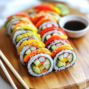 To make these colorful rainbow veggie sushi rolls, gather the following ingredients: - 2 cups sushi rice - 2 1/2 cups water - 1/4 cup rice vinegar - 1 tablespoon sugar - 1/2 teaspoon salt - 4 sheets nori (seaweed) - 1 carrot, julienned - 1 cucumber, julienned - 1 bell pepper (red, yellow, or orange), julienned - 1 avocado, sliced - 1 small zucchini, julienned - 1 radish, thinly sliced - Sesame seeds (for garnish) - Soy sauce (for serving) To prepare the sushi rolls, you will need these tools: - Bamboo sushi mat - Sharp knife - Large mixing bowl - Small saucepan - Rice cooker or pot These sushi rolls are not just pretty; they are also healthy. Here are some benefits: - Vitamins and minerals: Each veggie adds vitamins like A and C. - Fiber: Veggies provide fiber, which supports digestion. - Healthy fats: Avocado offers good fats that help heart health. - Low-calorie: These rolls are light, perfect for a snack or meal. Eating rainbow veggie sushi rolls brings joy and health to your plate. For the full recipe, check the details above. Start by rinsing the sushi rice. Rinse it under cold water until the water runs clear. This step removes excess starch and helps the rice become sticky. Drain the rice well. Next, place the rice in a rice cooker with 2 1/2 cups of water. If you don&rsquo;t have a rice cooker, you can use a pot. Bring the water to a boil, then cover and simmer on low for about 20 minutes. While the rice cooks, prepare the vinegar mixture. In a small saucepan, mix rice vinegar, sugar, and salt. Heat it on low until the sugar dissolves. Do not let it boil. Once the rice is done, transfer it to a large bowl. Drizzle the vinegar mixture over the hot rice. Gently fold the rice with a spatula. Be careful not to mash the grains. Let the rice cool to room temperature. Now it&rsquo;s time to assemble the sushi. Lay a sheet of nori on a bamboo sushi mat, with the shiny side down. Wet your hands with water to keep the rice from sticking. Take a handful of sushi rice and spread it evenly over the nori. Leave about an inch at the top edge. Next, arrange a line of julienned vegetables in the center of the rice. You can use carrot, cucumber, bell pepper, zucchini, radish, and sliced avocado. Feel free to mix and match your favorites. To roll the sushi, lift the edge of the mat closest to you. Start rolling it away from you. Press gently but firmly to keep the roll tight. Roll until you reach the bare edge of the nori. Seal the roll with a tiny bit of water. Use a sharp knife to slice the roll into bite-sized pieces. Clean the knife between cuts for neat slices. Repeat this process with the remaining nori sheets and ingredients. Once all rolls are made, sprinkle sesame seeds on top for garnish. Serve with soy sauce for dipping. Enjoy your colorful and fresh sushi! Making sushi can be tricky. Here are some mistakes to dodge: - Not rinsing the rice: Always rinse the sushi rice until the water is clear. This removes excess starch and helps achieve the right texture. - Using too much water: Stick to the water-to-rice ratio stated in the recipe. Too much water can make the rice mushy. - Rolling too tightly: If you roll the sushi too tight, the filling may spill out. Find a balance between tight and loose. Storing sushi properly keeps it fresh. Here are some tips: - Keep it cool: Store sushi in the fridge right away. Use an airtight container to keep it fresh. - Don&rsquo;t freeze: Freezing sushi changes its texture. It&rsquo;s best enjoyed fresh. - Eat within two days: For the best taste, eat your sushi within two days of making it. Perfect sushi rice is key to great rolls. Follow these steps: 1. Rinse the rice: Rinse it under cold water until clear. This step is crucial. 2. Cook it right: Use a rice cooker or a pot. Follow the water ratio closely. 3. Season it: Mix in rice vinegar, sugar, and salt after cooking. This adds flavor. 4. Cool it down: Spread the rice in a large bowl to cool. This helps it firm up. For a full guide on making rainbow veggie sushi rolls, check the Full Recipe. {{image_2}} You can fill your sushi rolls with many tasty items. Try using sweet potato, mango, or bell pepper for more colors. You can also add cooked shrimp or crab for a seafood twist. If you want a spicy kick, add thin slices of jalape&ntilde;os. Be creative and mix flavors you love! Rainbow veggie sushi rolls are great for everyone. If you follow a vegan diet, stick to fresh veggies and avocado. You can even add tofu for extra protein. For non-vegan options, consider adding fish like salmon or tuna. Both choices taste delicious, so pick what suits you best. While soy sauce is a classic dip, you can try other sauces too. A spicy mayo made with vegan mayo and sriracha adds a bold flavor. If you like tangy tastes, use ponzu sauce, which is citrusy and bright. Experiment with different dips to find your favorite! For the full recipe, check out the Rainbow Veggie Sushi Rolls section. If you have leftover rainbow veggie sushi rolls, store them right. Wrap each roll in plastic wrap. This helps keep them fresh and prevents them from drying out. Place the wrapped rolls in an airtight container. Store them in the fridge. They are best eaten within a day for optimal taste. Reheating sushi can be tricky. It&rsquo;s not recommended to heat sushi rolls in a microwave. This can make the rice dry and the veggies limp. Instead, enjoy the sushi cold. If you must reheat, use a warm pan. Heat it gently for a few minutes. This helps to keep the flavors intact. Homemade sushi has a shorter shelf life than store-bought. It stays fresh for about 24 hours in the fridge. After that, the rice may harden, and the veggies may lose their crunch. If you notice any off smells or changes in color, it&rsquo;s best to toss it. Always trust your senses before eating. For the full recipe, check the earlier section. To make sushi rice, rinse 2 cups of sushi rice under cold water. Keep rinsing until the water runs clear. Next, cook the rice with 2 1/2 cups of water in a rice cooker. You can also use a pot. Bring it to a boil, cover, and simmer on low for 20 minutes. In a small pan, mix 1/4 cup rice vinegar, 1 tablespoon sugar, and 1/2 teaspoon salt. Heat it gently until the sugar dissolves. Once the rice is done, mix the vinegar mixture into it. Let the rice cool before using it in your rolls. Yes, you can use many kinds of vegetables! Try your favorites like spinach, sweet potato, or asparagus. The key is to slice them thin and julienne them. This way, they fit well in the roll. You can also mix colors and textures for a fun look. Just remember to keep the veggies fresh and crisp for the best taste. Rainbow veggie sushi rolls pair well with many sides. Soy sauce is a must for dipping. You can also serve pickled ginger and wasabi for added flavor. A side of edamame or miso soup would be great too. For a fun twist, try a light salad with sesame dressing. These options enhance your sushi experience. You can store sushi in the fridge for up to 24 hours. Make sure to wrap it tightly in plastic wrap or keep it in an airtight container. This keeps it fresh and prevents it from drying out. However, sushi tastes best when fresh. So, try to eat it the same day you make it. For the full recipe, check out the details above. In this blog post, I shared how to make delicious rainbow veggie sushi rolls. You learned about the key ingredients and the tools needed. I provided step-by-step instructions on preparing sushi rice and assembling your rolls. You also found tips for avoiding common mistakes and exploring variations. Now, you can make healthy sushi at home with ease. Enjoy experimenting with flavors and fillings. Remember, sushi can be fun and tasty!