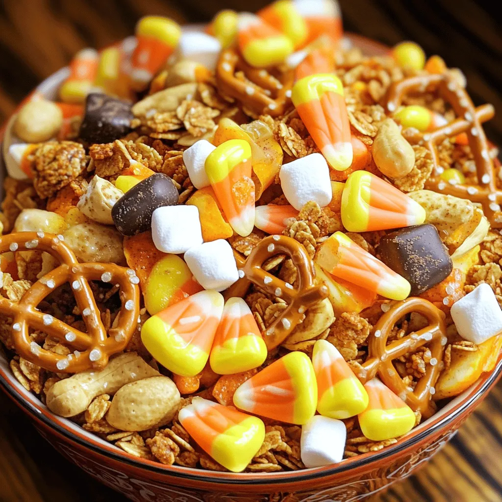 - 2 cups candy corn - 2 cups pretzel sticks - 1 cup roasted peanuts - 1 cup chocolate-covered candies (M&Ms or similar) - 1 cup pumpkin spice granola - ½ cup mini marshmallows - 2 tablespoons melted butter - 1 teaspoon cinnamon sugar (optional) Candy corn brings a sweet, fun vibe to the mix. Its bright colors make it perfect for fall. Pretzel sticks add a nice crunch and a salty taste that balances the sweet candy. Roasted peanuts offer a nutty flavor and protein, adding texture. Chocolate-covered candies bring a rich chocolate taste that kids love. Pumpkin spice granola contributes warmth and spice, enhancing the fall theme. Mini marshmallows add a chewy, sweet touch that kids adore. Melted butter helps everything stick together and adds flavor. Cinnamon sugar gives a hint of spice, but it’s optional. You can swap candy corn for any small candy you like, such as gummy bears. Instead of pretzel sticks, try popcorn for a lighter crunch. If you want a nut-free version, skip the peanuts or use sunflower seeds. Use yogurt-covered candies instead of chocolate if you prefer a creamier taste. For a healthier mix, consider using granola without added sugar. If you can’t find pumpkin spice granola, any nutty granola will work just fine. To make Candy Corn Snack Mix, start with a large bowl. Add 2 cups of candy corn, 2 cups of pretzel sticks, and 1 cup of roasted peanuts. Next, add 1 cup of chocolate-covered candies, like M&Ms. Then, toss in 1 cup of pumpkin spice granola and ½ cup of mini marshmallows. Mix everything together gently. In a small bowl, combine 2 tablespoons of melted butter with 1 teaspoon of cinnamon sugar if you want a sweet kick. Drizzle this mixture over your snack mix. Stir it well to coat all the ingredients evenly. Now, spread the mix on a large baking sheet lined with parchment paper. Make sure it’s in an even layer. Preheat the oven to 350°F (175°C). Bake the snack mix for about 10 minutes. Stir it halfway through so the flavors blend well. Once done, take it out and let it cool completely. To get the best texture, don’t skip the stirring step. This helps the mix bake evenly. Keep an eye on it while it bakes to avoid burning. If you want extra crunch, you can bake it for a few more minutes. Just make sure it doesn’t turn dark. Using parchment paper is key too. It makes clean-up easy and keeps the mix from sticking. Let it cool fully before serving. This helps the flavors settle and the mix firm up a bit. For serving, use fun and colorful bowls. You can top the mix with more candy corn for a festive look. Treat bags are great for sharing. Just fill them up and tie them with a ribbon or string. This makes a perfect sweet gift for friends or family during the fall season. For more ideas, try pairing it with apple cider or hot chocolate. This will make your fall treats even more enjoyable! To whip up this tasty mix, check out the Full Recipe. To store your Candy Corn Snack Mix, use an airtight container. This keeps it fresh and crunchy. You can use a glass jar or a plastic bin. Make sure the lid seals tightly. I love to label my containers. It helps me know what treats I have on hand. The Candy Corn Snack Mix lasts for about one week at room temperature. For longer freshness, keep it in the fridge. If you notice any sogginess, it’s time to toss it out. Always check for a strong scent or any change in color. Fresh snacks taste better! You can add fun flavors to your mix. Consider adding spices like nutmeg or ginger for a fall twist. Dried fruits, like cranberries or raisins, add sweetness. You could also add pretzel bites for a different crunch. Experiment with different nuts, too! These small changes can make your mix unique. {{image_2}} You can make the Candy Corn Snack Mix even more fun by adding seasonal treats. Try using holiday-themed sprinkles, chocolate pumpkins, or autumn-shaped marshmallows. You can also swap out the pretzels for festive caramel popcorn. These small changes can bring a cheerful twist to your mix. If you want a lighter snack, replace some ingredients. Use unsalted nuts instead of roasted peanuts. You can add dried fruit like cranberries or raisins for extra flavor. Try using air-popped popcorn instead of pretzel sticks. These swaps keep it tasty while making it a little healthier. Kids love colorful snacks! To make it more fun for them, let them help mix. Add gummy worms or candy eyeballs for a spooky touch. You can also use their favorite cereal instead of granola. This lets you create a mix that fits their tastes and gets them excited about snack time. To keep your Candy Corn Snack Mix fresh, use an airtight container. This will prevent it from getting stale. Place it in a cool, dry area. Avoid sunlight, as heat can change its taste and texture. For best results, enjoy your mix within a week. You can freeze your Candy Corn Snack Mix, but it may lose some crunch. To freeze, place it in a freezer-safe bag or container. Make sure to remove as much air as possible. When ready to eat, let it thaw in the fridge overnight before enjoying. You don't really need to reheat the Candy Corn Snack Mix. If you want a warm treat, spread it on a baking sheet. Heat it in the oven at 200°F (93°C) for about 5 minutes. This will help restore some crunch without melting the candy. The best way to serve Candy Corn Snack Mix is in festive bowls. Use colorful bowls to match the fall theme. You can also sprinkle extra candy corn on top for a fun look. For gifts, package the mix in cute treat bags. This makes a great Halloween present. Yes, you can make this recipe ahead of time. Prepare the mix and store it in an airtight container. This keeps it fresh for up to one week. You can serve it at parties or enjoy it as a snack later. Just remember to let it cool completely before storing. The Candy Corn Snack Mix can be gluten-free, but it depends on the pretzels you use. Look for gluten-free pretzel sticks to keep the mix safe for everyone. All other ingredients in this recipe are gluten-free, making it a great option for those with gluten allergies. This blog post covered all you need for Candy Corn Snack Mix. We explored key ingredients and their roles, plus suggested swaps. I shared step-by-step instructions to help you prepare it perfectly. You learned tips for storing and keeping it fresh longer. We also talked about fun variations to try. Remember, this mix is easy to adapt. Enjoy experimenting with different flavors. Happy snacking!