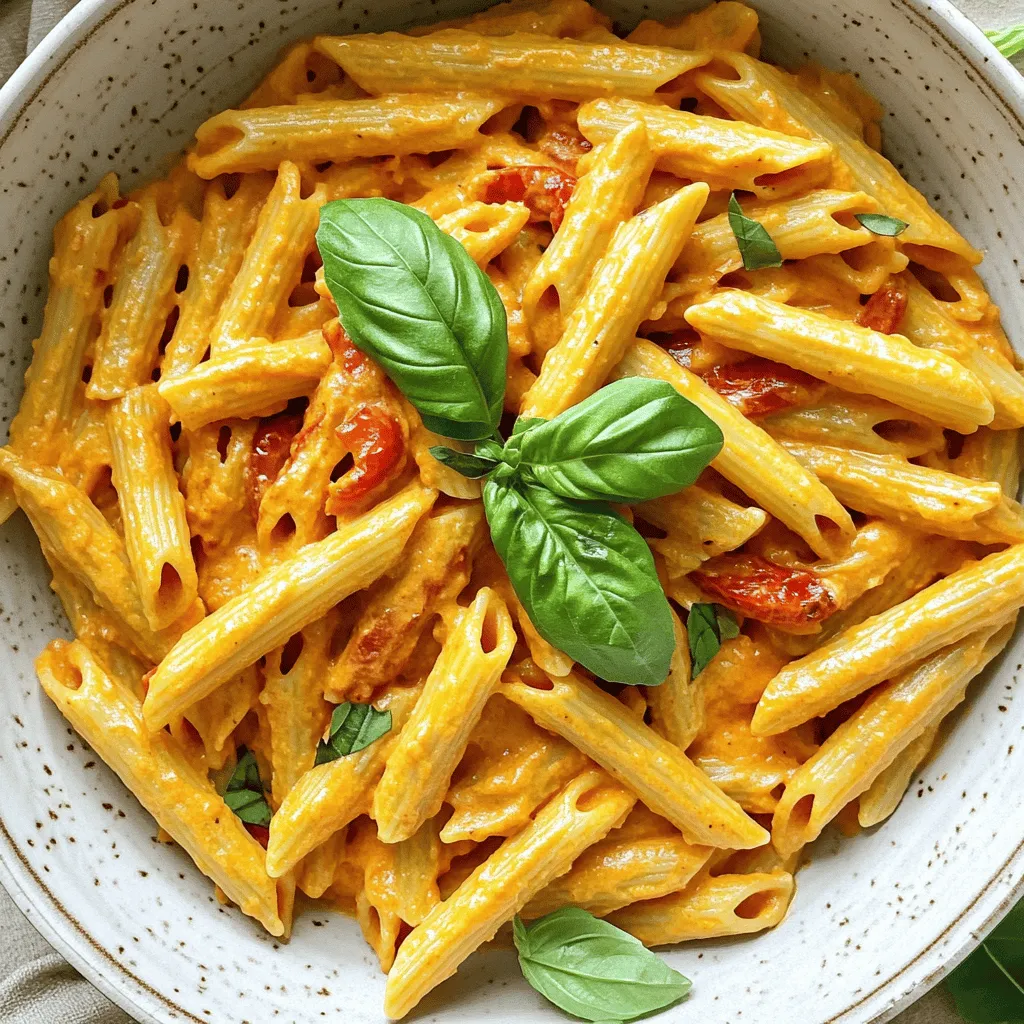 - 12 oz pasta (e.g., penne or fusilli) - 2 large red bell peppers - 1 tablespoon olive oil - 3 cloves garlic, minced - 1 cup raw cashews (soaked in water for at least 2 hours) - 1 cup vegetable broth - 1 tablespoon nutritional yeast - 1 tablespoon lemon juice - Salt and pepper to taste - Fresh basil leaves for garnish Gather these items before you start cooking. The pasta is your base, and the red peppers add a sweet and smoky flavor. Olive oil brings everything together, and garlic gives a nice kick. Soaked cashews create a creamy texture in the sauce. The vegetable broth adds depth, while nutritional yeast gives a cheesy taste without dairy. Lemon juice brightens the dish, and salt and pepper enhance all the flavors. Fresh basil leaves make it look pretty and add a fresh note. You can find the full recipe for this delightful dish later on. - Preheat your oven to 425°F (220°C). - Slice the red bell peppers in half and remove the seeds. - Place the peppers cut side down on a baking sheet. - Roast them for 20-25 minutes until the skins blister and char. - After roasting, let the peppers cool for a few minutes. - Peel off the skins carefully. - Chop the roasted peppers into smaller pieces. - In a large pot, bring salted water to a boil. - Add the pasta, cooking it until al dente, as per package instructions. - Reserve one cup of pasta water before draining the pasta. - Set the drained pasta aside for later use. - In a blender, combine roasted red peppers and soaked cashews. - Add minced garlic, vegetable broth, nutritional yeast, lemon juice, salt, and pepper. - Blend the mixture until it turns smooth and creamy. - In the same pot used for pasta, return the cooked pasta. - Pour the red pepper sauce over the pasta. - Toss well to coat the pasta evenly. - Add reserved pasta water a little at a time if the sauce is too thick. - Taste and adjust seasoning as needed. - Heat the mixture over low heat for a couple of minutes. - Serve right away, garnished with fresh basil leaves. This simple process creates a rich and creamy vegan dish. You can find the [Full Recipe] for more details. To get that perfect creamy texture, use soaked cashews. Soaking them for at least two hours makes them soft and easy to blend. This gives your sauce a rich, smooth feel. If your sauce turns out too thick, adjust it with reserved pasta water. Add a little at a time until it reaches your desired consistency. Spices can elevate your dish. Try adding red pepper flakes for a kick of heat. You can also mix in vegetables for extra nutrition. Spinach or peas work well and add color. This not only boosts flavor but also makes your meal healthier. Pair your pasta with a side salad or garlic bread for a complete meal. Both options add crunch and flavor. This dish is also great for meal prep. Pack it into lunchboxes for easy weekday meals. Just reheat and enjoy! {{image_2}} You can easily adjust this recipe for different diets. If you need a gluten-free option, try chickpea pasta or any gluten-free pasta. Both options work well and keep the dish tasty. For those avoiding nuts, use sunflower seeds or silken tofu instead of cashews. These swaps still give you a creamy sauce without the nuts. Want to mix up the flavors? You can add more veggies! Spinach, zucchini, or even mushrooms blend well into the sauce. They add nutrition and color. You can also try herbs like thyme or oregano. These herbs bring a new twist and make the dish even more fragrant. If you're short on time, consider a store-bought vegan cream. It saves time and still tastes great. You can also mix in other sauces, like marinara or pesto, for a unique flavor. Each alternative lets you create a new version of this creamy pasta. For the full recipe, check out the link provided. To keep your vegan creamy roasted red pepper pasta fresh, seal it in an airtight container. Place the container in the refrigerator. This dish stays good for about 3 to 5 days. The creamy sauce may thicken, but it will still taste great. You can freeze the creamy sauce for later use. First, let it cool completely. Transfer it to a freezer-safe container. When you freeze it, use it within 1 to 2 months for the best taste. If you see ice crystals, the sauce may lose some flavor. When you reheat the pasta, aim to keep its creamy texture. The stovetop is best for reheating. Add a splash of water or broth to help restore creaminess. If you use a microwave, heat it in short bursts. Stir often to avoid hot spots. Enjoy your creamy pasta just as you made it! Yes, you can use different types of pasta. Some suggestions include: - Whole wheat pasta for added fiber - Gluten-free pasta made from chickpeas or brown rice - Spaghetti for a classic look - Fusilli or rotini for more sauce coverage Using a pasta you enjoy makes the dish even better. Just cook it according to the package instructions. If you like heat, there are easy ways to spice up your pasta. Here are some options: - Add red pepper flakes to the sauce for a kick - Mix in diced jalapeños or serrano peppers - Use spicy garlic powder in the sauce - Drizzle a bit of hot sauce on top before serving These additions can enhance the flavor and make it exciting. This recipe is great for meal prep! Here are some tips to help: - Cook the pasta and sauce separately to keep the texture. - Store the sauce in an airtight container for up to 5 days. - Keep cooked pasta in a separate container, also for 5 days. - Reheat the sauce and pasta together on the stove or in the microwave. Meal prepping this dish saves time and makes for quick meals! In this blog post, we explored a delicious creamy pasta dish. We started with the main and additional ingredients you need. Then, we went through easy steps to prepare it. I shared tips for perfect texture and flavor. Plus, you learned about variations and storage options. This recipe is easy to customize, so have fun with it. Enjoy cooking and sharing this tasty dish with others!