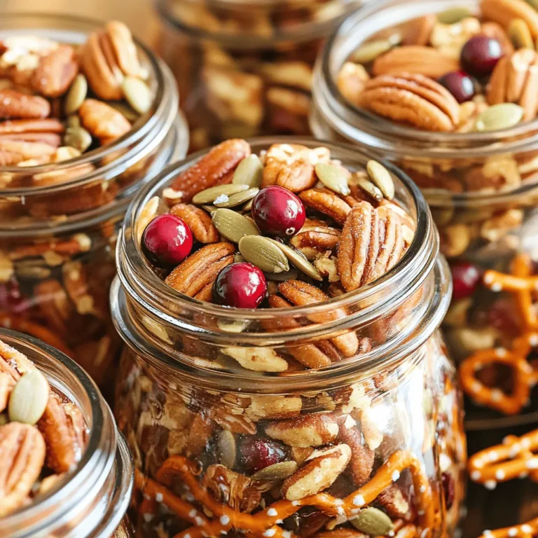 - 2 cups unsalted pecans - 1 cup raw almonds - 1 cup dried cranberries - 1 cup mini pretzels - 1/2 cup pumpkin seeds - 1/4 cup maple syrup - 1 tablespoon coconut oil (melted) - 1 teaspoon ground cinnamon - 1/4 teaspoon sea salt - 1/8 teaspoon cayenne pepper (optional for a kick) Each ingredient in this snack mix brings unique health benefits. - Pecans: They are rich in healthy fats and antioxidants. They help lower bad cholesterol. - Almonds: These nuts are high in vitamin E and magnesium. They support heart health. - Dried cranberries: They offer fiber and vitamins. They help with digestion and boost immunity. - Mini pretzels: They add crunch with fewer calories. They provide a fun texture to the mix. - Pumpkin seeds: These seeds are packed with zinc and iron. They are good for your skin and energy levels. - Maple syrup: This natural sweetener has antioxidants. It can help reduce inflammation. - Coconut oil: It provides healthy fats that support brain health. It's a great energy source. - Cinnamon: This spice can help regulate blood sugar levels. It adds a warm flavor too. - Sea salt: It enhances flavor and can help balance hydration. - Cayenne pepper: This spice adds a kick and boosts metabolism. You can easily swap out ingredients based on your needs. - Nuts: Use walnuts or cashews if you are allergic to pecans or almonds. - Dried fruit: Substitute raisins or apricots for cranberries if you prefer. - Pretzels: Use rice cakes or chickpea snacks for a gluten-free choice. - Maple syrup: Agave or honey works well as a sweetener alternative. - Coconut oil: Use olive oil or another neutral oil if you prefer. - Cayenne pepper: Skip it if you want to avoid spice. These options make the Maple Pecan Snack Mix flexible for everyone. For the full recipe, follow the detailed instructions provided. First, gather all your ingredients. You will need: - 2 cups unsalted pecans - 1 cup raw almonds - 1 cup dried cranberries - 1 cup mini pretzels - 1/2 cup pumpkin seeds - 1/4 cup maple syrup - 1 tablespoon coconut oil (melted) - 1 teaspoon ground cinnamon - 1/4 teaspoon sea salt - 1/8 teaspoon cayenne pepper (optional for a kick) Next, preheat your oven to 350°F (175°C). This step gets the oven hot for baking. Line a large baking sheet with parchment paper. This will help with cleanup later. In a large mixing bowl, combine the pecans, almonds, dried cranberries, mini pretzels, and pumpkin seeds. This mix gives you a great crunch and flavor. In a small bowl, whisk together the maple syrup, melted coconut oil, ground cinnamon, sea salt, and cayenne pepper if you want some heat. This mixture adds sweetness and spice to your snack mix. Now, pour this syrup mixture over the nut and pretzel mix. Stir gently to coat everything evenly. You want every piece to get some of that sweet goodness. Spread the mixture evenly onto the prepared baking sheet. Make sure to distribute it well for even baking. Bake for 15-20 minutes. Stir the mix halfway through to prevent burning. Look for a golden color and a nice aroma. Keep an eye on it, so it does not burn. After baking, allow the mix to cool completely on the baking sheet. As it cools, it will become crisp. Once cooled, break apart any clusters. Store your Maple Pecan Snack Mix in an airtight container. It stays fresh and tasty for days. Enjoy this mix as a snack anytime! You can find the full recipe in this article for easy reference. To get the best flavor from your Maple Pecan Snack Mix, balance is key. The sweet maple syrup works well with the salty pretzels. The cinnamon adds warmth, while the cayenne gives a nice kick. Taste as you mix. Adjust the flavors based on your preference. If you want it sweeter, add more maple syrup. For a spicier bite, increase the cayenne. One common mistake is overbaking the mix. Keep a close eye on it while it’s in the oven. Nuts can burn quickly, ruining the taste. Another mistake is not mixing well enough. Make sure every piece gets coated. This ensures a uniform flavor throughout. Lastly, don’t skip the cooling step. It helps the snack mix become crisp. Presentation matters! Serve your Maple Pecan Snack Mix in small bowls or cute mason jars. This adds charm to your snack time. You can also sprinkle some extra cranberries or pecans on top for a pop of color. For a fun twist, pair it with a fruit platter or yogurt. It’s perfect for parties or movie nights. For the full recipe, check the earlier section. {{image_2}} You can tweak the Maple Pecan Snack Mix for any season. In fall, add dried apples or pumpkin spice. For winter, use dark chocolate chips for warmth. In spring, toss in colorful candies or fresh herbs like rosemary. Summer calls for tropical flair; try adding dried mango or coconut flakes. These small changes keep the mix fresh and fun! Feel free to switch ingredients based on your taste. If you don’t like pecans, use walnuts or cashews. For a crunchier texture, add some sunflower seeds. You can also swap cranberries for raisins or dried cherries. If you want less sugar, use a sugar-free syrup instead of maple syrup. Customizing your mix makes it your own. You can use Maple Pecan Snack Mix in many ways. Add it to yogurt or oatmeal for breakfast. It makes a great topping on salads for extra crunch. You can also use it as a layer in parfaits for dessert. Try sprinkling some over ice cream for a special treat. These ideas bring new life to your meals! To keep your Maple Pecan Snack Mix fresh, store it in an airtight container. This helps keep moisture out. I prefer glass jars, but plastic containers work too. Make sure to seal it tightly after each use. A cool, dry place is best for storage, away from direct sunlight. When stored properly, your snack mix can last up to two weeks. If you want to keep it longer, freezing is a great option. Just place the mix in a freezer-safe bag or container. It can last up to three months in the freezer. When you’re ready to enjoy, let it thaw at room temperature. If your snack mix becomes stale, don’t worry! You can easily bring it back to life. Preheat your oven to 350°F (175°C). Spread the stale mix on a baking sheet. Bake it for about 5-10 minutes. This will help restore its crunch. Make sure to watch it closely so it doesn’t burn. Enjoy your tasty snack again! The best way to make Maple Pecan Snack Mix is to follow the recipe closely. Start by preheating your oven to 350°F (175°C). Then, mix your nuts, seeds, and pretzels in a large bowl. In a smaller bowl, blend maple syrup, coconut oil, cinnamon, sea salt, and cayenne. Combine these mixtures, coat everything well, and bake until golden. This method ensures a tasty mix every time. Yes, you can use other nuts in this recipe. Almonds, walnuts, or cashews work well. Just keep the total amount of nuts the same to balance the flavors. Mixing nuts adds variety and gives your snack a unique taste. Feel free to experiment and find your favorite blend! Maple Pecan Snack Mix stays fresh for about two weeks when stored correctly. Keep it in an airtight container at room temperature. If you want to extend its life, you can freeze it. Just remember to let it cool fully before sealing it up. Yes, this recipe can easily be made vegan. Simply use maple syrup and coconut oil, as both are plant-based. This snack is already dairy-free. With these ingredients, you'll enjoy a sweet, crunchy mix that fits a vegan diet. In this blog post, we explored the tasty world of Maple Pecan Snack Mix. We covered key ingredients, their health benefits, and how to prepare the mix step by step. You learned about storing it, common mistakes to avoid, and fun variations. Always remember, this snack is easy to make and great for sharing. Whether you enjoy it at a party or for a quick snack, it’s sure to please. Now you have all the tools to create your own perfect mix! Dive in and enjoy your tasty creation.