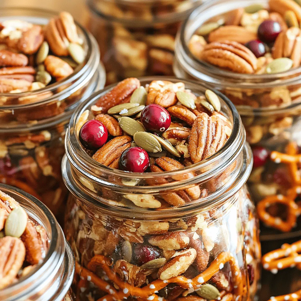 - 2 cups unsalted pecans - 1 cup raw almonds - 1 cup dried cranberries - 1 cup mini pretzels - 1/2 cup pumpkin seeds - 1/4 cup maple syrup - 1 tablespoon coconut oil (melted) - 1 teaspoon ground cinnamon - 1/4 teaspoon sea salt - 1/8 teaspoon cayenne pepper (optional for a kick) Each ingredient in this snack mix brings unique health benefits. - Pecans: They are rich in healthy fats and antioxidants. They help lower bad cholesterol. - Almonds: These nuts are high in vitamin E and magnesium. They support heart health. - Dried cranberries: They offer fiber and vitamins. They help with digestion and boost immunity. - Mini pretzels: They add crunch with fewer calories. They provide a fun texture to the mix. - Pumpkin seeds: These seeds are packed with zinc and iron. They are good for your skin and energy levels. - Maple syrup: This natural sweetener has antioxidants. It can help reduce inflammation. - Coconut oil: It provides healthy fats that support brain health. It's a great energy source. - Cinnamon: This spice can help regulate blood sugar levels. It adds a warm flavor too. - Sea salt: It enhances flavor and can help balance hydration. - Cayenne pepper: This spice adds a kick and boosts metabolism. You can easily swap out ingredients based on your needs. - Nuts: Use walnuts or cashews if you are allergic to pecans or almonds. - Dried fruit: Substitute raisins or apricots for cranberries if you prefer. - Pretzels: Use rice cakes or chickpea snacks for a gluten-free choice. - Maple syrup: Agave or honey works well as a sweetener alternative. - Coconut oil: Use olive oil or another neutral oil if you prefer. - Cayenne pepper: Skip it if you want to avoid spice. These options make the Maple Pecan Snack Mix flexible for everyone. For the full recipe, follow the detailed instructions provided. First, gather all your ingredients. You will need: - 2 cups unsalted pecans - 1 cup raw almonds - 1 cup dried cranberries - 1 cup mini pretzels - 1/2 cup pumpkin seeds - 1/4 cup maple syrup - 1 tablespoon coconut oil (melted) - 1 teaspoon ground cinnamon - 1/4 teaspoon sea salt - 1/8 teaspoon cayenne pepper (optional for a kick) Next, preheat your oven to 350°F (175°C). This step gets the oven hot for baking. Line a large baking sheet with parchment paper. This will help with cleanup later. In a large mixing bowl, combine the pecans, almonds, dried cranberries, mini pretzels, and pumpkin seeds. This mix gives you a great crunch and flavor. In a small bowl, whisk together the maple syrup, melted coconut oil, ground cinnamon, sea salt, and cayenne pepper if you want some heat. This mixture adds sweetness and spice to your snack mix. Now, pour this syrup mixture over the nut and pretzel mix. Stir gently to coat everything evenly. You want every piece to get some of that sweet goodness. Spread the mixture evenly onto the prepared baking sheet. Make sure to distribute it well for even baking. Bake for 15-20 minutes. Stir the mix halfway through to prevent burning. Look for a golden color and a nice aroma. Keep an eye on it, so it does not burn. After baking, allow the mix to cool completely on the baking sheet. As it cools, it will become crisp. Once cooled, break apart any clusters. Store your Maple Pecan Snack Mix in an airtight container. It stays fresh and tasty for days. Enjoy this mix as a snack anytime! You can find the full recipe in this article for easy reference. To get the best flavor from your Maple Pecan Snack Mix, balance is key. The sweet maple syrup works well with the salty pretzels. The cinnamon adds warmth, while the cayenne gives a nice kick. Taste as you mix. Adjust the flavors based on your preference. If you want it sweeter, add more maple syrup. For a spicier bite, increase the cayenne. One common mistake is overbaking the mix. Keep a close eye on it while it’s in the oven. Nuts can burn quickly, ruining the taste. Another mistake is not mixing well enough. Make sure every piece gets coated. This ensures a uniform flavor throughout. Lastly, don’t skip the cooling step. It helps the snack mix become crisp. Presentation matters! Serve your Maple Pecan Snack Mix in small bowls or cute mason jars. This adds charm to your snack time. You can also sprinkle some extra cranberries or pecans on top for a pop of color. For a fun twist, pair it with a fruit platter or yogurt. It’s perfect for parties or movie nights. For the full recipe, check the earlier section. {{image_2}} You can tweak the Maple Pecan Snack Mix for any season. In fall, add dried apples or pumpkin spice. For winter, use dark chocolate chips for warmth. In spring, toss in colorful candies or fresh herbs like rosemary. Summer calls for tropical flair; try adding dried mango or coconut flakes. These small changes keep the mix fresh and fun! Feel free to switch ingredients based on your taste. If you don’t like pecans, use walnuts or cashews. For a crunchier texture, add some sunflower seeds. You can also swap cranberries for raisins or dried cherries. If you want less sugar, use a sugar-free syrup instead of maple syrup. Customizing your mix makes it your own. You can use Maple Pecan Snack Mix in many ways. Add it to yogurt or oatmeal for breakfast. It makes a great topping on salads for extra crunch. You can also use it as a layer in parfaits for dessert. Try sprinkling some over ice cream for a special treat. These ideas bring new life to your meals! To keep your Maple Pecan Snack Mix fresh, store it in an airtight container. This helps keep moisture out. I prefer glass jars, but plastic containers work too. Make sure to seal it tightly after each use. A cool, dry place is best for storage, away from direct sunlight. When stored properly, your snack mix can last up to two weeks. If you want to keep it longer, freezing is a great option. Just place the mix in a freezer-safe bag or container. It can last up to three months in the freezer. When you’re ready to enjoy, let it thaw at room temperature. If your snack mix becomes stale, don’t worry! You can easily bring it back to life. Preheat your oven to 350°F (175°C). Spread the stale mix on a baking sheet. Bake it for about 5-10 minutes. This will help restore its crunch. Make sure to watch it closely so it doesn’t burn. Enjoy your tasty snack again! The best way to make Maple Pecan Snack Mix is to follow the recipe closely. Start by preheating your oven to 350°F (175°C). Then, mix your nuts, seeds, and pretzels in a large bowl. In a smaller bowl, blend maple syrup, coconut oil, cinnamon, sea salt, and cayenne. Combine these mixtures, coat everything well, and bake until golden. This method ensures a tasty mix every time. Yes, you can use other nuts in this recipe. Almonds, walnuts, or cashews work well. Just keep the total amount of nuts the same to balance the flavors. Mixing nuts adds variety and gives your snack a unique taste. Feel free to experiment and find your favorite blend! Maple Pecan Snack Mix stays fresh for about two weeks when stored correctly. Keep it in an airtight container at room temperature. If you want to extend its life, you can freeze it. Just remember to let it cool fully before sealing it up. Yes, this recipe can easily be made vegan. Simply use maple syrup and coconut oil, as both are plant-based. This snack is already dairy-free. With these ingredients, you'll enjoy a sweet, crunchy mix that fits a vegan diet. In this blog post, we explored the tasty world of Maple Pecan Snack Mix. We covered key ingredients, their health benefits, and how to prepare the mix step by step. You learned about storing it, common mistakes to avoid, and fun variations. Always remember, this snack is easy to make and great for sharing. Whether you enjoy it at a party or for a quick snack, it’s sure to please. Now you have all the tools to create your own perfect mix! Dive in and enjoy your tasty creation.