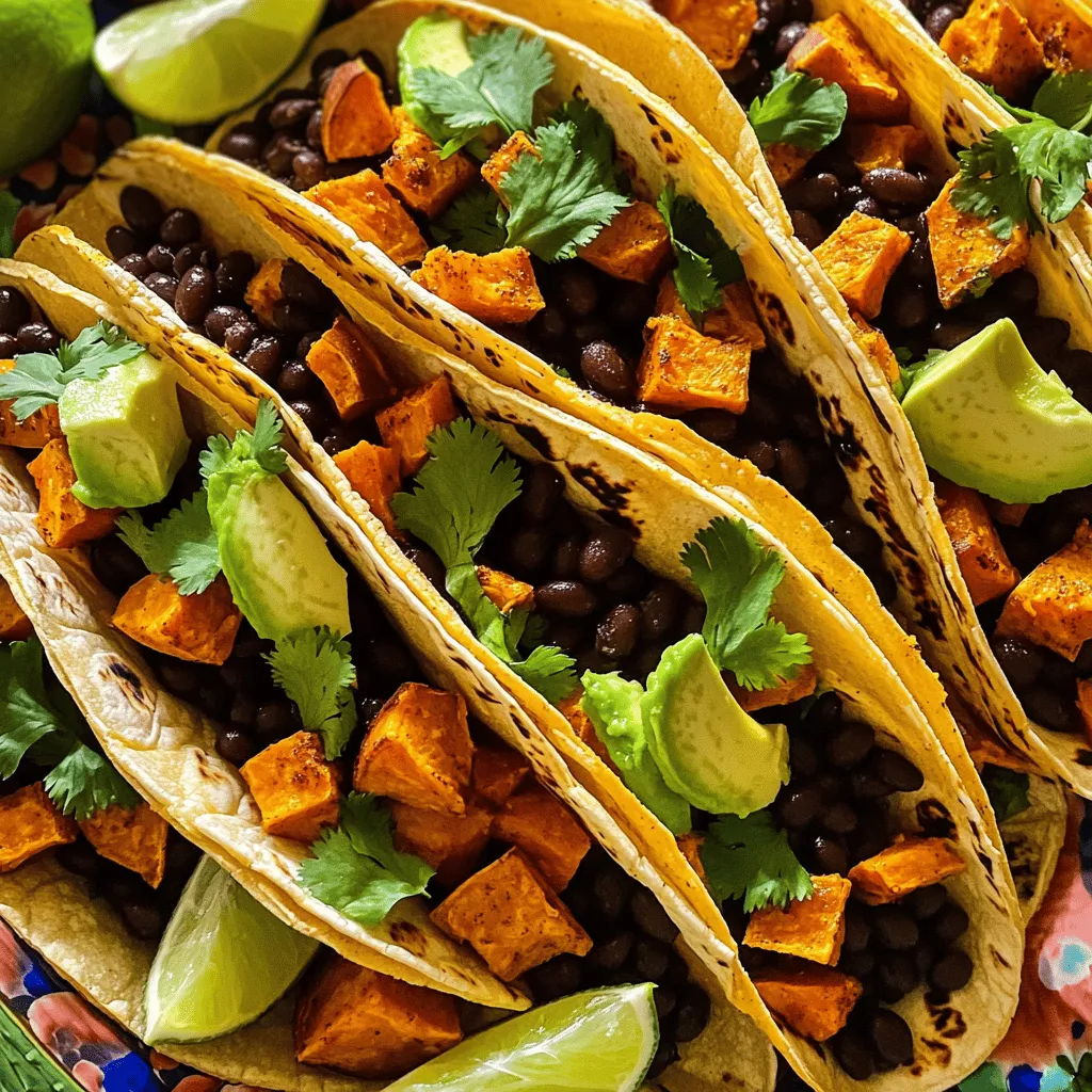 To make sweet potato black bean tacos, gather a few key items. This recipe serves four and takes about 45 minutes. You will love how easy and tasty it is! - Sweet Potatoes: They add a natural sweetness and creamy texture. Roasting brings out their best flavor. - Black Beans: These beans offer protein and fiber. They make the tacos filling and hearty. - Olive Oil: This oil helps in roasting. It adds richness and helps spices stick. - Cumin: This spice gives a warm, earthy taste. It pairs well with sweet potatoes. - Smoked Paprika: This spice adds a smoky flavor. It enhances the overall taste of the tacos. - Garlic Powder: This gives a savory punch. It adds great depth to the dish. - Corn Tortillas: They are the base for the tacos. They add a nice texture and flavor. - Avocado: This creamy fruit adds freshness. It balances the spices in the meal. - Cilantro: This herb provides a bright, fresh taste. It is great for garnishing. - Lime Wedges: A squeeze of lime adds zing. It enhances the flavors in the tacos. For the best taste, choose fresh ingredients. Look for sweet potatoes that are firm and smooth. Choose avocados that yield slightly to gentle pressure. Fresh cilantro should be bright green and fragrant. These fresh ingredients will make your tacos even more delicious! For the full recipe, see the sections below to create these tasty tacos! First, peel the sweet potatoes. Cut them into small cubes. This helps them cook fast and evenly. Place the diced sweet potatoes in a large bowl. Add olive oil, cumin, smoked paprika, garlic powder, salt, and pepper. Mix well until each piece is coated. This step adds great flavor to your tacos. Now, preheat your oven to 425°F (220°C). Spread the sweet potatoes on a baking sheet. Make sure they are in a single layer for even roasting. Roast them for about 25-30 minutes. Stir them halfway through cooking. You want them tender and slightly caramelized. This step makes them sweet and tasty. While the sweet potatoes roast, heat the black beans in a saucepan. Warm them over medium heat until hot. Season with salt and pepper. Next, heat the corn tortillas on a dry skillet. Cook each side for about 30 seconds until warm. To build your tacos, place a few roasted sweet potato cubes on each tortilla. Add a generous spoonful of black beans next. Top with avocado slices and chopped cilantro. Serve with lime wedges on the side for a zesty kick. For the full recipe, check the earlier section. To make your sweet potato black bean tacos shine, use fresh spices. Fresh herbs like cilantro will add a bright taste. You can also squeeze fresh lime juice on top. This adds a zesty kick that makes each bite exciting. Try adding a pinch of chili powder for heat. It elevates the flavor profile without overpowering the dish. One mistake is overcooking the sweet potatoes. If they turn mushy, they lose their texture. Keep an eye on them while roasting. Also, don't skip rinsing the black beans. This removes extra sodium and improves taste. Lastly, avoid using cold tortillas. Warm them up to keep your tacos soft and pliable. Always preheat your oven for even cooking. This helps the sweet potatoes roast perfectly. When you season, mix well so every piece is coated. Use a single layer on the baking sheet to promote even roasting. For a colorful presentation, arrange tacos on a bright platter. Don’t forget to garnish with cilantro and lime wedges. These tips will help you create a meal that looks and tastes great. For the full recipe, check out the details above. {{image_2}} These sweet potato black bean tacos are perfect for everyone. They are naturally vegan and vegetarian. You can enjoy them without changing much. If you want a creamier texture, add cashew cream or a vegan yogurt. These options keep your tacos rich and tasty. You can swap ingredients based on your taste. Instead of sweet potatoes, try butternut squash or regular potatoes. These will still offer that sweet and savory flavor. For the beans, any canned bean works. Pinto beans or kidney beans are great choices. If you want, add some corn for extra sweetness and crunch. If you love heat, spice up your tacos! Add jalapeños or hot sauce to the mix. You can also sprinkle chili powder into the sweet potato mix before roasting. For toppings, try diced red onion for a bite. A drizzle of zesty salsa will bring a nice kick. Remember, lime juice adds brightness, which balances the heat. Enjoy making these tacos your own! For the full recipe, check the [Full Recipe]. To keep your sweet potato black bean tacos fresh, store leftovers in an airtight container. Make sure the tacos are cool before sealing. Place them in the fridge and use them within three days for the best taste. If you can, store the ingredients separately. This helps keep the tortillas from getting soggy. You can freeze the taco filling for later use. To do this, let the sweet potato and black beans cool completely. Then, place them in a freezer-safe bag. Remove as much air as you can before sealing. You can freeze them for up to three months. When ready to eat, thaw in the fridge overnight. To reheat, you can use the oven, microwave, or skillet. For the oven, preheat it to 350°F. Spread the filling on a baking sheet and heat for about 10-15 minutes. For the microwave, put the filling in a bowl and heat in short bursts of 30 seconds, stirring in between. If you prefer a skillet, warm it over medium heat until hot. Enjoy your tacos warm! Yes, you can use other beans. Pinto beans or kidney beans work well too. Each bean adds a different taste. Black beans give a rich flavor, while pinto beans are creamier. You can even mix beans for a fun twist. Just make sure to rinse and drain any canned beans before using. This keeps the tacos fresh and tasty. These tacos pair well with many sides. You can serve a fresh salad or rice. A simple corn salad adds sweetness and crunch. You might also enjoy guacamole or salsa on the side. These bright flavors complement the tacos nicely. Lime wedges are a must for squeezing over the top. They add a zesty kick that enhances every bite. To make these tacos gluten-free, use corn tortillas. They are naturally gluten-free and perfect for this dish. Always check the label to ensure no gluten is present. You can also use lettuce leaves as a wrap. This adds a light crunch and is great for a low-carb option. Enjoy your tacos without worry! For the full recipe, check out the Sweet Potato Black Bean Tacos section. This blog post covered the recipe for sweet potato black bean tacos. You learned about the key ingredients and their roles. We also explored preparation, roasting, and assembly steps. Plus, I shared tips to boost flavor and avoid mistakes. Variations cater to different diets, and storage tips help keep leftovers fresh. These tacos are tasty, simple, and adaptable. With the right ingredients and steps, you can enjoy them any time! Happy cooking!