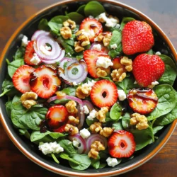 To make a great spinach strawberry salad, you need fresh and bright ingredients. Here’s what you need: - 5 cups fresh baby spinach, rinsed and dried - 2 cups strawberries, hulled and sliced - 1/2 cup feta cheese, crumbled - 1/4 cup red onion, thinly sliced - 1/4 cup walnuts, roughly chopped - 1/4 cup balsamic glaze - 2 tablespoons honey - Salt and pepper to taste Using fresh baby spinach gives the salad a tender feel. The strawberries add nice sweetness and color. Feta cheese adds creaminess and tang. Red onions give a slight bite, while walnuts add a satisfying crunch. When choosing strawberries, look for ones that are bright red. They should feel firm and have a sweet scent. Avoid berries with white or green spots. These spots mean they were picked too early. If possible, buy organic strawberries. They often have better flavor and no harmful chemicals. You can personalize your salad with fun add-ins. Try adding: - Sliced almonds for extra crunch - Avocado for creaminess - Grilled chicken for protein - Fresh herbs like basil or mint for a burst of flavor These add-ins can make your salad unique and tasty. Feel free to mix and match based on your taste. For the full recipe, check out the instructions above. Start by washing your spinach well. Rinse it under cool water to remove dirt. Then, dry it gently using a salad spinner or a clean kitchen towel. This step is key to keeping the salad fresh. Place the clean spinach in a large bowl. This will be the base of your salad. Now it’s time to build your salad. First, add the spinach to the bowl. Next, layer the sliced strawberries evenly on top. The sweet strawberries will balance the spinach's earthy taste. Then, sprinkle the crumbled feta cheese over the strawberries. The cheese adds a creamy texture. After that, add the thinly sliced red onion for a bit of bite. Finally, toss in the chopped walnuts for a crunchy finish. Each layer brings its own taste and texture. Now for the dressing, which is easy to make. In a small bowl, combine the balsamic glaze and honey. Whisk them together until they blend well. This dressing enhances the salad's flavors beautifully. Drizzle the dressing over the salad just before serving. Gently toss everything to coat each ingredient. Add salt and pepper to taste. You can adjust the seasoning to suit your preferences. For the complete mix of flavors, check out the Full Recipe! To make the best Spinach Strawberry Salad, start with fresh ingredients. Use baby spinach for a soft texture. Rinse and dry the spinach well to avoid a soggy salad. Slice strawberries just before serving to keep them fresh and bright. Crumbled feta adds creaminess. Walnuts give a nice crunch. Toss the salad gently to mix the flavors without bruising the greens. If you have leftover salad, store it in an airtight container. Keep the dressing separate. This prevents the spinach from wilting. Leftover salad can last up to two days in the fridge. However, the strawberries may lose their fresh taste over time. This salad works well for many events. Serve it as a light lunch or a side dish at dinner. It's great for picnics and barbecues too. For a special touch, add grilled chicken or shrimp. You can also serve it with crusty bread for a complete meal. Try the Full Recipe for a delightful experience! {{image_2}} You can change the dressing for a new twist. Try a honey mustard mix. Just whisk together honey, mustard, olive oil, and vinegar. This gives a sweet and tangy taste. For a creamy option, use Greek yogurt with lemon juice. It adds a rich flavor that pairs well with strawberries. Adding proteins makes the salad heartier. Grilled chicken adds a nice touch. It’s tasty and filling. You can also use shrimp or salmon for a seafood twist. If you prefer plant-based options, try chickpeas or tofu. Both add protein and flavor without meat. Use seasonal ingredients for a fresh flavor. In summer, add fresh peaches or blueberries. They bring sweetness and color. In the fall, swap strawberries for apples or pears. These fruits give a nice crunch. You can also add nuts or seeds like pumpkin seeds for extra texture. Each season brings new tastes to explore. For the full recipe, check out the Spinach Strawberry Delight Salad 🥗. Spinach strawberry salad keeps well in the fridge for about 3 days. After that, the spinach wilts and loses its crunch. Strawberries also release moisture, which can make the salad soggy. For the best taste, eat it within this time frame. Use an airtight container to store your salad. Glass or plastic containers with tight lids work well. If you have leftover dressing, store it separately. This keeps the salad fresh and prevents sogginess. I do not recommend freezing spinach strawberry salad. Freezing changes the texture of both spinach and strawberries. They become mushy when thawed. If you want to prep ahead, store the dry ingredients and dressing separately. Mix them when you're ready to eat for the best flavor and texture. For the full recipe, check out the Spinach Strawberry Delight Salad. Yes, you can use frozen strawberries. They work well if fresh strawberries are not available. Just thaw them first. Drain off any extra liquid to keep the salad crisp. Frozen strawberries may be softer but still taste great. I suggest using baby spinach for salads. It has a mild taste and tender leaves. The leaves are small and easy to eat. If you can’t find baby spinach, regular spinach works too. Just chop it into smaller pieces. To make this salad vegan, skip the feta cheese. You can use avocado for creaminess. To make it gluten-free, check your balsamic glaze. Most are gluten-free, but always read labels. Use nuts for crunch and add extra fruits for flavor. This blog post covered how to make a tasty Spinach Strawberry Salad. You learned about choosing fresh ingredients, preparing spinach, and layering for flavor. We explored optional add-ins and homemade dressings. I shared tips for storing leftovers and serving ideas for any occasion. Experiment with variations and enjoy this salad year-round. You can even adapt it to fit your needs. Now, you're ready to impress your friends and family with your salad skills!