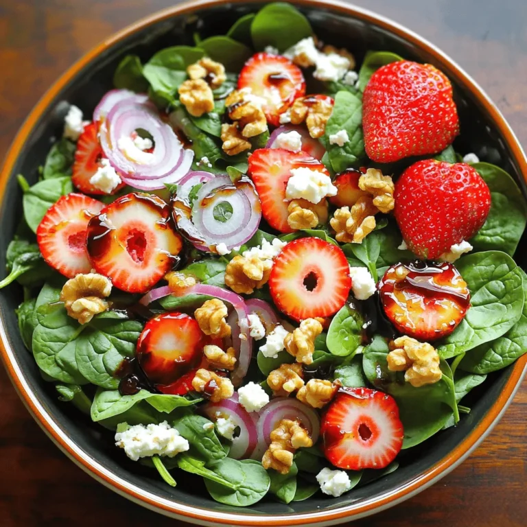 To make a great spinach strawberry salad, you need fresh and bright ingredients. Here’s what you need: - 5 cups fresh baby spinach, rinsed and dried - 2 cups strawberries, hulled and sliced - 1/2 cup feta cheese, crumbled - 1/4 cup red onion, thinly sliced - 1/4 cup walnuts, roughly chopped - 1/4 cup balsamic glaze - 2 tablespoons honey - Salt and pepper to taste Using fresh baby spinach gives the salad a tender feel. The strawberries add nice sweetness and color. Feta cheese adds creaminess and tang. Red onions give a slight bite, while walnuts add a satisfying crunch. When choosing strawberries, look for ones that are bright red. They should feel firm and have a sweet scent. Avoid berries with white or green spots. These spots mean they were picked too early. If possible, buy organic strawberries. They often have better flavor and no harmful chemicals. You can personalize your salad with fun add-ins. Try adding: - Sliced almonds for extra crunch - Avocado for creaminess - Grilled chicken for protein - Fresh herbs like basil or mint for a burst of flavor These add-ins can make your salad unique and tasty. Feel free to mix and match based on your taste. For the full recipe, check out the instructions above. Start by washing your spinach well. Rinse it under cool water to remove dirt. Then, dry it gently using a salad spinner or a clean kitchen towel. This step is key to keeping the salad fresh. Place the clean spinach in a large bowl. This will be the base of your salad. Now it’s time to build your salad. First, add the spinach to the bowl. Next, layer the sliced strawberries evenly on top. The sweet strawberries will balance the spinach's earthy taste. Then, sprinkle the crumbled feta cheese over the strawberries. The cheese adds a creamy texture. After that, add the thinly sliced red onion for a bit of bite. Finally, toss in the chopped walnuts for a crunchy finish. Each layer brings its own taste and texture. Now for the dressing, which is easy to make. In a small bowl, combine the balsamic glaze and honey. Whisk them together until they blend well. This dressing enhances the salad's flavors beautifully. Drizzle the dressing over the salad just before serving. Gently toss everything to coat each ingredient. Add salt and pepper to taste. You can adjust the seasoning to suit your preferences. For the complete mix of flavors, check out the Full Recipe! To make the best Spinach Strawberry Salad, start with fresh ingredients. Use baby spinach for a soft texture. Rinse and dry the spinach well to avoid a soggy salad. Slice strawberries just before serving to keep them fresh and bright. Crumbled feta adds creaminess. Walnuts give a nice crunch. Toss the salad gently to mix the flavors without bruising the greens. If you have leftover salad, store it in an airtight container. Keep the dressing separate. This prevents the spinach from wilting. Leftover salad can last up to two days in the fridge. However, the strawberries may lose their fresh taste over time. This salad works well for many events. Serve it as a light lunch or a side dish at dinner. It's great for picnics and barbecues too. For a special touch, add grilled chicken or shrimp. You can also serve it with crusty bread for a complete meal. Try the Full Recipe for a delightful experience! {{image_2}} You can change the dressing for a new twist. Try a honey mustard mix. Just whisk together honey, mustard, olive oil, and vinegar. This gives a sweet and tangy taste. For a creamy option, use Greek yogurt with lemon juice. It adds a rich flavor that pairs well with strawberries. Adding proteins makes the salad heartier. Grilled chicken adds a nice touch. It’s tasty and filling. You can also use shrimp or salmon for a seafood twist. If you prefer plant-based options, try chickpeas or tofu. Both add protein and flavor without meat. Use seasonal ingredients for a fresh flavor. In summer, add fresh peaches or blueberries. They bring sweetness and color. In the fall, swap strawberries for apples or pears. These fruits give a nice crunch. You can also add nuts or seeds like pumpkin seeds for extra texture. Each season brings new tastes to explore. For the full recipe, check out the Spinach Strawberry Delight Salad 🥗. Spinach strawberry salad keeps well in the fridge for about 3 days. After that, the spinach wilts and loses its crunch. Strawberries also release moisture, which can make the salad soggy. For the best taste, eat it within this time frame. Use an airtight container to store your salad. Glass or plastic containers with tight lids work well. If you have leftover dressing, store it separately. This keeps the salad fresh and prevents sogginess. I do not recommend freezing spinach strawberry salad. Freezing changes the texture of both spinach and strawberries. They become mushy when thawed. If you want to prep ahead, store the dry ingredients and dressing separately. Mix them when you're ready to eat for the best flavor and texture. For the full recipe, check out the Spinach Strawberry Delight Salad. Yes, you can use frozen strawberries. They work well if fresh strawberries are not available. Just thaw them first. Drain off any extra liquid to keep the salad crisp. Frozen strawberries may be softer but still taste great. I suggest using baby spinach for salads. It has a mild taste and tender leaves. The leaves are small and easy to eat. If you can’t find baby spinach, regular spinach works too. Just chop it into smaller pieces. To make this salad vegan, skip the feta cheese. You can use avocado for creaminess. To make it gluten-free, check your balsamic glaze. Most are gluten-free, but always read labels. Use nuts for crunch and add extra fruits for flavor. This blog post covered how to make a tasty Spinach Strawberry Salad. You learned about choosing fresh ingredients, preparing spinach, and layering for flavor. We explored optional add-ins and homemade dressings. I shared tips for storing leftovers and serving ideas for any occasion. Experiment with variations and enjoy this salad year-round. You can even adapt it to fit your needs. Now, you're ready to impress your friends and family with your salad skills!