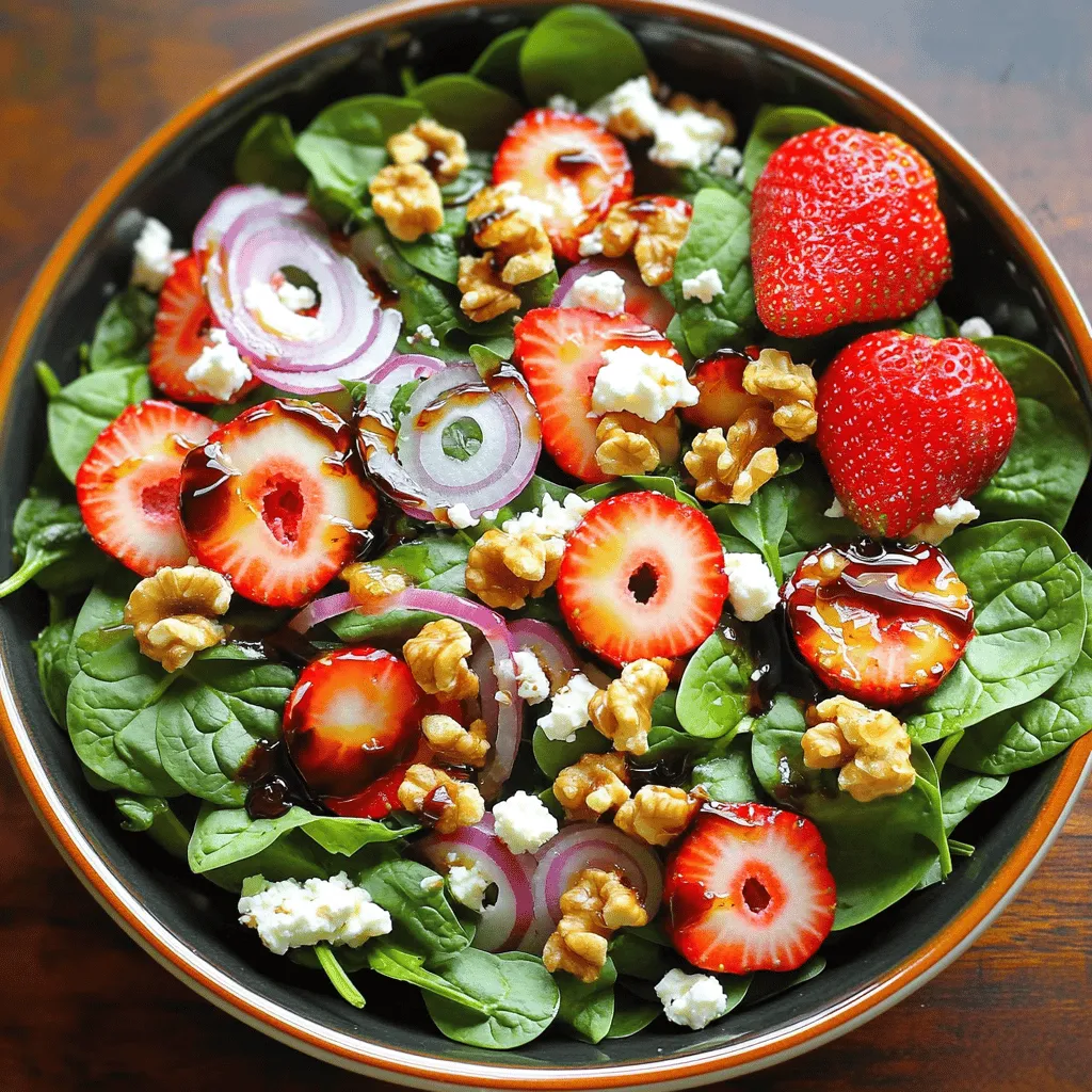 To make a great spinach strawberry salad, you need fresh and bright ingredients. Here’s what you need: - 5 cups fresh baby spinach, rinsed and dried - 2 cups strawberries, hulled and sliced - 1/2 cup feta cheese, crumbled - 1/4 cup red onion, thinly sliced - 1/4 cup walnuts, roughly chopped - 1/4 cup balsamic glaze - 2 tablespoons honey - Salt and pepper to taste Using fresh baby spinach gives the salad a tender feel. The strawberries add nice sweetness and color. Feta cheese adds creaminess and tang. Red onions give a slight bite, while walnuts add a satisfying crunch. When choosing strawberries, look for ones that are bright red. They should feel firm and have a sweet scent. Avoid berries with white or green spots. These spots mean they were picked too early. If possible, buy organic strawberries. They often have better flavor and no harmful chemicals. You can personalize your salad with fun add-ins. Try adding: - Sliced almonds for extra crunch - Avocado for creaminess - Grilled chicken for protein - Fresh herbs like basil or mint for a burst of flavor These add-ins can make your salad unique and tasty. Feel free to mix and match based on your taste. For the full recipe, check out the instructions above. Start by washing your spinach well. Rinse it under cool water to remove dirt. Then, dry it gently using a salad spinner or a clean kitchen towel. This step is key to keeping the salad fresh. Place the clean spinach in a large bowl. This will be the base of your salad. Now it’s time to build your salad. First, add the spinach to the bowl. Next, layer the sliced strawberries evenly on top. The sweet strawberries will balance the spinach's earthy taste. Then, sprinkle the crumbled feta cheese over the strawberries. The cheese adds a creamy texture. After that, add the thinly sliced red onion for a bit of bite. Finally, toss in the chopped walnuts for a crunchy finish. Each layer brings its own taste and texture. Now for the dressing, which is easy to make. In a small bowl, combine the balsamic glaze and honey. Whisk them together until they blend well. This dressing enhances the salad's flavors beautifully. Drizzle the dressing over the salad just before serving. Gently toss everything to coat each ingredient. Add salt and pepper to taste. You can adjust the seasoning to suit your preferences. For the complete mix of flavors, check out the Full Recipe! To make the best Spinach Strawberry Salad, start with fresh ingredients. Use baby spinach for a soft texture. Rinse and dry the spinach well to avoid a soggy salad. Slice strawberries just before serving to keep them fresh and bright. Crumbled feta adds creaminess. Walnuts give a nice crunch. Toss the salad gently to mix the flavors without bruising the greens. If you have leftover salad, store it in an airtight container. Keep the dressing separate. This prevents the spinach from wilting. Leftover salad can last up to two days in the fridge. However, the strawberries may lose their fresh taste over time. This salad works well for many events. Serve it as a light lunch or a side dish at dinner. It's great for picnics and barbecues too. For a special touch, add grilled chicken or shrimp. You can also serve it with crusty bread for a complete meal. Try the Full Recipe for a delightful experience! {{image_2}} You can change the dressing for a new twist. Try a honey mustard mix. Just whisk together honey, mustard, olive oil, and vinegar. This gives a sweet and tangy taste. For a creamy option, use Greek yogurt with lemon juice. It adds a rich flavor that pairs well with strawberries. Adding proteins makes the salad heartier. Grilled chicken adds a nice touch. It’s tasty and filling. You can also use shrimp or salmon for a seafood twist. If you prefer plant-based options, try chickpeas or tofu. Both add protein and flavor without meat. Use seasonal ingredients for a fresh flavor. In summer, add fresh peaches or blueberries. They bring sweetness and color. In the fall, swap strawberries for apples or pears. These fruits give a nice crunch. You can also add nuts or seeds like pumpkin seeds for extra texture. Each season brings new tastes to explore. For the full recipe, check out the Spinach Strawberry Delight Salad 🥗. Spinach strawberry salad keeps well in the fridge for about 3 days. After that, the spinach wilts and loses its crunch. Strawberries also release moisture, which can make the salad soggy. For the best taste, eat it within this time frame. Use an airtight container to store your salad. Glass or plastic containers with tight lids work well. If you have leftover dressing, store it separately. This keeps the salad fresh and prevents sogginess. I do not recommend freezing spinach strawberry salad. Freezing changes the texture of both spinach and strawberries. They become mushy when thawed. If you want to prep ahead, store the dry ingredients and dressing separately. Mix them when you're ready to eat for the best flavor and texture. For the full recipe, check out the Spinach Strawberry Delight Salad. Yes, you can use frozen strawberries. They work well if fresh strawberries are not available. Just thaw them first. Drain off any extra liquid to keep the salad crisp. Frozen strawberries may be softer but still taste great. I suggest using baby spinach for salads. It has a mild taste and tender leaves. The leaves are small and easy to eat. If you can’t find baby spinach, regular spinach works too. Just chop it into smaller pieces. To make this salad vegan, skip the feta cheese. You can use avocado for creaminess. To make it gluten-free, check your balsamic glaze. Most are gluten-free, but always read labels. Use nuts for crunch and add extra fruits for flavor. This blog post covered how to make a tasty Spinach Strawberry Salad. You learned about choosing fresh ingredients, preparing spinach, and layering for flavor. We explored optional add-ins and homemade dressings. I shared tips for storing leftovers and serving ideas for any occasion. Experiment with variations and enjoy this salad year-round. You can even adapt it to fit your needs. Now, you're ready to impress your friends and family with your salad skills!