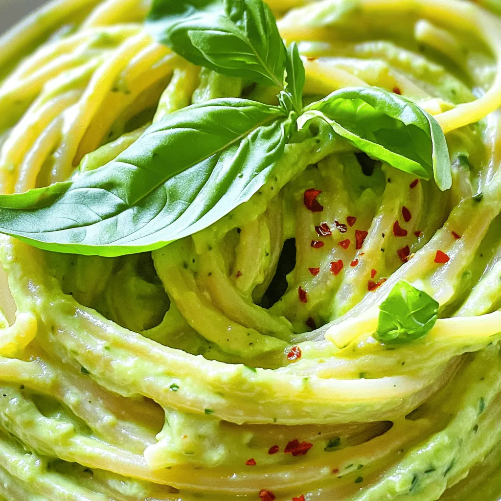 To make creamy avocado pasta, you need fresh, simple ingredients. Here’s what you need: - 2 ripe avocados, pitted and peeled - 2 cloves garlic, minced - 1 tablespoon lemon juice - 1/4 cup fresh basil leaves - 1/4 cup grated Parmesan cheese (or nutritional yeast for a vegan option) - 1/2 teaspoon red pepper flakes (optional) - Salt and pepper to taste - 12 oz spaghetti (or your choice of pasta) - 1/4 cup pasta cooking water - 1 tablespoon olive oil (for drizzling) These ingredients work together to create a rich and creamy sauce. The avocados give a smooth texture, while garlic adds a nice kick. Fresh basil brightens the dish, making every bite delightful. Now, let’s look at what’s in this dish. Each serving has about: - Calories per serving: Approximately 350 - Macronutrient breakdown: - Carbohydrates: 45g - Fats: 15g - Proteins: 10g Avocados are a superfood. They provide healthy fats and fiber. This dish is not just tasty; it's also good for your health. Enjoy the creamy avocado pasta knowing you're fueling your body with great nutrients! For a detailed guide on making this dish, check out the Full Recipe. To boil pasta correctly, fill a large pot with water. Add a good pinch of salt. Bring the water to a rolling boil. Then, drop in your spaghetti. Cook it according to the package instructions. This usually takes about 8 to 10 minutes. For al dente texture, taste the pasta a minute before the time is up. It should be firm yet tender. If it feels too soft, it might be overcooked. Remember, you want that nice bite in every forkful. Using a food processor is easy. Cut your ripe avocados in half and remove the pit. Scoop the flesh into the processor. Add minced garlic, lemon juice, basil, and Parmesan cheese. Blend until smooth. For a creamy sauce, ensure there are no lumps. If the sauce feels too thick, add a tablespoon of the reserved pasta cooking water. Blend again. This will help it mix well with the pasta. Season with salt and pepper to taste. In a large bowl, toss the drained pasta with the avocado sauce. Make sure the pasta gets an even coating. Use tongs to mix it well. If the sauce seems dry, add a bit more pasta cooking water. This helps achieve the creaminess you want. Serve the creamy avocado pasta on plates. Drizzle some olive oil on top for extra richness. Enjoy the delightful flavors in every bite! For the full recipe, don’t forget to check the main section. To choose ripe avocados, look for ones that are slightly soft when you press them. They should feel gentle but not mushy. Color can also help; darker skins often mean ripeness. Avoid avocados with large dark spots or cracks, as these may be overripened or spoiled. If you find hard avocados, you can leave them at room temperature for a few days to ripen. You can add extra flavor with simple seasonings. Try a pinch of garlic powder or a dash of onion powder for depth. A squeeze of lime juice can also brighten the dish. If you want protein, grilled chicken or shrimp pairs nicely. For a plant-based option, add chickpeas or lentils. These options make your meal heartier and more satisfying. How you plate your creamy avocado pasta can impress your guests. Use a large bowl to serve and twirl the pasta for a beautiful nest shape. Drizzle olive oil on top to make it shine. For garnishing, sprinkle fresh basil leaves and a bit of red pepper flakes. This adds color and a bit of spice. A sprinkle of extra cheese can make it look gourmet too. {{image_2}} You can easily make this dish vegan. Just swap the Parmesan cheese for nutritional yeast. Nutritional yeast has a cheesy flavor and is packed with B vitamins. It adds a nice depth to your sauce without dairy. If you need a gluten-free meal, use gluten-free pasta. Options like brown rice, quinoa, or chickpea pasta work well. Just follow the cooking instructions on the package. You may need to adjust cooking times to get the right texture. For a fun twist, try Southwest flavors. Add lime juice, cilantro, and black beans for a new taste. You can also create a Mediterranean version. Mix in olives, sun-dried tomatoes, and feta cheese for a unique touch. These variations keep the dish exciting and fresh. To keep your creamy avocado pasta fresh, store it in an airtight container. Refrigerate it right away. This keeps it from browning and losing flavor. Use it within two days for the best taste. When you reheat it, add a splash of olive oil. This helps restore its creaminess. Heat it gently on low heat. Stir often to avoid burning. Can you freeze avocado pasta? Yes, but it has some tricks. Freezing can change the texture, so it’s best to freeze only the sauce. Here’s how to do it right: 1. Prepare the sauce: Make the avocado sauce as usual and let it cool. 2. Portion it out: Place the sauce in freezer-safe bags or containers. Seal tightly, removing as much air as possible. 3. Label and date: Write the date on each container. This helps you track how long it's been in the freezer. When you want to use it, thaw the sauce in the fridge overnight. Reheat it gently on the stove, adding pasta cooking water as needed. This keeps it smooth and creamy. Creamy avocado pasta lasts about 1 to 2 days in the fridge. To keep it fresh, store it in an airtight container. The longer it sits, the more the avocado may brown. You can add lemon juice to slow down browning. Yes! You can use any pasta you like. Spaghetti works well, but penne, fusilli, or even gluten-free pasta are great choices. Just follow the cooking time on the package for best results. No, cheese is not necessary. The sauce tastes great without it. If you want a vegan option, use nutritional yeast instead. It adds a nice cheesy flavor without the dairy. If you don’t have basil, try using parsley or cilantro. Both herbs can add a fresh taste. You can also use spinach for a milder flavor. Just blend it in with the avocado for a new twist. To add spice, include more red pepper flakes or fresh chili peppers in the sauce. You can also top the dish with sliced jalapeños for an extra kick. Adjust the heat to match your taste! For the Full Recipe, check out my detailed instructions and tips to make this dish perfect! This creamy avocado pasta is quick and easy. It takes just 20 minutes to make. You need fresh ingredients for a tasty meal. Here’s a quick look at what you will need: - 2 ripe avocados, pitted and peeled - 2 cloves garlic, minced - 1 tablespoon lemon juice - 1/4 cup fresh basil leaves - 1/4 cup grated Parmesan cheese (or nutritional yeast for a vegan option) - 1/2 teaspoon red pepper flakes (optional) - Salt and pepper to taste - 12 oz spaghetti or your choice of pasta - 1/4 cup pasta cooking water - 1 tablespoon olive oil (for drizzling) To make this dish, follow these steps: 1. Cook the Pasta: Start by boiling salted water. Add the spaghetti and cook until al dente. Save 1/4 cup of the cooking water before draining the pasta. 2. Prepare the Avocado Sauce: In a food processor, mix the avocados, garlic, lemon juice, basil, Parmesan cheese (or nutritional yeast), and red pepper flakes. Blend until smooth. If it’s too thick, add a bit of the reserved water. Season with salt and pepper. 3. Combine Pasta and Sauce: In a big bowl, mix the drained pasta with the avocado sauce. Toss well to coat. If it seems dry, add more pasta water until creamy. 4. Serve: Place the creamy avocado pasta on plates. Drizzle with olive oil and sprinkle with more cheese or nutritional yeast. 5. Garnish and Enjoy: For extra flavor, add more fresh basil leaves and a sprinkle of red pepper flakes. This dish serves four and is ready in just 20 minutes! You can find the full recipe in the section above. Enjoy every creamy bite! This blog post covered making a creamy avocado pasta. We reviewed the key ingredients, nutrition, and step-by-step instructions. Tips on selecting avocados and enhancing flavor were also shared. You learned about variations for vegan and gluten-free options. Lastly, we discussed storage methods and common questions. Remember, creamy avocado pasta is tasty and easy to prepare. Enjoy customizing the dish to match your taste! Your next meal can be healthy and delicious.