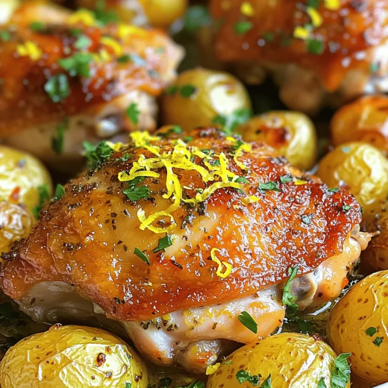 - 4 bone-in, skin-on chicken thighs - 1.5 pounds baby potatoes, halved - 3 tablespoons olive oil - Zest and juice of 2 lemons - 4 cloves garlic, minced - 2 teaspoons dried oregano - 1 teaspoon dried thyme - Salt and pepper to taste - Fresh parsley for garnish Gather these ingredients to make your sheet pan lemon herb chicken. The chicken thighs give great flavor and stay juicy. Baby potatoes are the perfect side. They soak up all the tasty juices. The olive oil adds richness, while the lemon gives a fresh kick. The garlic, oregano, and thyme create a warm and inviting aroma. Salt and pepper balance the flavors. Fresh parsley brightens the dish when you serve it. Each ingredient plays a key role in making this dish delightful. For the full recipe, check the detailed instructions. Enjoy cooking! - Preheat your oven to 425°F (220°C). - In a large bowl, combine olive oil, lemon zest, and juice with seasonings. Start by getting your oven nice and hot. This step is key for crispy chicken skin. Next, mix olive oil, lemon zest, lemon juice, minced garlic, oregano, thyme, salt, and pepper in a bowl. This mixture will add amazing flavor! - Coat chicken in marinade and let it sit. - Prepare the potatoes while marinating. Take your chicken thighs and coat them well in the marinade. Let them soak in all that zesty goodness for at least 20 minutes. While they marinate, you can prepare your baby potatoes. Halve them and toss with a bit of olive oil, salt, pepper, and extra lemon juice if you like. - Arrange chicken and potatoes on the sheet pan. - Roast and monitor cooking time. On a large sheet pan, place the marinated chicken skin-side up. Scatter the seasoned potatoes around the chicken. Roast everything in the oven for about 35 to 40 minutes. Check that the chicken reaches an internal temperature of 165°F (74°C) and that the potatoes are tender and golden. Enjoy the wonderful aroma filling your kitchen! To keep chicken safe, check the internal temperature. It should reach 165°F (74°C). Insert the thermometer into the thickest part of the thigh. This step helps you avoid undercooking. For crispy skin, pat the chicken dry before marinating. Dry skin helps it crisp up nicely in the oven. Cooking time depends on the size of your potatoes. For baby potatoes, 35-40 minutes works well. Larger potatoes need more time. To prevent overcooking, check them at the 30-minute mark. You want them tender but not mushy. A fork should go in easily, but they should hold their shape. Pair this dish with fresh vegetables, like steamed broccoli or a mixed salad. It adds color and nutrition to your meal. You can also serve it with a light sauce. A lemon garlic aioli or a simple yogurt sauce works well. These add a nice touch and complement the flavors. For extra zest, sprinkle more fresh parsley on top before serving. You can find the full recipe [here](#). {{image_2}} You can enhance this dish with more veggies. Carrots add sweetness, while green beans bring crunch. Just chop them into bite-sized pieces and toss them in with the chicken and potatoes. You can also try different herbs. Rosemary gives a strong flavor, while basil adds a fresh taste. Mix and match herbs to find your favorite combo. If you need gluten-free options, this recipe is perfect. All the ingredients are naturally gluten-free. You can also make low-carb changes. Swap the baby potatoes for cauliflower florets. This keeps the dish light but still tasty. You won't miss the carbs! To use an air fryer, follow the same steps. Preheat your air fryer to 375°F (190°C). Place the chicken and potatoes in the basket. Cook for about 25-30 minutes, checking that the chicken reaches 165°F (74°C). For a slow cooker, marinate as usual. Place everything in the slow cooker. Cook on low for 6-7 hours or high for 3-4 hours. This method makes the chicken super tender and full of flavor. For the full recipe, check back at the beginning. Enjoy your cooking! To store your lemon herb chicken and potatoes, let them cool first. Place the food in an airtight container. This helps keep it fresh. You can use glass or plastic containers. Make sure the lid closes tightly. Store the leftovers in the fridge. They will last up to three days. When reheating, use your oven for the best results. Preheat your oven to 350°F (175°C). Place the chicken and potatoes on a baking tray. Cover them with foil to keep moisture in. Bake for about 15-20 minutes. This keeps the chicken juicy and the potatoes warm. Avoid the microwave if you can. It can make the chicken soggy. You can freeze leftovers for later. Wrap each piece of chicken and potatoes in plastic wrap. Then, place them in a freezer-safe bag. Squeeze out the air before sealing. This will help them stay fresh. For best taste, use them within three months. To thaw, place them in the fridge overnight. Reheat in the oven as mentioned before. This method helps keep the meal tasty. For the full recipe, check out the previous section. The cooking time depends on the thickness of the chicken. For bone-in thighs, it usually takes 35-40 minutes at 425°F. If your pieces are thicker, add another 5-10 minutes. Always check the internal temperature; it should reach 165°F for safety. Yes, you can use boneless chicken. Boneless thighs cook faster, usually needing about 25-30 minutes. Keep an eye on them to avoid overcooking. Adjust your timing based on the size of the chicken pieces you use. This dish pairs well with many sides. Consider these options: - Steamed broccoli for a fresh crunch. - A simple green salad for a light touch. - Roasted carrots for a sweet contrast. - Garlic bread to soak up the juices. To add heat, try these tips: - Use a pinch of red pepper flakes in the marinade. - Add diced jalapeños to the potatoes. - Serve with a spicy sauce or hot sauce on the side. These tweaks will give your dish a nice kick! You can find the full recipe [here](#). This recipe for lemon herb chicken and potatoes brings flavor and ease to your kitchen. You learned about the key ingredients, step-by-step instructions, and expert tips for success. You can make tasty variations and store leftovers easily. Cooking doesn’t have to be hard. With this dish, you can impress your family and friends. Try this recipe and enjoy a delicious meal with great flavors. Cooking can be simple and fun!