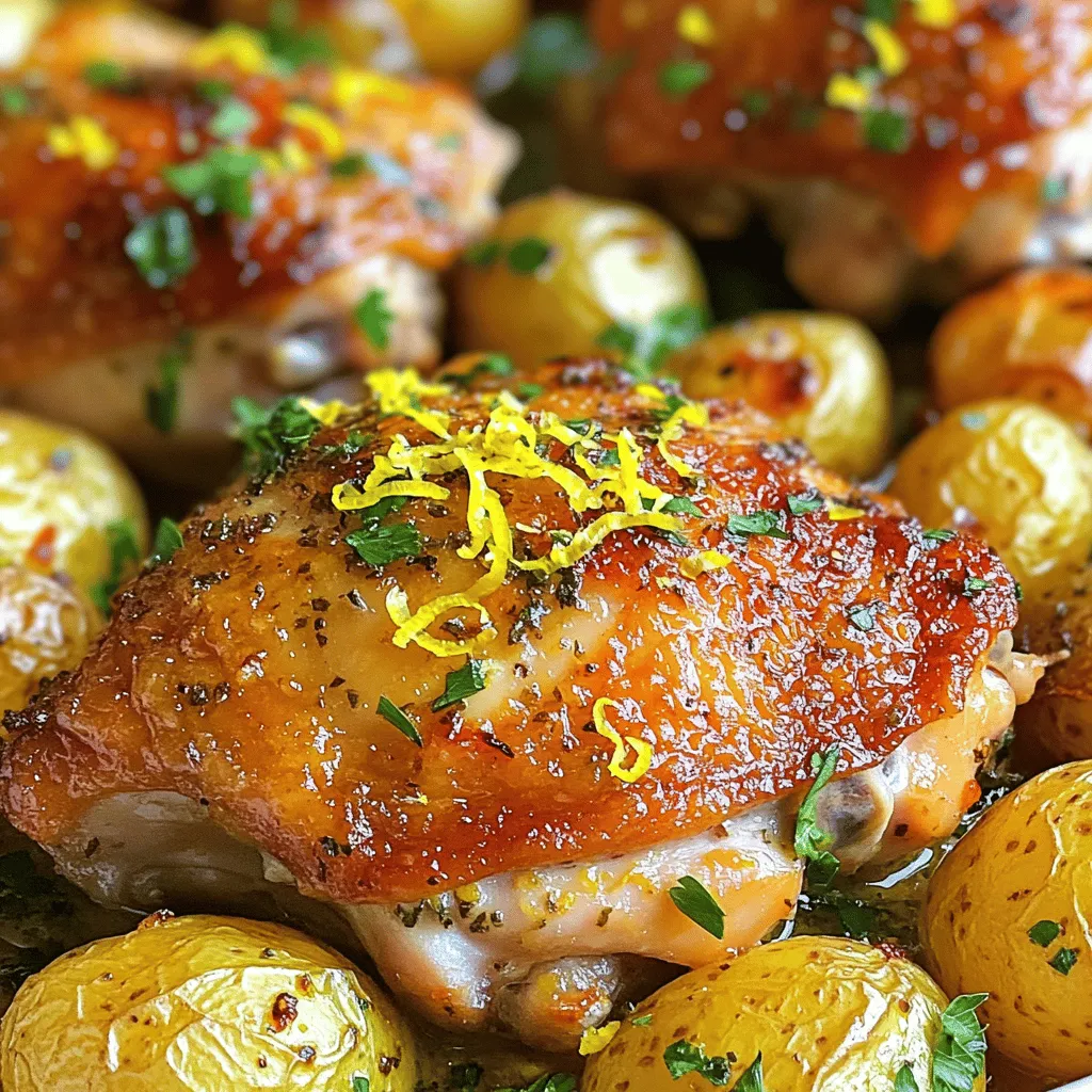 - 4 bone-in, skin-on chicken thighs - 1.5 pounds baby potatoes, halved - 3 tablespoons olive oil - Zest and juice of 2 lemons - 4 cloves garlic, minced - 2 teaspoons dried oregano - 1 teaspoon dried thyme - Salt and pepper to taste - Fresh parsley for garnish Gather these ingredients to make your sheet pan lemon herb chicken. The chicken thighs give great flavor and stay juicy. Baby potatoes are the perfect side. They soak up all the tasty juices. The olive oil adds richness, while the lemon gives a fresh kick. The garlic, oregano, and thyme create a warm and inviting aroma. Salt and pepper balance the flavors. Fresh parsley brightens the dish when you serve it. Each ingredient plays a key role in making this dish delightful. For the full recipe, check the detailed instructions. Enjoy cooking! - Preheat your oven to 425°F (220°C). - In a large bowl, combine olive oil, lemon zest, and juice with seasonings. Start by getting your oven nice and hot. This step is key for crispy chicken skin. Next, mix olive oil, lemon zest, lemon juice, minced garlic, oregano, thyme, salt, and pepper in a bowl. This mixture will add amazing flavor! - Coat chicken in marinade and let it sit. - Prepare the potatoes while marinating. Take your chicken thighs and coat them well in the marinade. Let them soak in all that zesty goodness for at least 20 minutes. While they marinate, you can prepare your baby potatoes. Halve them and toss with a bit of olive oil, salt, pepper, and extra lemon juice if you like. - Arrange chicken and potatoes on the sheet pan. - Roast and monitor cooking time. On a large sheet pan, place the marinated chicken skin-side up. Scatter the seasoned potatoes around the chicken. Roast everything in the oven for about 35 to 40 minutes. Check that the chicken reaches an internal temperature of 165°F (74°C) and that the potatoes are tender and golden. Enjoy the wonderful aroma filling your kitchen! To keep chicken safe, check the internal temperature. It should reach 165°F (74°C). Insert the thermometer into the thickest part of the thigh. This step helps you avoid undercooking. For crispy skin, pat the chicken dry before marinating. Dry skin helps it crisp up nicely in the oven. Cooking time depends on the size of your potatoes. For baby potatoes, 35-40 minutes works well. Larger potatoes need more time. To prevent overcooking, check them at the 30-minute mark. You want them tender but not mushy. A fork should go in easily, but they should hold their shape. Pair this dish with fresh vegetables, like steamed broccoli or a mixed salad. It adds color and nutrition to your meal. You can also serve it with a light sauce. A lemon garlic aioli or a simple yogurt sauce works well. These add a nice touch and complement the flavors. For extra zest, sprinkle more fresh parsley on top before serving. You can find the full recipe [here](#). {{image_2}} You can enhance this dish with more veggies. Carrots add sweetness, while green beans bring crunch. Just chop them into bite-sized pieces and toss them in with the chicken and potatoes. You can also try different herbs. Rosemary gives a strong flavor, while basil adds a fresh taste. Mix and match herbs to find your favorite combo. If you need gluten-free options, this recipe is perfect. All the ingredients are naturally gluten-free. You can also make low-carb changes. Swap the baby potatoes for cauliflower florets. This keeps the dish light but still tasty. You won't miss the carbs! To use an air fryer, follow the same steps. Preheat your air fryer to 375°F (190°C). Place the chicken and potatoes in the basket. Cook for about 25-30 minutes, checking that the chicken reaches 165°F (74°C). For a slow cooker, marinate as usual. Place everything in the slow cooker. Cook on low for 6-7 hours or high for 3-4 hours. This method makes the chicken super tender and full of flavor. For the full recipe, check back at the beginning. Enjoy your cooking! To store your lemon herb chicken and potatoes, let them cool first. Place the food in an airtight container. This helps keep it fresh. You can use glass or plastic containers. Make sure the lid closes tightly. Store the leftovers in the fridge. They will last up to three days. When reheating, use your oven for the best results. Preheat your oven to 350°F (175°C). Place the chicken and potatoes on a baking tray. Cover them with foil to keep moisture in. Bake for about 15-20 minutes. This keeps the chicken juicy and the potatoes warm. Avoid the microwave if you can. It can make the chicken soggy. You can freeze leftovers for later. Wrap each piece of chicken and potatoes in plastic wrap. Then, place them in a freezer-safe bag. Squeeze out the air before sealing. This will help them stay fresh. For best taste, use them within three months. To thaw, place them in the fridge overnight. Reheat in the oven as mentioned before. This method helps keep the meal tasty. For the full recipe, check out the previous section. The cooking time depends on the thickness of the chicken. For bone-in thighs, it usually takes 35-40 minutes at 425°F. If your pieces are thicker, add another 5-10 minutes. Always check the internal temperature; it should reach 165°F for safety. Yes, you can use boneless chicken. Boneless thighs cook faster, usually needing about 25-30 minutes. Keep an eye on them to avoid overcooking. Adjust your timing based on the size of the chicken pieces you use. This dish pairs well with many sides. Consider these options: - Steamed broccoli for a fresh crunch. - A simple green salad for a light touch. - Roasted carrots for a sweet contrast. - Garlic bread to soak up the juices. To add heat, try these tips: - Use a pinch of red pepper flakes in the marinade. - Add diced jalapeños to the potatoes. - Serve with a spicy sauce or hot sauce on the side. These tweaks will give your dish a nice kick! You can find the full recipe [here](#). This recipe for lemon herb chicken and potatoes brings flavor and ease to your kitchen. You learned about the key ingredients, step-by-step instructions, and expert tips for success. You can make tasty variations and store leftovers easily. Cooking doesn’t have to be hard. With this dish, you can impress your family and friends. Try this recipe and enjoy a delicious meal with great flavors. Cooking can be simple and fun!