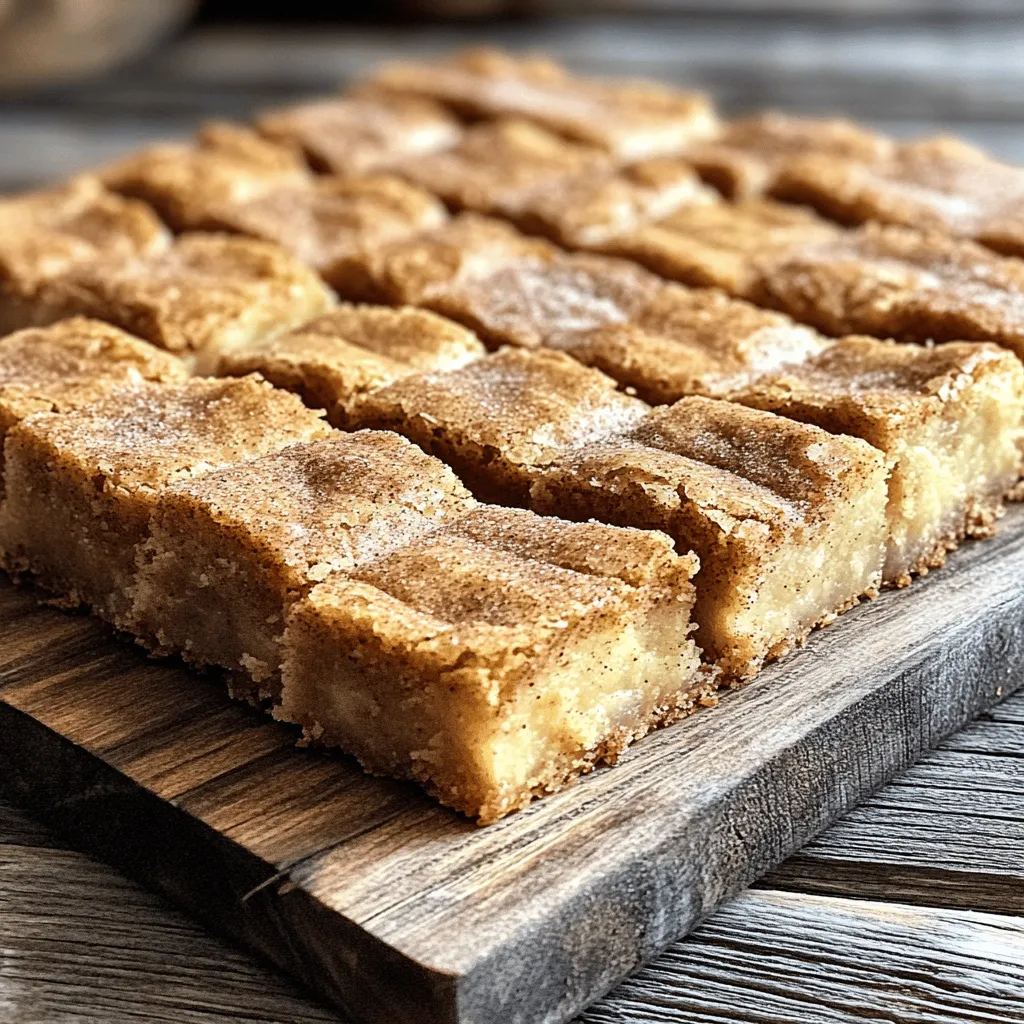 To make Ultra Chewy Snickerdoodle Blondies, gather these items: - 1 cup unsalted butter, melted - 1 cup brown sugar, packed - 1/2 cup granulated sugar - 2 large eggs - 2 teaspoons vanilla extract - 2 cups all-purpose flour - 1 teaspoon baking powder - 1/2 teaspoon baking soda - 1 teaspoon cream of tartar - 1/2 teaspoon salt - 1 tablespoon ground cinnamon - 1/4 cup granulated sugar (for topping) If you need to swap some ingredients, consider these options: - Use coconut oil or margarine instead of butter. - For sweeteners, try maple syrup or honey. - You can replace eggs with flaxseed meal or applesauce. The quality of your ingredients can change your blondies. - Fresh spices and sugars enhance flavor. Old spices lose their punch. - The type of butter affects texture. Use high-fat butter for richer taste. By using these tips, you will bake a treat that everyone will love. For the full recipe, check the details above. First, get your baking pan ready. Grease a 9x13-inch pan or line it with parchment paper. This makes for easy removal later. Next, preheat your oven to 350°F (175°C). This step is key to baking your blondies evenly. Now, measure out your ingredients. You will need: - 1 cup unsalted butter, melted - 1 cup brown sugar, packed - 1/2 cup granulated sugar - 2 large eggs - 2 teaspoons vanilla extract - 2 cups all-purpose flour - 1 teaspoon baking powder - 1/2 teaspoon baking soda - 1 teaspoon cream of tartar - 1/2 teaspoon salt - 1 tablespoon ground cinnamon - 1/4 cup granulated sugar (for topping) Set these ingredients aside. This makes mixing easier and faster. In a large bowl, combine the wet ingredients. Start with the melted butter, brown sugar, and granulated sugar. Whisk them until smooth and mixed well. Next, add the eggs one by one. Mix well after each egg. Then, add the vanilla extract and stir until it's fully blended in. In a separate bowl, whisk the dry ingredients. Mix the flour, baking powder, baking soda, cream of tartar, and salt together. Slowly add the dry mix to the wet mix. Stir until just combined. Be careful not to overmix, as this can affect the texture. Pour the batter into your prepared pan. Use a spatula to spread it evenly. In a small bowl, mix the cinnamon and the 1/4 cup of granulated sugar. Sprinkle this mixture on top of the batter. Now, it’s time to bake! Place the pan in your preheated oven. Bake for about 25-30 minutes. Check for doneness by inserting a toothpick in the center. It should come out with a few moist crumbs, not wet batter. Once baked, let them cool in the pan for about 10 minutes. Then, transfer the blondies to a wire rack to cool completely. After cooling, cut them into squares or rectangles and enjoy the chewy goodness! For the full recipe, refer to the detailed instructions above. To get that chewy texture, do not overmix the batter. Mixing too much can make your blondies tough. After you add the dry ingredients, stir just until you see no flour pockets. This keeps your blondies soft and chewy. Letting the batter rest before baking is another key step. Allow it to sit for 10 to 15 minutes. This helps the flour absorb moisture and enhances the flavor. A little patience pays off! These blondies pair well with many treats. Try serving them warm with a scoop of vanilla ice cream. The cold ice cream melts into the warm blondie, creating a dreamy dessert. Another great option is to enjoy them with a cup of coffee. The rich flavors balance perfectly. For a fun presentation, cut the blondies into neat squares. Dust the tops with a light sprinkle of cinnamon sugar. This adds a nice touch and makes them look extra special. Watch out for underbaking. If you pull them out too early, the center may stay gooey. Use a toothpick to check doneness. The toothpick should come out with a few moist crumbs, not wet batter. Overbaking is also a common mistake. If you bake them too long, they become dry. Keep an eye on the timer and check a few minutes early. If your blondies turn out tough or crumbly, don’t worry. You can fix this! Adding a little melted butter can help soften them. You can also serve them with a drizzle of caramel or chocolate sauce. This adds moisture and makes them even more delicious. For the full recipe, check out the complete guide to making Ultra Chewy Snickerdoodle Blondies. {{image_2}} Try adding chocolate chips or nuts to the batter. This extra texture and flavor makes each bite a delight. Nuts like walnuts or pecans add crunch. Chocolate chips bring a sweet surprise. You can also mix in different spices or extracts. For a warm twist, use nutmeg or cardamom. Almond extract can add a lovely note too. If you need gluten-free options, swap the all-purpose flour for a gluten-free blend. Make sure it has a good mix of flours for the best texture. For vegan adaptations, replace the eggs with a flaxseed mixture or applesauce. Use coconut oil instead of butter for a rich flavor. Both options keep the blondies moist and tasty. You can create themed blondies for fun occasions. For holidays, add festive spices or colored sugars. Around Halloween, consider spooky sprinkles. In spring, use pastel colors for a cheerful look. Seasonal flavors like pumpkin or peppermint can also be great. These small changes can make your treats stand out at any event. To keep your ultra chewy snickerdoodle blondies fresh, let them cool first. Place them in an airtight container. This helps seal in moisture and flavor. You can also use plastic wrap. Just make sure it covers them well. Store them at room temperature for up to four days. If you need to keep them longer, consider freezing. Freezing blondies is easy! First, cut them into squares. Wrap each piece tightly in plastic wrap. Then, place all wrapped pieces in a freezer bag or container. This keeps them from sticking together. They can stay in the freezer for up to three months. When you want to enjoy one, take it out and let it thaw at room temperature. For a warm treat, you can also pop it in the microwave for a few seconds. Your leftovers will taste best within four days. After that, their texture may change. Look for signs of spoilage like a dry texture or a strange smell. If they feel hard or crumbly, it's time to toss them. Enjoy your treats while they're fresh for the best taste experience! To check if your blondies are ready, use the toothpick test. Insert a toothpick into the center of the blondies. If it comes out with a few moist crumbs, they are done. Look for golden edges and a firm top. A shiny, wet center means they need more time. Yes, you can make the batter ahead of time. Store it in an airtight container in the fridge. Use it within 24 hours for best results. If you wait longer, the batter may thicken. Stir it gently before baking. Blondies and brownies are both delicious treats, but they differ in taste and color. Blondies are light and sweet, made with brown sugar. They have a buttery, vanilla flavor. Brownies are darker and richer due to cocoa powder. They taste more chocolatey. Each dessert has its own fans! In this blog post, I covered the key ingredients needed for delicious blondies and how to prepare them. Quality ingredients matter; they change the taste and texture. I shared tips for texture, serving ideas, and common mistakes to avoid. You can even try different toppings and variations for fun. Following these steps ensures your blondies come out perfect every time. Enjoy baking and sharing this treat with others!