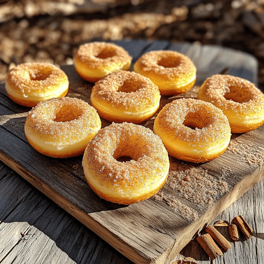 - 1 cup all-purpose flour - 1/2 cup granulated sugar - 1 1/2 teaspoons baking powder - 1/4 teaspoon salt - 1/2 teaspoon cinnamon - 1/4 teaspoon nutmeg (optional) These main ingredients form the base of your donuts. The flour gives structure, while sugar adds sweetness. Baking powder helps the donuts rise, and salt balances the flavors. Cinnamon brings warmth, and nutmeg can add a nice hint of spice if you choose to use it. - 1/2 cup milk - 1 large egg - 2 tablespoons melted butter - 1 teaspoon vanilla extract The wet ingredients are crucial for moisture and flavor. Milk keeps the donuts soft. The egg acts as a binder, helping the dough hold together. Melted butter adds richness and a nice flavor. Vanilla extract enhances the taste of your donuts, making them extra special. - 1/4 cup granulated sugar (for coating) - 1 tablespoon cinnamon (for coating) This coating is what makes these donuts irresistible. The sugar adds sweetness, and cinnamon gives that classic flavor we all love. Rolling the warm donuts in this mixture creates a delightful crunch and a sweet finish. For the complete method, check the Full Recipe. 1. Preheating the air fryer: Start by preheating your air fryer to 350°F (175°C). This ensures even cooking for your donuts. 2. Mixing dry and wet ingredients: In a large bowl, combine the flour, granulated sugar, baking powder, salt, and cinnamon. Stir these dry ingredients well. In another bowl, mix the milk, egg, melted butter, and vanilla extract. Combine the wet mixture into the dry mixture. Stir gently until a dough forms. Avoid overmixing. 1. Rolling out the dough: Lightly dust your countertop with flour. Take the dough and roll it out to about 1/2 inch thick. 2. Cutting out donut shapes: Use a donut cutter or two round cutters to shape your donuts. If you don't have a donut cutter, a larger round cutter for the outer shape and a smaller one for the hole work well. Gather any scraps and reroll them to cut out more donuts. 1. Air frying process: Place the shaped donuts in your air fryer basket. Make sure they don't touch to allow for good air circulation. You may need to cook them in batches. 2. Cooking time and temperature: Cook the donuts for about 5-6 minutes. Flip them halfway through for even cooking. They'll be done when they're golden brown. For the full recipe, refer to the earlier section. Enjoy your tasty creations! Common mistakes to avoid: One mistake is overmixing the dough. This makes the donuts tough. Mix just until you see no dry flour. Another error is not preheating your air fryer. Always preheat for even cooking. Also, do not skip the cinnamon sugar coating. It adds the perfect flavor. Ideal dough consistency: The dough should be soft but not sticky. It should hold its shape when you cut it. If it feels too sticky, add a little flour. If it is too dry, add a splash of milk. Ideal pairings: These donuts taste great with coffee or milk. The warm donuts melt in your mouth. They also pair well with a scoop of ice cream for dessert. Serving these donuts fresh vs. later: Serve them warm for the best taste. If you wait, the donuts may lose their softness. Reheat them in the air fryer for a few minutes to bring back their warmth. Additional spices or extracts to try: You can add vanilla or almond extract for more flavor. A pinch of cardamom gives a nice twist. Try adding a bit of pumpkin spice for fall. Creative toppings: Get creative! Add a glaze or drizzle melted chocolate on top. You can also sprinkle nuts or coconut flakes. For a fruity touch, try a berry jam dip. For the full recipe, check out the section above and enjoy making these delightful treats! {{image_2}} You can easily change the flavor of your air fryer donuts. Here are two fun ideas: - Chocolate glazed donuts: Mix in cocoa powder to your dough. After cooking, dip them in melted chocolate. Let them cool before serving. - Maple-flavored donuts: Swap out vanilla with maple extract. Coat the cooked donuts in a maple glaze for a sweet twist. These flavors give a new taste to your classic recipe. Want to adjust your donuts for different diets? Here are some easy options: - Gluten-free options: Use gluten-free flour to make your donuts. This works well and keeps them soft. - Vegan alternatives: Replace the egg with flaxseed meal mixed with water. Use plant-based milk and vegan butter for a tasty treat. These modifications let everyone enjoy your donuts. Make your donuts fit the season with these ideas: - Pumpkin spice donuts for fall: Add pumpkin puree and spices like nutmeg. This gives a warm, cozy flavor perfect for autumn. - Lemon zest for a fresh twist: Mix in fresh lemon zest for a bright taste. This is great for spring or summer. These seasonal changes keep your donuts exciting all year round. For the full recipe, check out the Air Fryer Cinnamon Sugar Donuts ! To keep your air fryer cinnamon sugar donuts fresh, store them in an airtight container. This helps them stay soft and tasty. The best temperature for storage is room temperature. Avoid the fridge, as it can make them dry. When you want to enjoy your donuts again, the air fryer is the best way to reheat them. Set your air fryer to 350°F (175°C) and heat for about 2-3 minutes. If you don’t have an air fryer, you can use a microwave. Heat them for about 10-15 seconds. Just remember, they won't be as crispy. If you want to save some for later, you can freeze them. Wrap each donut tightly in plastic wrap. Then, place them in a freezer bag. When you are ready to eat them, take them out and let them defrost at room temperature. To keep the texture nice, reheat them in the air fryer after defrosting. This way, they’ll taste fresh and warm. Air fryer donuts stay fresh for about 2 to 3 days at room temperature. Store them in an airtight container to keep them soft. You can also refrigerate them for up to a week, but this may change the texture. For longer storage, freeze them for up to 3 months. Yes, you can use different types of flour. Whole wheat flour works well if you want more fiber. Almond flour or coconut flour can be good for gluten-free options, but they may change the texture. Start with a 1:1 ratio for substitutions and adjust as needed. If your donuts are too dense, you might have overmixed the dough. Gently mix the wet and dry ingredients until just combined. Another tip is to ensure your baking powder is fresh. If it’s old, it may not create enough lift in your donuts. Yes, you can make these donuts gluten-free! Use a gluten-free flour blend instead of all-purpose flour. Look for blends that include xanthan gum, as it helps with texture and rise. Double-check that all other ingredients are gluten-free as well. To make your donuts fluffier, try these tips: - Use fresh baking powder. - Do not overmix the dough. - Allow the dough to rest for 10 minutes before shaping. - Make sure your air fryer is preheated properly. For more details, check the Full Recipe. You now know how to make tasty air fryer donuts. We covered the key ingredients, step-by-step instructions, and great tips. You learned how to store and reheat them to keep them fresh. Also, we talked about fun flavor variations and ways to enhance each bite. Donuts can be a simple delight with this guide. So, gather your ingredients and start baking. Enjoy making these treats for yourself or share them with loved ones.