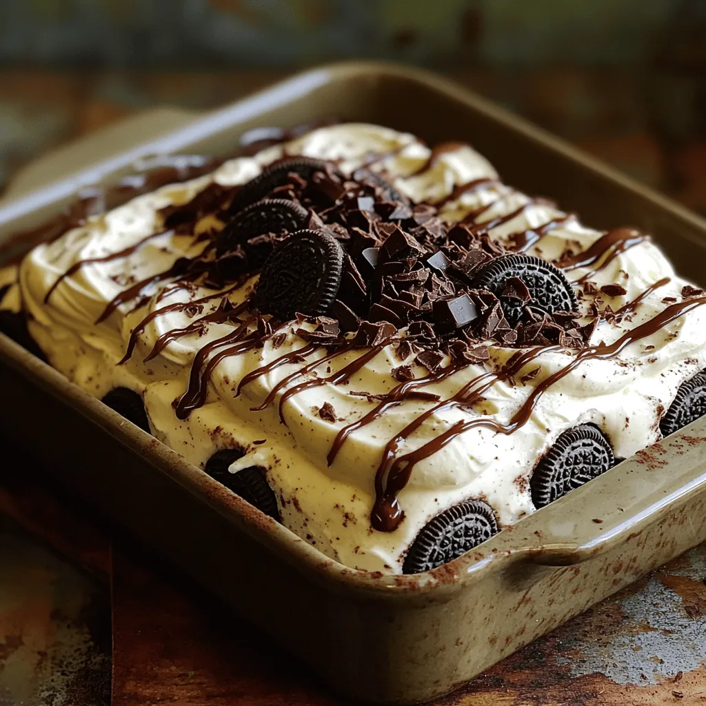 - 2 cups heavy cream - 1 cup powdered sugar - 1 teaspoon vanilla extract - 2 tablespoons instant coffee granules - 1 cup milk - 24 Oreo cookies - 1/2 cup chocolate syrup - Optional: Chocolate shavings and crushed Oreos for garnish To make Mocha Oreo Icebox Cake, you need simple ingredients. Each one plays a key role in bringing flavor and texture to your dessert. Heavy cream is the star here. When whipped, it becomes light and fluffy. This creates the cake's creamy layers. Powdered sugar sweetens the cream, making it rich and delicious. Vanilla extract adds depth. It enhances the other flavors and makes each bite taste better. Instant coffee granules bring a strong coffee taste. This is what gives the cake its mocha flavor. Milk helps soften the Oreo cookies. You want them to soak just enough without getting soggy. The Oreo cookies are the base of this dessert. Their chocolatey goodness complements the cream perfectly. Chocolate syrup adds a sweet touch. You’ll drizzle it between layers for extra chocolate flavor. Optional garnishes like chocolate shavings and crushed Oreos add fun and flair. They make your cake look fancy and tasty. Gather these ingredients before you start. Having everything ready makes the process easy and fun. For the full recipe, check out the instructions that follow. 1. Whip the cream Start by pouring the heavy cream into a large mixing bowl. Use an electric mixer to whip the cream until soft peaks form. This step is key for a fluffy texture. 2. Combine milk with crushed Oreos In another bowl, mix the milk with a few crushed Oreos. This adds a rich flavor to the cake. Crush them gently so they blend well. 3. Soak Oreos in milk Take the Oreo cookies and dip each one into the milk for about 2-3 seconds. Make sure they soak just enough, but not too soggy! You want them soft but still holding their shape. 4. Layering the ingredients in a baking dish Use a 9x9-inch baking dish. Begin with a layer of soaked Oreos at the bottom. Then, spread a layer of the whipped cream mixture over the Oreos. Drizzle some chocolate syrup on top. Repeat this layering until you use all the ingredients. Finish with a layer of whipped cream. 5. Refrigeration time Cover the dish with plastic wrap. Place it in the fridge for at least 4 hours, or overnight if you can wait. This helps all the flavors meld together and sets the cake perfectly. For the full recipe, you can check the details above. Enjoy this easy and tasty dessert! To get the right texture, whip the cream until stiff peaks form. This step is key for a fluffy cake. When you whip the cream, take your time. It should be thick and hold its shape well. Soaking the Oreos is also important. Dip each Oreo in the milk for just 2-3 seconds. If you soak them too long, they can get mushy. You want them soft but still holding their shape. Timing for refrigeration matters too. I suggest letting your cake chill for at least 4 hours. Overnight is even better for the best taste and texture. It allows the flavors to blend and the cake to set nicely. For garnishing, use chocolate shavings and crushed Oreos. They add a nice touch and look great. You can sprinkle them on top right before serving for a fresh look. When serving, cut the cake into squares. This makes it easy to dish out. You can also serve it with a drizzle of extra chocolate syrup on the plate. This adds a pop of flavor and makes it look fancy. Enjoy your Mocha Oreo Icebox Cake! {{image_2}} You can switch up the cookies for fun. Try using chocolate Oreos for a richer taste. If you want a dairy-free option, use coconut cream instead of heavy cream. For flavor, you can change mocha to vanilla. Each choice gives a new twist to the classic cake. Scaling the recipe helps for big events. You can double all the ingredients to make a larger cake. For smaller servings, try using cups instead of a large dish. Layer the ingredients in cups for a cute, individual treat. This way, everyone can enjoy a personal portion. To keep your Mocha Oreo Icebox Cake fresh, cover it tightly with plastic wrap. Place it in the fridge right after serving. This helps keep the flavors intact. Your cake stays fresh for up to three days. After that, the texture may change, and the Oreos can become too soft. If you want to save some cake for later, freezing is a great choice. Wrap the cake tightly in plastic wrap and then in aluminum foil. This will prevent freezer burn. You can freeze it for up to a month. When you're ready to enjoy your cake again, move it to the fridge for several hours to thaw. This allows it to regain its creamy texture. Enjoy your delicious treat whenever you like! You can find the full recipe for this cake [here](#). Can I make this cake ahead of time? Yes, you can make this cake ahead of time. I recommend making it a day before you plan to serve it. This gives the flavors time to blend, and the texture will be even better. Just cover it well and store it in the fridge. How do I make it less sweet? To make it less sweet, reduce the amount of powdered sugar. You can also use less chocolate syrup. Both changes will help balance the sweetness. If you enjoy coffee flavor, add a bit more instant coffee for depth. What can I use instead of instant coffee? If you want to skip instant coffee, you can use brewed coffee. Just let it cool first. You can also try espresso powder for a stronger flavor. Adjust the amount based on your taste. Why isn’t my whipped cream thickening? If your whipped cream isn't thickening, the heavy cream may be too warm. Make sure it is cold before whipping. Also, check that you're using heavy cream, not light cream. Adding a bit of cornstarch can help stabilize it. How do I fix a soggy cake layer? To fix a soggy layer, reduce the soaking time of the cookies. If the cake is already made, try placing it in the fridge to firm up. You can also add a layer of crushed Oreos on top to absorb some moisture. Can I use other types of chocolate syrup? Yes, you can use different types of chocolate syrup. Dark chocolate syrup will give a richer flavor. You can also try flavored syrups, like hazelnut, for a twist. Just ensure it matches the overall taste. This blog covered the key ingredients, steps, and tips to make a delicious cake. I shared ways to enhance texture and presentation. You can also explore recipe variations and storage options. Remember, you can adjust serving sizes based on your needs. With these tips, you'll create a tasty treat that everyone will enjoy. So, roll up your sleeves and get baking. You’ve got this!