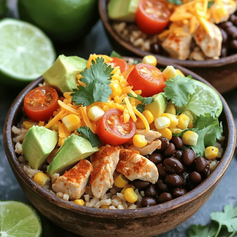 - 2 cups cooked brown rice - 1 lb boneless, skinless chicken breast, diced - 1 can (15 oz) black beans, rinsed and drained - 1 cup corn (fresh, frozen, or canned) - 1 cup cherry tomatoes, halved - 1 avocado, diced - 1/2 cup shredded cheddar cheese These main ingredients give the Loaded Chicken Burrito Bowls their tasty base. The brown rice adds fiber and nutrients. The chicken breast is a great source of lean protein. Black beans bring heartiness and extra protein. Corn adds sweetness and crunch. Cherry tomatoes boost freshness, while avocado offers creaminess. Finally, shredded cheddar cheese ties everything together with its rich flavor. - 1 tablespoon olive oil - 1 tablespoon taco seasoning - Salt and pepper to taste The olive oil helps cook the chicken and adds a nice flavor. Taco seasoning gives the chicken a bold taste, making it the star of the dish. Salt and pepper enhance all the flavors. You can easily adjust these seasonings to match your taste. - Sour cream - Salsa - Jalapeños - Fresh cilantro - Lime wedges These optional toppings let you customize your burrito bowls. Sour cream adds creaminess. Salsa brings a tangy kick. Jalapeños add heat for spice lovers. Fresh cilantro gives a burst of freshness. Lime wedges offer a zesty finish. Feel free to mix and match based on what you like! For the full recipe, check out the Loaded Chicken Burrito Bowls. First, you need to cook the brown rice. Follow the package steps for best results. It usually takes about 15-20 minutes. While the rice cooks, you can start dicing the chicken. Cut it into small, even pieces. This helps it cook evenly. Next, prepare your vegetables. Halve the cherry tomatoes and dice the avocado. Set them aside for assembly. Now, heat the olive oil in a large skillet over medium heat. Add the diced chicken to the skillet. Sprinkle the taco seasoning over the chicken. Don’t forget to add salt and pepper too. Cook the chicken for about 6-8 minutes. Stir it often. You want the chicken to turn golden brown and be fully cooked. In a large bowl, mix together the black beans, corn, and halved cherry tomatoes. Stir gently to combine these tasty ingredients. Once the chicken is cooked, add it to the bowl with the beans and corn. Mix everything together well. To build your burrito bowls, divide the cooked brown rice among four bowls. Top each bowl with the chicken mixture. Add diced avocado, shredded cheddar cheese, and chopped cilantro for extra flavor. Serve with lime wedges and any optional toppings you like. Check out the Full Recipe for more details! - To ensure chicken is fully cooked, check its temperature. It should reach 165°F. - For the best flavor, use fresh taco seasoning. Mix in salt and pepper for balance. - You can grill or bake the chicken for a smoky taste. Grilling adds nice char marks. - Present the bowls with a sprinkle of fresh cilantro on top. It adds a pop of color. - Pair your burrito bowls with tortilla chips and a refreshing drink. I suggest iced tea. - Customize portion sizes based on your hunger. Use smaller bowls for snacks or larger ones for meals. - Avoid overcooking the chicken. It can turn dry and tough. Use a timer to help. - Do not skip steps in preparation. Each step adds flavor and texture. - Always check your ingredients. Using stale items can ruin your meal's taste. These tips will help you create the best Loaded Chicken Burrito Bowls. Enjoy the fun of cooking! For the full recipe, check the earlier section. {{image_2}} You can switch the chicken for beef or tofu. This change brings new flavors. If you want a vegetarian or vegan meal, go for tofu or beans. They add protein without meat. You can also add shrimp for a tasty twist. Shrimp cooks fast and brings a nice texture. If you're looking for low-carb options, try cauliflower rice. It has a similar look and taste. Quinoa is another great choice. It has a nutty flavor and is packed with protein. Brown rice is also healthy and filling. Choose what fits your diet best. Spices make a big difference. You can add cumin, paprika, or chili powder for more depth. Try unique toppings like pineapple salsa for a sweet touch. This adds freshness and zest. You can also craft regional variations. For example, use Southwest flavors with chipotle and lime. The options are endless! For the complete instructions and more ideas, check out the Full Recipe. To store your loaded chicken burrito bowls, place leftovers in a sealed container. Make sure the container is airtight to keep the food fresh. You can safely refrigerate them for up to three days. After that, the taste and texture may decline. Before storing, let the meal cool down. This helps avoid condensation, which can make food soggy. If you want to keep your burrito bowls longer, freezing is a great option. I recommend freezing the chicken, beans, and corn separately. This way, you can mix and match later. Use freezer-safe bags or containers. Be sure to remove as much air as possible to prevent freezer burn. When you are ready to eat, thaw the components in the fridge overnight for best results. Avoid quick thawing in the microwave, as it can change the texture. You can reheat your burrito bowls in two main ways: microwaving or using the oven. Microwaving is quick. Place the bowl in the microwave and heat for about 2-3 minutes, stirring halfway through. For oven reheating, preheat the oven to 350°F (175°C). Place the bowl in an oven-safe dish and cover it with foil. Heat for about 15-20 minutes. This method keeps the meal crispy. To refresh the taste, squeeze some fresh lime juice on top after reheating. This adds brightness and flavor. Enjoy your delicious meal again! Cooking these bowls is quick and easy! Here’s the breakdown: - Prep time: 15 minutes - Cook time: 15 minutes - Total time: 30 minutes You will spend about 6-8 minutes cooking the chicken. Meanwhile, you can prepare the rice and chop the veggies. This makes it easy to have a delicious meal in no time! Yes, you can! Meal prepping makes life simpler. Here are some tips: - Cook the chicken and rice: Make these ahead and store them in the fridge for up to 4 days. - Store toppings separately: Keep toppings like avocado and cheese aside. Add them fresh when you serve. - Use airtight containers: This helps keep everything fresh. Meal prepping saves time and helps you enjoy these tasty bowls later! If you don’t have taco seasoning, you have options! Here are some easy swaps: - Homemade spice blend: Mix chili powder, cumin, garlic powder, and paprika. - Cajun seasoning: Adds a nice kick! - Curry powder: For a different flavor twist. Feel free to get creative with your spices! Experimenting can lead to new favorites. Check out the Full Recipe for more ideas! You learned how to make loaded chicken burrito bowls with fresh ingredients. We covered the main components, cooking steps, and tips for best results. Remember to adjust flavors to your liking and explore variations. You can customize your bowls for any taste. Enjoy making and sharing this meal with family and friends. With time, you'll perfect your technique and have fun experimenting with flavors. Dive in and make your next meal special!