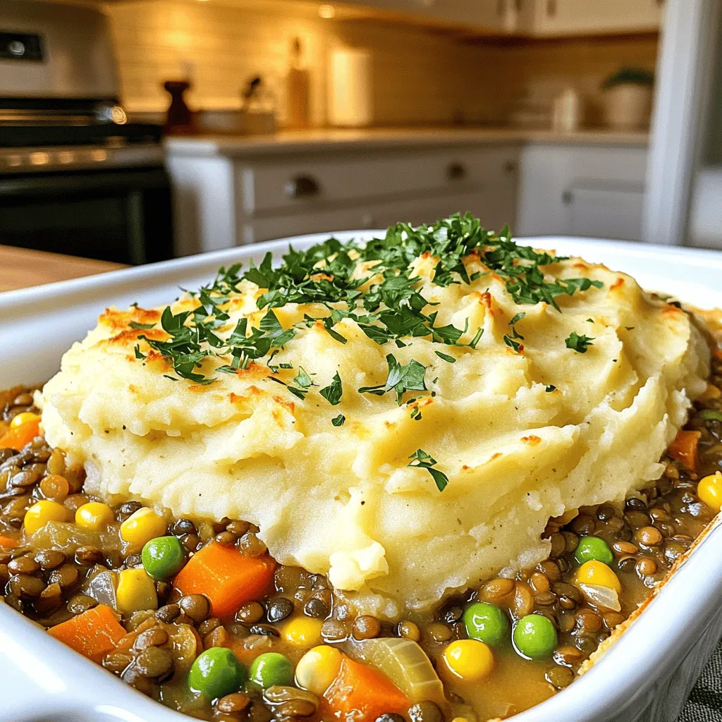 For a tasty Vegan Lentil Shepherd’s Pie, start with lentils. I use either green or brown lentils. They are packed with protein and fiber. You will need 1 cup of rinsed lentils. The lentils give the pie its hearty base. They absorb flavors well and create a satisfying texture. Next, let’s add some vegetables. You will need: - 1 medium onion, diced - 2 cloves garlic, minced - 2 medium carrots, diced - 1 cup frozen peas - 1 cup corn (fresh or frozen) These veggies add color and nutrients. The onion and garlic bring great flavor. I also use herbs to enhance the taste. You’ll want: - 1 teaspoon dried thyme - 1 teaspoon dried rosemary These herbs give the pie a warm, earthy taste. For the topping, I use mashed potatoes. You will need: - 4 large potatoes, peeled and cubed - 1/4 cup almond milk (or any plant-based milk) - 2 tablespoons nutritional yeast (optional for cheesy flavor) - Salt and pepper, to taste The potatoes create a creamy layer on top. The almond milk makes them smooth. You can add nutritional yeast for a cheesy touch. Lastly, season everything with salt and pepper to suit your taste. This mix of ingredients makes a filling and fun dish. For the full recipe, check out the steps to make this Vegan Lentil Shepherd’s Pie. To start, heat a large saucepan over medium heat. Add 2 tablespoons of olive oil. Once hot, toss in 1 medium diced onion and 2 minced garlic cloves. Sauté them for about 3-4 minutes. You want them to be soft and fragrant. Next, add 2 diced medium carrots. Cook for another 3-4 minutes until they soften. Then, stir in 1 cup of rinsed green or brown lentils. Pour in 3 cups of vegetable broth and add 2 tablespoons of tomato paste. Mix in 2 teaspoons of soy sauce, 1 teaspoon of dried thyme, and 1 teaspoon of dried rosemary. Season with salt and pepper. Bring this mixture to a boil. After it boils, lower the heat and cover the pot. Let it simmer for 25-30 minutes, until the lentils are tender. While the lentils simmer, you can prepare the mashed potatoes. In a large pot, boil 4 cubed large potatoes in water until soft. This will take about 15-20 minutes. Once they are fork-tender, drain the potatoes and return them to the pot. Add 1/4 cup of almond milk and, if you like, 2 tablespoons of nutritional yeast for a cheesy flavor. Season with salt and pepper. Mash the potatoes until they are smooth and creamy. After the lentils are done cooking, stir in 1 cup of frozen peas and 1 cup of corn. Let them heat through for about 5 minutes, then turn off the heat. Now, preheat your oven to 400°F (200°C). In a baking dish, layer the lentil mixture first. Spread the mashed potatoes evenly on top, creating a nice seal. Bake the pie in the preheated oven for 20-25 minutes. You want the top to be slightly golden. Once baked, take it out and let it cool for a few minutes before serving. Enjoy this hearty meal! For the full recipe, check out the complete guide. To make the best mashed potatoes, start with the right potatoes. I prefer Yukon Gold for their creamy texture. After boiling, drain them well to remove excess water. Add almond milk slowly while mashing. This helps you control the creaminess. For extra flavor, mix in nutritional yeast. It adds a cheesy taste. Season with salt and pepper to your liking. To boost the flavor of the lentil filling, use fresh herbs when possible. Thyme and rosemary work well. You can also try adding a splash of red wine for depth. If you enjoy spice, sprinkle in some chili powder or smoked paprika. For a touch of sweetness, mix in a tablespoon of maple syrup. These little tweaks make a big difference. Cooking times may vary based on your stove and pan. Always check the lentils for tenderness after about 25 minutes. If they need more time, simmer longer. For mashed potatoes, test with a fork. They should be soft enough to mash easily. If you find they are still firm, boil for a few more minutes. Adjusting these times ensures perfect results every time. {{image_2}} You can switch out lentils for chickpeas or black beans. Both add protein and flavor. If you want a spicier kick, try adding diced jalapeños. For a smoky taste, use smoked paprika instead of regular paprika. If you lack tomato paste, crushed tomatoes work well too. Adjust the soy sauce to your taste. You can also try coconut aminos for a gluten-free option. Feel free to add more veggies to your pie. Chopped bell peppers bring sweetness. Zucchini adds moisture. Spinach or kale boosts nutrients. You can also mix in mushrooms for a meaty texture. Just be sure to chop the veggies small. This helps them cook evenly with the lentils. While mashed potatoes are classic, you can try different toppings. Cauliflower mash is a lower-carb option. Sweet potatoes give a sweet twist. For a crunchy top, sprinkle breadcrumbs mixed with herbs. You can also add vegan cheese on top for a cheesy flavor. These swaps keep your shepherd’s pie exciting. For more ideas, check the Full Recipe. To store leftovers, let the pie cool first. Place it in an airtight container. You can keep it in the fridge for up to four days. If you expect it to last longer, consider freezing it. Reheat the shepherd’s pie in the oven for best results. Preheat your oven to 350°F (175°C). Cover the pie with foil to keep it moist. Heat for about 20-25 minutes. You can also use a microwave. Just heat it in a bowl for a few minutes until hot. To freeze the shepherd’s pie, cool it completely first. Cut it into portions and wrap each in plastic wrap. Then, place the wrapped portions in a freezer-safe bag. This way, you can enjoy it for up to three months. When ready to eat, thaw overnight in the fridge before reheating. For full details, check the Full Recipe. Yes, this Vegan Lentil Shepherd's Pie can be gluten-free. The key is to use gluten-free soy sauce or tamari. Always check labels on your ingredients to ensure they are gluten-free. The lentils and vegetables in the recipe are naturally gluten-free. You can use various lentils in this recipe. Green and brown lentils work best. They hold their shape well during cooking. Red lentils may cook too soft and lose some texture. If you choose a different type, adjust the cooking time as needed. This Vegan Lentil Shepherd's Pie is tasty with a few side dishes. A fresh green salad adds crunch and brightness. Roasted vegetables bring out the savory flavors of the pie. Serve it with crusty bread for a hearty meal. Check the Full Recipe for more ideas and details! This blog covered how to make a delicious Vegan Lentil Shepherd's Pie. We explored key ingredients like lentils and vegetables and shared tips for creamy mashed potatoes. You learned how to prep and assemble your dish, making it easy and tasty. Remember, you can adjust ingredients and toppings to suit your taste. Leftovers are simple to store and reheat. Enjoy finding your own twist on this classic meal. Dive into cooking and make it your own!