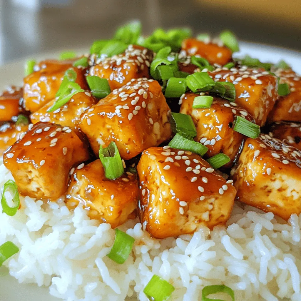 - 1 block (14 oz) firm tofu, pressed and drained - 1/2 cup cornstarch - 3 tablespoons vegetable oil - 1/4 cup honey - 2 tablespoons soy sauce - 4 cloves garlic, minced - 1 teaspoon fresh ginger, grated - 1 tablespoon sesame seeds - 2 green onions, sliced - Salt and pepper to taste - Skillet or frying pan - Shallow dish - Tongs or spatula - Paper towels When making crispy honey garlic tofu, I always focus on the ingredients first. Firm tofu works best here. Press it to remove extra water. This helps the tofu crisp up nicely. Cornstarch is key. It gives the tofu a crunchy coat. You'll need vegetable oil for frying. This helps achieve that golden-brown color. Honey adds sweetness. It balances the salty soy sauce. Garlic and ginger bring great flavor. Fresh herbs like green onions add a pop of color. For cooking, a skillet or frying pan is your best friend. A shallow dish helps when coating the tofu. Tongs or a spatula make flipping easy. Keep paper towels on hand to drain excess oil. This simple list makes cooking easy. Check the [Full Recipe] for all details and steps. First, cut your pressed tofu into bite-sized cubes. Aim for about 1-inch pieces. This size helps the tofu cook evenly and get crispy. Next, take a shallow dish and spread the cornstarch in it. Sprinkle a pinch of salt and pepper into the cornstarch to add flavor. Toss your tofu cubes in the cornstarch. Make sure each piece is well-coated. Shake off any excess cornstarch. This step is key for that perfect crunch. Now, grab a large skillet and heat the vegetable oil over medium-high heat. Once the oil is hot, add the tofu cubes in a single layer. Sauté the tofu for about 5 to 7 minutes. Turn the cubes occasionally to get all sides golden and crispy. When done, remove the tofu from the skillet and place it on a plate lined with paper towels. This helps absorb any extra oil. In the same skillet, lower the heat to medium. Add the minced garlic and grated ginger, sautéing them for about 1 minute. Their aroma will fill your kitchen! Pour in the honey and soy sauce, stirring well. Cook this mixture for 2 to 3 minutes until it thickens slightly. Now, return the crispy tofu to the skillet. Toss it gently in the honey garlic sauce until well-coated. This step ensures every piece is packed with flavor. Remove from heat and sprinkle sesame seeds and sliced green onions on top. This adds a lovely crunch and freshness. You can serve this crispy honey garlic tofu over a bed of steamed jasmine rice or quinoa. For an extra touch, add more green onions and sesame seeds. Enjoy your meal! You can find the Full Recipe for more details. To get crispy tofu, start by pressing it. Pressing removes extra water. This helps the tofu soak up flavors and crisp up nicely. Use a tofu press or wrap the block in a clean towel. Place a heavy object on top for about 15 minutes. Next, coat the tofu with cornstarch. This is key for crispiness. Use a shallow dish to spread the cornstarch evenly. Toss the tofu in the cornstarch until each piece is coated. Shake off any extra cornstarch before cooking. You can boost the flavor of the dish easily. Try adding spices like chili powder or smoked paprika. This gives your tofu a nice kick. You can also change the sauce by adding a splash of lime juice or sesame oil. Fresh herbs can take your dish to the next level. Chopped cilantro or basil adds brightness. Sprinkle these on right before serving for the best taste. Presentation matters! Serve your crispy honey garlic tofu over rice or quinoa. This adds a nice base and makes the dish look appealing. For garnishing, sprinkle more green onions and sesame seeds on top. You can even add some sliced cucumbers or radishes on the side for color. These small touches make your meal special and inviting. For the complete recipe, check out the Full Recipe section. {{image_2}} If you're looking to make this dish gluten-free, swap soy sauce for tamari. Tamari has a similar taste without gluten. For a vegan option, you can replace honey with maple syrup or agave nectar. Both will add a nice sweetness without any animal products. You can use different types of tofu based on your taste. Silken tofu gives a softer texture, while extra-firm tofu will be crunchier. If you want to change up the sauce, try hoisin or teriyaki sauce instead of honey and soy sauce. This will give your tofu a unique flavor twist. You can bake the tofu for a healthier option. Just coat the tofu in oil and cornstarch, then bake at 400°F for 25 minutes, flipping halfway. Air frying is another great choice. It cooks the tofu quickly and keeps it crispy without much oil. Just set your air fryer to 375°F for about 15 minutes. Feel free to explore these variations to find your perfect crispy honey garlic tofu recipe! For the full recipe, check out the section above. To store your crispy honey garlic tofu, let it cool first. Place leftovers in an airtight container. This keeps the tofu fresh and prevents it from drying out. Use a glass or plastic container with a lid for best results. To reheat tofu, use a skillet or oven. Heat a little oil in a skillet and add the tofu. Cook it over medium heat until it’s warm and crispy. If you use the oven, preheat to 350°F and bake for about 10-15 minutes. This keeps the crispy texture intact. You can store crispy honey garlic tofu in the fridge for up to 3 days. Check for spoilage by looking for any off smells or changes in texture. If it feels slimy or has an unusual odor, it’s best to throw it away. Enjoy your crispy honey garlic tofu while it’s fresh for the best taste. It takes about 15 minutes to prep and 15 minutes to cook. The total time is 30 minutes. This is quick, making it great for busy nights. Yes, you can freeze crispy honey garlic tofu. To freeze, let it cool completely. Place it in an airtight container. It will last up to 3 months. When ready to eat, thaw it in the fridge overnight. Reheat in the oven to keep it crispy. You can serve crispy honey garlic tofu with: - Steamed jasmine rice - Quinoa - Stir-fried vegetables - A simple green salad These sides balance the flavors and make a full meal. To make the honey garlic sauce vegetarian, use maple syrup as a substitute for honey. You can also try agave nectar or brown rice syrup. These options keep the sauce sweet and tasty. In this post, we explored how to make crispy honey garlic tofu. You learned about essential ingredients, equipment needed, and step-by-step instructions to achieve perfect results. We also provided tips for flavor and presentation, along with variations to suit different diets. Remember, pressing tofu and using cornstarch are key for crispiness. With the right techniques, you can create a delicious dish that pleases everyone at your table. Enjoy your cooking journey and make this meal a standout dish!