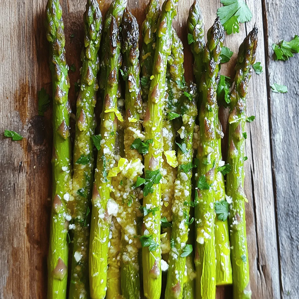- Fresh asparagus - Garlic - Olive oil - Lemon zest and juice - Seasonings To make Garlic Lemon Asparagus, you need fresh asparagus. Look for firm, bright green stalks. They should snap when bent. Next, grab some garlic. Four cloves minced will give a great flavor. Olive oil adds richness. Use two tablespoons to coat the asparagus. Lemon zest adds zing, while lemon juice brightens the dish. Don’t forget seasonings like salt and black pepper to taste. - Red pepper flakes - Grated Parmesan cheese - Fresh parsley for garnish For a little heat, add red pepper flakes. Just a pinch will do! Grated Parmesan cheese gives a creamy touch. Sprinkle it on in the last minutes of roasting. Fresh parsley adds a pop of color and freshness. You can use it as a garnish when serving. For the full recipe, check out the details and instructions in the [Full Recipe]. Start by rinsing the asparagus under cold water. This step removes any dirt or grit. Next, you need to trim the woody ends. These parts are tough and not pleasant to eat. You can snap them off with your hands or cut them with a knife. I prefer snapping, as it is quick and fun! To make the marinade, gather a small bowl. Combine minced garlic, olive oil, lemon zest, lemon juice, salt, black pepper, and red pepper flakes if you want some heat. Mix these ingredients well. This marinade is the key to great flavor. You can adjust the lemon juice and garlic to fit your taste. If you love lemon, add more juice! Now, preheat your oven to 400°F (200°C). Spread the asparagus on a baking sheet. Pour the marinade over them and toss to coat. Arrange the asparagus in a single layer. This helps them cook evenly. Roast for 12 to 15 minutes. Stir halfway through for even cooking. When they're done, they should be tender and slightly charred. If you like, sprinkle grated Parmesan cheese in the last two minutes of roasting. This adds a nice touch! Enjoy your Garlic Lemon Asparagus! For the complete recipe, check the Full Recipe. To get the best roast, you need to think about the thickness of the asparagus. Thicker stalks take longer to cook than thin ones. Aim for 12-15 minutes in the oven. For thin asparagus, check after 10 minutes. To check if your asparagus is done, look for a bright green color and slight char. Use a fork to poke the stalks. They should be tender but not mushy. You can boost the flavor with different herbs. Try thyme or basil for a twist. For even more brightness, add a splash of orange juice or lime along with the lemon. It gives a fresh taste. When plating, arrange the asparagus in a nice line or a fan shape. This makes it look inviting. You can also sprinkle some lemon zest on top for a pop of color. Garnish with fresh parsley or even toasted nuts for a crunchy touch. It adds flavor and looks great on the plate. For the full recipe, check out the full recipe section. {{image_2}} Adding cheese makes this dish even richer. For a creamy touch, sprinkle grated Parmesan on top. It melts nicely during the last minutes of roasting. Other great choices include Pecorino Romano or a soft goat cheese. These cheeses add a unique flavor twist. You can mix and match to find your favorite! To add some heat, try different chili flakes. You can use red pepper flakes, or even go for crushed serrano peppers. Start with a small amount, then taste it. Balance the heat with the lemon's brightness and the garlic's boldness. This mix creates a tasty contrast that makes your taste buds dance! Grilling gives asparagus a smoky flavor. First, preheat your grill to medium-high heat. Toss the asparagus in olive oil, lemon juice, and garlic. Then, place them directly on the grill. Cook for 8 to 10 minutes. Turn them halfway for even grilling. You want them tender with nice grill marks. Grilled asparagus pairs well with summer meals. For a fun twist, serve it with a squeeze of fresh lemon juice. For the full recipe, check out the Zesty Garlic Lemon Asparagus! To keep leftover asparagus fresh, place it in the fridge. Wrap it in a damp paper towel and then put it in a plastic bag. This helps maintain moisture. Asparagus lasts about 3 to 5 days in the fridge. Check for any slimy texture or a strong smell; these are signs that it has spoiled. Reheating asparagus can be tricky. You want to keep it tender, not mushy. The best way to reheat is in the oven. Preheat your oven to 350°F (175°C) and place the asparagus on a baking sheet. Heat for about 5 minutes. If you use a microwave, do it in short bursts. Heat for 30 seconds at a time, checking the texture after each burst. This way, you keep your tasty garlic lemon asparagus delicious! For the full recipe, check out the complete guide. To prepare asparagus, start by rinsing it under cold water. This step removes dirt and debris. Next, trim the woody ends. You can snap them off or cut them with a knife. This makes the asparagus tender and easy to eat. For cooking, roasting is my favorite method. It brings out the natural sweetness. - Quick tips for trimming and cooking asparagus: - Rinse and trim the ends before cooking. - Roast at 400°F for a tender bite. - Toss with olive oil and seasonings for flavor. Yes, you can make Garlic Lemon Asparagus ahead of time. Just follow the recipe and let it cool. Store it in an airtight container in the fridge. It stays fresh for up to three days. When you are ready to eat, reheat it in the oven. This keeps the texture nice. - Tips for meal prep and storage: - Cook and cool asparagus fully before storing. - Use an airtight container to keep it fresh. - Reheat at a low temperature to maintain taste. Garlic Lemon Asparagus pairs well with many dishes. It complements grilled chicken, fish, or steak nicely. You can also serve it with pasta or rice for a hearty meal. The bright lemon flavor enhances rich main courses. - Suggested main courses and sides for a complete meal: - Grilled chicken breast or fish fillets. - Pasta tossed with olive oil and herbs. - Quinoa salad for a healthy side. For the full recipe, check the main section above. Enjoy cooking! In this post, we covered how to make Garlic Lemon Asparagus from start to finish. We explored essential and optional ingredients, step-by-step instructions, and helpful tips for perfect results. Try adding cheese or spice to change the dish’s flavor. Remember to store leftovers properly for later enjoyment. With these insights, you can enjoy a bright and tasty side dish. Simple changes can make your meals stand out. Enjoy your cooking adventure!