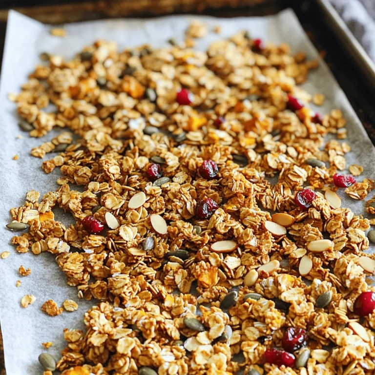 - 3 cups rolled oats - 1 cup pumpkin seeds - 1 cup almond slivers - 1/2 cup maple syrup - 1/4 cup coconut oil, melted - 1 cup dried cranberries - 1 tablespoon pumpkin pie spice - 1/2 teaspoon vanilla extract - 1/4 teaspoon salt This pumpkin spice granola recipe uses simple, wholesome ingredients. Rolled oats form the base. They give the granola a chewy texture. Pumpkin seeds add a nice crunch and are packed with nutrients. Almond slivers enhance the flavor and provide healthy fats. Maple syrup serves as a natural sweetener. It adds a rich, warm flavor. Coconut oil helps bind the mixture and adds a hint of sweetness. Dried cranberries bring a fruity touch. They balance the spices with their tartness. The real star is pumpkin pie spice. This mix of cinnamon, nutmeg, and ginger creates a warm, cozy aroma. Vanilla extract adds depth to the flavor. Finally, a touch of salt enhances all the tastes. You can find the full recipe above. Gather these ingredients to make a healthy snack. To make pumpkin spice granola, follow these steps carefully. Each step is simple and fun! 1. Preheat the oven: Start by preheating your oven to 325°F (165°C). This ensures your granola cooks evenly. 2. Prepare the baking sheet: Line a large baking sheet with parchment paper. This helps prevent sticking and makes cleanup easier. 3. Combine dry ingredients: In a big mixing bowl, mix together 3 cups of rolled oats, 1 cup of pumpkin seeds, 1 cup of almond slivers, and 1/4 teaspoon of salt. Stir well so everything blends nicely. 4. Whisk wet ingredients: In another bowl, whisk 1/4 cup of melted coconut oil, 1/2 cup of maple syrup, 1 tablespoon of pumpkin pie spice, and 1/2 teaspoon of vanilla extract. Make sure it’s well mixed. 5. Mix wet and dry ingredients: Pour the wet mixture over the dry ingredients. Stir until all the oats and seeds are coated. This is where the magic begins! 6. Spread on baking sheet: Evenly spread the granola mixture on the lined baking sheet. Try to keep it in one layer for even cooking. 7. Bake until golden brown: Bake for 25-30 minutes. Stir the granola every 10 minutes. This helps it toast evenly and turn a nice golden brown color. 8. Cool and add dried cranberries: Once baked, remove it from the oven. Let it cool completely on the baking sheet. It will get crunchy as it cools down. After it cools, stir in 1 cup of dried cranberries for a sweet touch. Now you have a delicious pumpkin spice granola! You can enjoy it as a snack or with yogurt. For the full recipe, check out the [Full Recipe]. To make the best pumpkin spice granola, follow these tips. First, toasting your granola evenly is key. Stir it every 10 minutes while baking. This helps it cook all the way through. If you skip this step, some parts may burn while others stay soft. Next, let's talk about crunchiness. To get that perfect crunch, bake your granola until it turns golden brown. This usually takes about 25 to 30 minutes. Let it cool completely after baking. It will harden as it cools. If you want extra crunch, you can break it into clusters after it cools. Finally, storing granola properly keeps it fresh. Use an airtight container to store it. Keep it at room temperature, away from moisture. It can last up to two weeks this way. If you notice it smells off or feels soft, it’s best to toss it out. For more details, check the Full Recipe. These tips will help you enjoy your tasty pumpkin spice granola! {{image_2}} You can easily change your pumpkin spice granola to fit your taste. Here are some fun ideas. - Nut-free alternatives: If you want a nut-free version, swap almond slivers for sunflower seeds. These seeds add crunch and are packed with nutrients. You can also use pumpkin seeds alone for a nut-free treat. - Adding chocolate or other dried fruits: Want to make it sweeter? Try adding dark chocolate chips or cacao nibs. The rich chocolate flavor pairs well with the spices. You can also mix in other dried fruits like raisins or apricots for extra flavor. - Spice adjustments for flavor preferences: If you love spices, add more pumpkin pie spice. You can also try cinnamon or nutmeg for a different taste. Adjust the spices to find your perfect blend. These variations make your pumpkin spice granola unique. Try these twists to change things up. For the full recipe, check out the complete instructions above. Enjoy the process! To keep your pumpkin spice granola fresh, store it in an airtight container. Glass jars work well, but plastic containers can also do the job. Make sure the lid seals tightly. This helps keep moisture out and preserves the crunch. Next, find a cool, dry spot for your granola. A pantry or a cupboard away from heat is ideal. Avoid places near the stove or in direct sunlight. Heat and light can cause the oils in the granola to spoil. Your granola can last up to two weeks at room temperature. If you see any signs of spoilage, like a strange smell or mold, toss it out. Freshness is key to enjoying the flavors of your pumpkin spice granola. For longer storage, consider placing it in the freezer. It can last up to three months when frozen! Just remember to let it thaw before eating. For the full recipe, check out the Pumpkin Spice Granola section above. How to make pumpkin spice granola gluten-free? To make this granola gluten-free, use certified gluten-free rolled oats. Check the label to be sure. All other ingredients in the recipe are naturally gluten-free. You can enjoy this snack without worry. Can I substitute ingredients in the recipe? Yes, you can! Swap almond slivers with walnuts or pecans. Use honey instead of maple syrup if you like. You can also use other dried fruits, like raisins or apricots, instead of cranberries. Feel free to get creative! What are the health benefits of pumpkin spice granola? Pumpkin spice granola is packed with nutrients. Rolled oats provide fiber, which helps digestion. Pumpkin seeds are rich in magnesium and zinc. Almonds add healthy fats. This snack fuels your body and keeps you satisfied longer. How do I serve pumpkin spice granola? Serve pumpkin spice granola as a topping on yogurt or oatmeal. You can enjoy it on its own as a snack. Add it to smoothies for a crunchy twist. It also makes a great addition to baked goods. Check out the Full Recipe for more ideas! This article guides you through making pumpkin spice granola. We covered essential ingredients and a simple step-by-step process. You learned tips for perfecting your granola and explored creative variations. Storage practices were discussed to keep your granola fresh. Make this recipe your own by adding personal touches. Enjoy your tasty granola made with wholesome ingredients. Feel free to experiment and share your results!