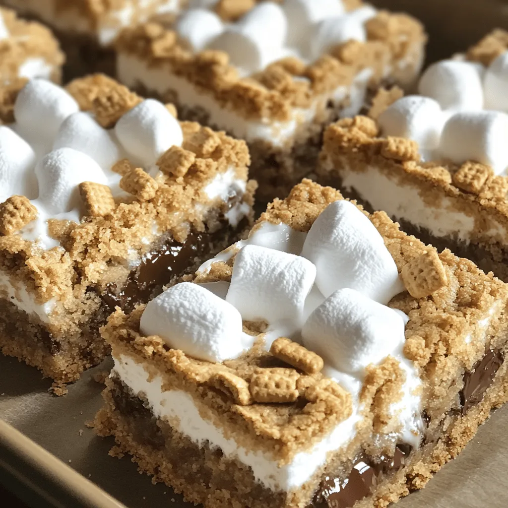 - 1 cup unsalted butter (softened) - 1 cup brown sugar - 1/2 cup granulated sugar - 2 large eggs - 2 teaspoons vanilla extract - 2 1/4 cups all-purpose flour - 1 teaspoon baking soda - 1/2 teaspoon salt - 1 cup graham cracker crumbs - 1 cup semi-sweet chocolate chips - 1 cup mini marshmallows - Additional chocolate chips and graham cracker pieces for topping Each ingredient plays a key role in making these cookie bars delicious. The butter adds richness and helps create a soft texture. Brown sugar gives a nice caramel flavor, while granulated sugar adds sweetness. The eggs bind the mix, making it hold together well. Vanilla extract brings out all the flavors. The flour provides structure. Baking soda helps the bars rise and become fluffy. Salt enhances the sweet flavors, making them pop. Graham cracker crumbs give that classic s'mores taste and texture. The chocolate chips and mini marshmallows add gooey sweetness and that campfire vibe we all love. For those with common allergens, you can make simple swaps. Use coconut oil for butter if you're dairy-free. Try gluten-free flour instead of all-purpose flour. This way, everyone can enjoy these tasty treats! For the full recipe, check out my detailed guide. First, preheat your oven to 350°F (175°C). Prepare a 9x13 inch baking pan by lining it with parchment paper. Leave a little overhang. This helps you lift the bars out easily. Next, in a large bowl, cream together 1 cup of softened unsalted butter, 1 cup of brown sugar, and 1/2 cup of granulated sugar. Mix until it looks light and fluffy. This step adds air to the mix, giving your bars a nice texture. Now, add in 2 large eggs, one at a time. Mix well after each egg. Then, add 2 teaspoons of vanilla extract. Make sure everything is well combined. In a separate bowl, mix 2 1/4 cups of all-purpose flour, 1 teaspoon of baking soda, 1/2 teaspoon of salt, and 1 cup of graham cracker crumbs. This graham cracker adds that classic s'mores flavor. Take care to whisk these dry ingredients well. This helps to ensure even mixing. Gradually add this dry mix into the wet ingredients. Stir gently until everything is fully combined. Avoid overmixing, as this can make the bars tough. Spread half of the cookie dough mixture evenly into your prepared baking pan. Press it down firmly. Next, sprinkle a layer of 1 cup of semi-sweet chocolate chips and 1 cup of mini marshmallows over the base. Take small spoonfuls of the remaining dough and flatten them out. Place them on top of the marshmallow-chocolate layer. It's okay if some of the filling shows through; it looks nice! For extra flavor, sprinkle some graham cracker pieces and more chocolate chips on top. This adds a nice crunch. Bake your bars for 25-30 minutes. Look for golden edges, and use a toothpick to check the center. It should come out mostly clean, but a few marshmallows may stick. Once baked, cool them in the pan for 10-15 minutes. Lift them out and cut into bars. Enjoy warm or at room temperature for the best experience! For the full recipe, refer to the earlier sections. To make perfect S'mores Cookie Bars, follow a few key steps. First, always preheat your oven to 350°F (175°C). This ensures your bars cook evenly. Line your baking pan with parchment paper. This makes removing the bars easy after baking. When mixing your dough, cream the butter and sugars until light and fluffy. This adds air and helps your bars rise nicely. Avoid overmixing your dough after adding the flour. Overmixing can make your bars tough. To check for doneness, insert a toothpick into the center of the bars. If it comes out mostly clean, your bars are ready. A few melted marshmallows may stick, but that’s fine. S'mores Cookie Bars taste best warm or at room temperature. Cut them into squares and serve them on a nice plate. For a fun twist, add a scoop of vanilla ice cream on top. The warm cookie and cold ice cream make a great pair. Pair these bars with cold milk, coffee, or hot chocolate. They also go well with desserts like brownies or fruit salads. One common mistake is overmixing the dough. Mix just until combined to keep the bars soft. Baking for too long can dry out your bars. Set a timer for 25 minutes, then check. If they look golden and a toothpick comes out mostly clean, they’re done. On the flip side, underbaking can leave the center gooey. Trust your instincts, and remember that a little practice makes perfect. For the full recipe, check out the details above. {{image_2}} You can make S'mores Cookie Bars even better with some fun twists. Adding nuts, like walnuts or pecans, gives a nice crunch. The nuts add flavor and texture. You can also use different types of chocolate. Try milk chocolate for a sweeter taste, dark chocolate for richness, or white chocolate for a creamy touch. Each choice changes the bars' flavor, making them a new treat every time. If you want a vegan version of S'mores Cookie Bars, it's easy to swap ingredients. Use plant-based butter and flax eggs instead of regular eggs. For gluten-free bars, choose gluten-free flour and gluten-free graham crackers. These swaps keep the yumminess while making the bars fit your diet. You can also change the bars for the seasons. For Christmas, add peppermint extract and crushed candy canes. This gives your bars a festive flavor and look. For summer, add fresh berries or a layer of lemon zest. This keeps the bars bright and refreshing. No matter the season, there’s a twist for everyone! For the full recipe, check out the detailed steps and enjoy making your S'mores Cookie Bars! To keep your S'mores Cookie Bars fresh, store them in an airtight container. This helps maintain moisture and flavor. I recommend using a glass or plastic container with a tight seal. Place a piece of parchment paper between layers if stacking. Store at room temperature for up to three days. If you want them to last longer, the fridge is a good option. Just remember, they may become a bit firmer when chilled. You can freeze S'mores Cookie Bars for later enjoyment. First, let them cool completely. Then, cut them into bars. Wrap each bar in plastic wrap, then place them in a freezer-safe bag. This prevents freezer burn. Label the bag with the date. To thaw, simply move the bars to the fridge overnight. You can reheat them in the microwave for about 10 seconds if you want them warm. S'mores Cookie Bars can last about one week at room temperature. If stored in the fridge, they may stay fresh for up to two weeks. Keep an eye on them for signs of spoilage. Look for a dry or hard texture, or any strange smells. If they seem off, it’s best to toss them. For the freshest experience, enjoy them within the first few days! Yes, you can make S'mores Cookie Bars ahead of time. To prep in advance, follow these tips: - Make the dough: You can mix the dough a day before. Keep it in the fridge. - Bake and store: Bake the bars, let them cool, then wrap them tightly. - Refrigerate: Store them in the fridge for up to a week. To know when the bars are done, look for these signs: - The edges should be golden brown. - The center will look slightly soft but not wet. - Insert a toothpick; it should come out mostly clean. Yes, you can use other cookie bases. Here are some ideas: - Chocolate chip cookies: A classic twist on the s'mores flavor. - Peanut butter cookies: Adds a nutty flavor that pairs well. - Oatmeal cookies: Gives a chewy texture and heartiness. Get creative with your leftover ingredients. Here are some fun ideas: - Graham cracker crumbs: Use them in pie crusts or as a topping for yogurt. - Chocolate chips: Add them to pancakes or oatmeal for a sweet touch. - Marshmallows: Roast them for hot chocolate or add to trail mix. You can find the full S'mores Cookie Bars recipe [here]. Enjoy making this sweet treat! In this post, we explored all you need to make delicious S'mores Cookie Bars. We covered ingredients, step-by-step baking, tips and tricks, and variations to delight your taste buds. Remember to store your bars properly for the best freshness. With these easy guidelines, you can create fun treats for any occasion. Whether you want a classic or a twist, these bars are sure to please everyone. Now, gather your ingredients and enjoy making these treats!