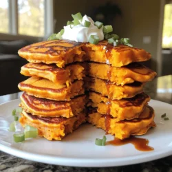 - 1 large sweet potato, peeled and grated - 1 cup all-purpose flour - 1 teaspoon baking powder - 1/2 teaspoon baking soda - 1/2 teaspoon salt - 1/4 teaspoon black pepper - 1 teaspoon garlic powder - 1/2 cup milk (whole or almond) - 1 large egg - 2 tablespoons olive oil - 1/4 cup green onions, finely chopped - 1/4 cup shredded cheese (cheddar or feta) When I make savory sweet potato pancakes, I focus on fresh ingredients. Each one adds to the flavor. Sweet potatoes are the star here. They give a nice sweetness and a lovely color. All-purpose flour is the base. It helps the pancakes hold together. Baking powder and baking soda make them fluffy. Salt and black pepper add a nice contrast. Garlic powder gives a warm depth. For the liquid, I use milk. You can use whole milk or almond milk. Both work well. The egg adds richness and helps bind everything. Olive oil not only adds flavor but helps with cooking. Green onions bring a fresh crunch. I love adding cheese for creaminess. Cheddar gives a strong taste, while feta adds a tangy kick. - Alternative flour options: You can use whole wheat flour or oat flour for a healthier twist. - Dairy-free milk options: Try coconut milk or soy milk if you're dairy-free. - Cheese variations: Cream cheese or goat cheese can be fun alternatives for a different flavor. Feel free to mix and match these ingredients based on what you have. This recipe is flexible, and that's part of the fun! You can find the full recipe above for the step-by-step guide to making these tasty pancakes. First, we mix the dry ingredients. In a large bowl, add the grated sweet potato, flour, baking powder, baking soda, salt, black pepper, and garlic powder. Stir well. This step ensures a good blend of flavors. Next, we combine the wet ingredients. In another bowl, whisk together the milk, egg, and olive oil. Mix until everything is smooth. This helps the pancakes stay moist. Now, we fold in the green onions and cheese. Pour the wet mix into the dry ingredients. Stir gently until just combined. Be careful not to overmix. The green onions and cheese add great flavor. Let's heat the skillet. Use a non-stick skillet and set it to medium heat. Lightly grease it with olive oil or cooking spray. This will prevent sticking. Now it's time to pour the batter. Use about 1/4 cup for each pancake. Pour it onto the hot skillet and spread it a bit. This helps them cook evenly. Cook for about 3-4 minutes. Look for bubbles on the surface. The edges should look set before you flip them. Then, cook for another 2-3 minutes on the other side until golden brown. For presentation, stack the pancakes on a plate. Serve them warm. Add a dollop of sour cream or Greek yogurt on top. Sprinkle extra green onions for color. A drizzle of hot sauce gives a nice kick. Enjoy your savory sweet potato pancakes with these tasty toppings! To make great savory sweet potato pancakes, the right ingredient ratios matter. You need enough flour to hold everything together. Too little flour can lead to soggy pancakes. Aim for a balance between the sweet potato and flour. Here are some tips to avoid soggy pancakes: - Grate the sweet potato finely. This helps it cook evenly. - Squeeze out extra moisture from the grated sweet potato. Use a clean towel to do this. - Avoid over-mixing the batter. Mix just until combined for fluffier pancakes. Adding spices or herbs can take your pancakes to the next level. Try adding fresh herbs like cilantro or parsley for a fresh taste. A pinch of cayenne pepper can add a nice kick. Pairing sides and beverages is also key. These pancakes go well with: - A side of crispy bacon or sausage. - A light salad for a fresh crunch. - A glass of fresh orange juice or herbal tea. For the full recipe, check out the steps above! {{image_2}} You can easily change the taste of your savory sweet potato pancakes. Adding jalapeños gives them a spicy kick. Just chop a few and mix them into the batter. This adds heat and flavor that many love. You can also add spinach or other veggies. Chopped spinach adds color and nutrients. Other choices include zucchini or bell peppers. These veggies keep the pancakes moist and tasty. You can mix and match to find your favorite combo. Serving these pancakes with different sauces can change everything. You can use yogurt or sour cream on top for creaminess. Greek yogurt adds protein and tang. You can also try avocado cream for a different twist. Homemade dipping sauces are another fun option. Mix some hot sauce with honey for a sweet and spicy dip. Or make a simple garlic sauce with yogurt, minced garlic, and lemon juice. These sauces add flavor and excitement to your meal. For the full recipe, you can check the earlier section. To store your leftover savory sweet potato pancakes, place them in an airtight container. Keep them in the fridge for up to three days. When you're ready to eat, reheat them in a skillet over medium heat. This helps keep them crispy. You can also microwave them for about 30 seconds, but they may lose some texture. If you want to freeze the pancakes, start by letting them cool completely. Then, stack them with parchment paper in between each one. Place the stack in a freezer-safe bag or container. This prevents them from sticking together. You can freeze them for up to two months. To thaw, just take them out of the freezer and place them in the fridge overnight. For a quick option, microwave them for about a minute or heat them in a skillet. Enjoy these tasty pancakes any time! You can use almond milk or oat milk. These options work well if you want a dairy-free pancake. You can also use water or vegetable broth for a different taste. Just remember, any liquid will change the flavor a bit. To make these pancakes gluten-free, swap the all-purpose flour for gluten-free flour. Many brands have great blends that work in pancakes. Just check the label to ensure it fits your needs. Yes, you can add protein easily. Try mixing in some protein powder or Greek yogurt. You could also add cooked and crumbled bacon or diced ham for a savory twist. To get crispy edges, make sure your skillet is hot. Use enough oil to coat the pan lightly. Let each pancake cook until bubbles form, then flip it quickly. These steps help create that nice crispy edge. Yes, sweet potato pancakes are quite healthy! Sweet potatoes are rich in vitamins A and C. They also provide fiber, which is great for digestion. Plus, these pancakes are lower in sugar than regular ones, making them a better choice for breakfast. This post covered the key ingredients for sweet potato pancakes, along with substitutions. I shared step-by-step instructions for making them, cooking tips, and creative serving ideas. You can also try fun variations and find storage options for leftovers. These pancakes are tasty and versatile. I hope you feel ready to whip up your own batch! Enjoy experimenting and make them your own.