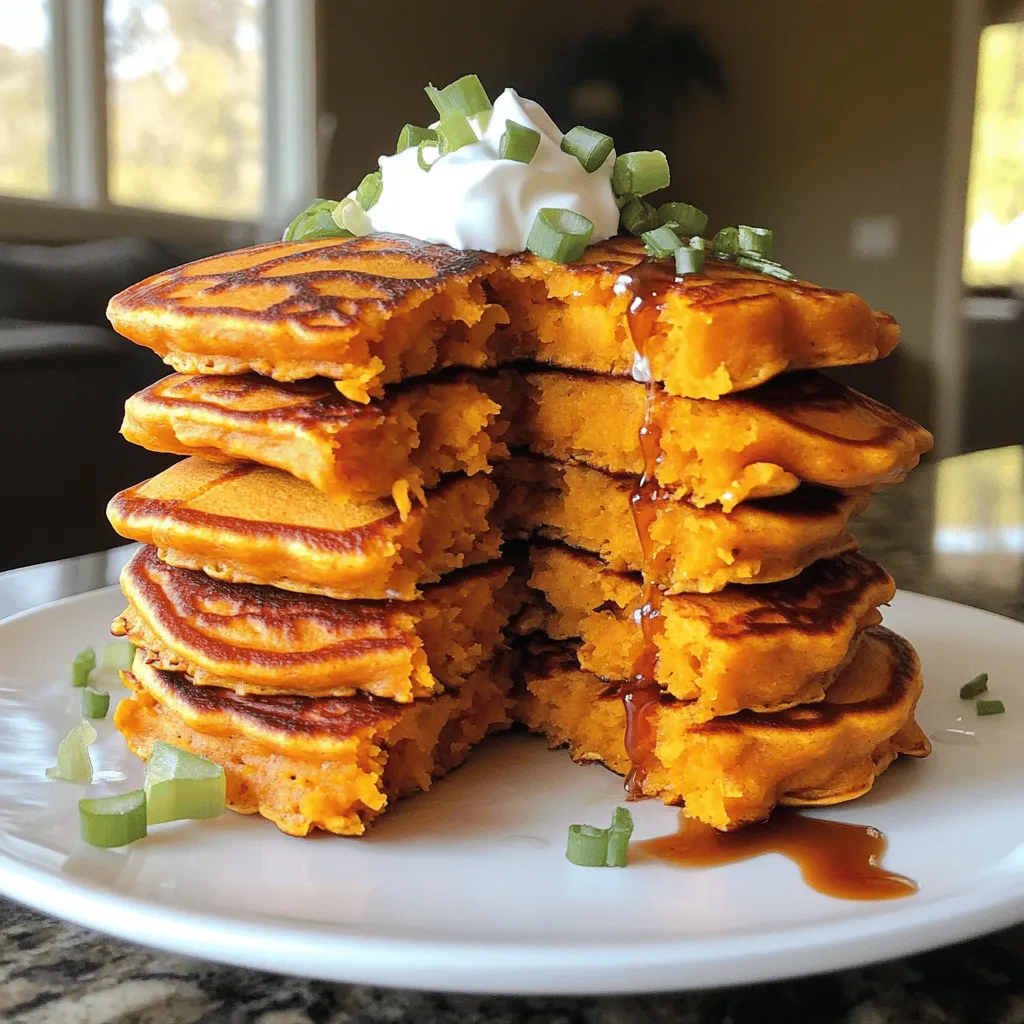 - 1 large sweet potato, peeled and grated - 1 cup all-purpose flour - 1 teaspoon baking powder - 1/2 teaspoon baking soda - 1/2 teaspoon salt - 1/4 teaspoon black pepper - 1 teaspoon garlic powder - 1/2 cup milk (whole or almond) - 1 large egg - 2 tablespoons olive oil - 1/4 cup green onions, finely chopped - 1/4 cup shredded cheese (cheddar or feta) When I make savory sweet potato pancakes, I focus on fresh ingredients. Each one adds to the flavor. Sweet potatoes are the star here. They give a nice sweetness and a lovely color. All-purpose flour is the base. It helps the pancakes hold together. Baking powder and baking soda make them fluffy. Salt and black pepper add a nice contrast. Garlic powder gives a warm depth. For the liquid, I use milk. You can use whole milk or almond milk. Both work well. The egg adds richness and helps bind everything. Olive oil not only adds flavor but helps with cooking. Green onions bring a fresh crunch. I love adding cheese for creaminess. Cheddar gives a strong taste, while feta adds a tangy kick. - Alternative flour options: You can use whole wheat flour or oat flour for a healthier twist. - Dairy-free milk options: Try coconut milk or soy milk if you're dairy-free. - Cheese variations: Cream cheese or goat cheese can be fun alternatives for a different flavor. Feel free to mix and match these ingredients based on what you have. This recipe is flexible, and that's part of the fun! You can find the full recipe above for the step-by-step guide to making these tasty pancakes. First, we mix the dry ingredients. In a large bowl, add the grated sweet potato, flour, baking powder, baking soda, salt, black pepper, and garlic powder. Stir well. This step ensures a good blend of flavors. Next, we combine the wet ingredients. In another bowl, whisk together the milk, egg, and olive oil. Mix until everything is smooth. This helps the pancakes stay moist. Now, we fold in the green onions and cheese. Pour the wet mix into the dry ingredients. Stir gently until just combined. Be careful not to overmix. The green onions and cheese add great flavor. Let's heat the skillet. Use a non-stick skillet and set it to medium heat. Lightly grease it with olive oil or cooking spray. This will prevent sticking. Now it's time to pour the batter. Use about 1/4 cup for each pancake. Pour it onto the hot skillet and spread it a bit. This helps them cook evenly. Cook for about 3-4 minutes. Look for bubbles on the surface. The edges should look set before you flip them. Then, cook for another 2-3 minutes on the other side until golden brown. For presentation, stack the pancakes on a plate. Serve them warm. Add a dollop of sour cream or Greek yogurt on top. Sprinkle extra green onions for color. A drizzle of hot sauce gives a nice kick. Enjoy your savory sweet potato pancakes with these tasty toppings! To make great savory sweet potato pancakes, the right ingredient ratios matter. You need enough flour to hold everything together. Too little flour can lead to soggy pancakes. Aim for a balance between the sweet potato and flour. Here are some tips to avoid soggy pancakes: - Grate the sweet potato finely. This helps it cook evenly. - Squeeze out extra moisture from the grated sweet potato. Use a clean towel to do this. - Avoid over-mixing the batter. Mix just until combined for fluffier pancakes. Adding spices or herbs can take your pancakes to the next level. Try adding fresh herbs like cilantro or parsley for a fresh taste. A pinch of cayenne pepper can add a nice kick. Pairing sides and beverages is also key. These pancakes go well with: - A side of crispy bacon or sausage. - A light salad for a fresh crunch. - A glass of fresh orange juice or herbal tea. For the full recipe, check out the steps above! {{image_2}} You can easily change the taste of your savory sweet potato pancakes. Adding jalapeños gives them a spicy kick. Just chop a few and mix them into the batter. This adds heat and flavor that many love. You can also add spinach or other veggies. Chopped spinach adds color and nutrients. Other choices include zucchini or bell peppers. These veggies keep the pancakes moist and tasty. You can mix and match to find your favorite combo. Serving these pancakes with different sauces can change everything. You can use yogurt or sour cream on top for creaminess. Greek yogurt adds protein and tang. You can also try avocado cream for a different twist. Homemade dipping sauces are another fun option. Mix some hot sauce with honey for a sweet and spicy dip. Or make a simple garlic sauce with yogurt, minced garlic, and lemon juice. These sauces add flavor and excitement to your meal. For the full recipe, you can check the earlier section. To store your leftover savory sweet potato pancakes, place them in an airtight container. Keep them in the fridge for up to three days. When you're ready to eat, reheat them in a skillet over medium heat. This helps keep them crispy. You can also microwave them for about 30 seconds, but they may lose some texture. If you want to freeze the pancakes, start by letting them cool completely. Then, stack them with parchment paper in between each one. Place the stack in a freezer-safe bag or container. This prevents them from sticking together. You can freeze them for up to two months. To thaw, just take them out of the freezer and place them in the fridge overnight. For a quick option, microwave them for about a minute or heat them in a skillet. Enjoy these tasty pancakes any time! You can use almond milk or oat milk. These options work well if you want a dairy-free pancake. You can also use water or vegetable broth for a different taste. Just remember, any liquid will change the flavor a bit. To make these pancakes gluten-free, swap the all-purpose flour for gluten-free flour. Many brands have great blends that work in pancakes. Just check the label to ensure it fits your needs. Yes, you can add protein easily. Try mixing in some protein powder or Greek yogurt. You could also add cooked and crumbled bacon or diced ham for a savory twist. To get crispy edges, make sure your skillet is hot. Use enough oil to coat the pan lightly. Let each pancake cook until bubbles form, then flip it quickly. These steps help create that nice crispy edge. Yes, sweet potato pancakes are quite healthy! Sweet potatoes are rich in vitamins A and C. They also provide fiber, which is great for digestion. Plus, these pancakes are lower in sugar than regular ones, making them a better choice for breakfast. This post covered the key ingredients for sweet potato pancakes, along with substitutions. I shared step-by-step instructions for making them, cooking tips, and creative serving ideas. You can also try fun variations and find storage options for leftovers. These pancakes are tasty and versatile. I hope you feel ready to whip up your own batch! Enjoy experimenting and make them your own.