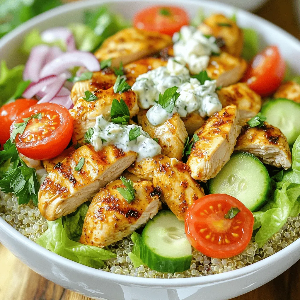 - 1 lb chicken breast, diced - 2 tablespoons olive oil - 2 teaspoons dried oregano - 1 teaspoon garlic powder - 1 teaspoon onion powder - Salt and pepper to taste - 1 cup cooked quinoa or rice - 1 cup cherry tomatoes, halved - 1 cucumber, diced - 1/2 red onion, thinly sliced - 1 cup lettuce, shredded - 1/2 cup feta cheese, crumbled - 1/4 cup tzatziki sauce - Fresh parsley, chopped for garnish When measuring your ingredients, use dry measuring cups for solids. For liquids, opt for clear measuring cups. This helps ensure accuracy in your dish. For vegetables, wash them well. A clean surface is key to good prep. Chop the cherry tomatoes in half for easy bites. Dice the cucumber for crunch. Slice the red onion thinly for a mild flavor. Shred the lettuce to make it easy to layer. These small steps make a big difference in your Greek Chicken Gyro Bowls. They ensure each bite is fresh and tasty. If you want to dive deeper, check out the Full Recipe for more details! To marinate the chicken, start by gathering your ingredients. In a large bowl, mix the diced chicken, olive oil, dried oregano, garlic powder, onion powder, salt, and pepper. Use your hands or a spoon to coat the chicken evenly. For best flavor, let the chicken marinate. Aim for at least 30 minutes. If you have time, marinate it for up to four hours in the fridge. This makes the chicken juicy and tasty. Next, heat a skillet over medium-high heat. Once it’s hot, add the marinated chicken. Cook for about 6 to 8 minutes. Stir the chicken halfway through for even cooking. To check if the chicken is done, cut a piece in the middle. The meat should be white and juicy, not pink. If it’s still pink, cook for another minute or two. While the chicken cooks, chop your vegetables. Quickly cut the cherry tomatoes in half, dice the cucumber, and slice the red onion thinly. For freshness, use ripe tomatoes and crunchy cucumbers. Mix the chopped veggies in a bowl. The bright colors will make your dish pop! Now, it’s time to put it all together. Start with a base of quinoa or rice at the bottom of each bowl. Next, add a layer of the cooked chicken. Top it with the mixed vegetables. This creates a nice contrast in flavors and textures. Sprinkle crumbled feta cheese over the veggies. Drizzle tzatziki sauce on top for creaminess. Finally, garnish with chopped parsley for a fresh touch. Serve immediately to enjoy your Greek Chicken Gyro Bowls! For the full recipe, check the instructions above. To avoid dry chicken, marinate it for at least 30 minutes. Use olive oil, garlic powder, and oregano. These ingredients add moisture and flavor. Cook the chicken on medium heat. This keeps it juicy and tender. Always check for doneness by cutting into the thickest piece. The juices should run clear. Aim for a balanced flavor profile in your gyro bowl. Mix fresh veggies like cherry tomatoes and cucumber. They add crunch and freshness. Use feta cheese for saltiness and creaminess. Drizzle tzatziki sauce for a cool finish. This combination creates a vibrant taste. Making tzatziki sauce at home is easy. You need just a few simple ingredients: Greek yogurt, cucumber, garlic, lemon juice, and dill. Start with one cup of Greek yogurt. Grate half a cucumber and squeeze out excess water. Add minced garlic and a splash of lemon juice. Stir in some chopped dill for extra flavor. Store your tzatziki sauce in an airtight container. It will last in the fridge for up to five days. Keep it cool until ready to serve. This sauce pairs perfectly with your gyro bowl. Enhance your gyro bowl with fresh herbs. Parsley or dill adds a lovely pop of color. You can also sprinkle some paprika or cayenne for spice. For added crunch, try sliced radishes or toasted nuts. They bring a delightful texture. You can also use crunchy pita chips for a fun twist. These garnishes make your gyro bowl even more delicious and appealing. For the full recipe, check the section above. {{image_2}} You can switch up the protein in your gyro bowl. Grilled shrimp offers a light and zesty option. Simply marinate shrimp in olive oil, garlic, and lemon juice. Cook them on high heat for a few minutes on each side. Tofu is another great option. Press and cube it before marinating and grilling. This makes a tasty vegan choice. You can also explore other meats, like lamb or beef. Just adjust the marinade to fit the flavor you want. If you want to change the base, consider alternatives to quinoa or rice. Bulgur wheat is a great choice. It cooks quickly and adds a nutty flavor. For a low-carb option, try cauliflower rice. Simply grate fresh cauliflower and sauté it until tender. It works well with the flavors of the gyro bowl. Another option is farro, which gives a chewy texture and is rich in nutrients. Making this dish gluten-free is easy. You can use rice or quinoa as your grain base. For those who are vegan, swap the chicken for chickpeas or lentils. Use a vegan tzatziki made from cashews or coconut yogurt. This keeps the taste while meeting dietary needs. Also, be sure to check labels on all ingredients to avoid gluten. These simple swaps make the dish inclusive for everyone. To keep your Greek Chicken Gyro Bowls fresh, store leftovers in an airtight container. Make sure to refrigerate them within two hours of cooking. This helps prevent bacteria growth. Leftovers can last up to three days in the fridge. When reheating, use a microwave or stovetop. Heat the chicken until it reaches 165°F. This keeps the chicken juicy and avoids dryness. If using a microwave, cover your bowl to trap moisture. This helps maintain texture and flavor. You can freeze components of your gyro bowl for later meals. Cooked chicken, grains, and tzatziki sauce freeze well. Place them in separate airtight containers. Make sure to label each with the date. To thaw, move them to the fridge overnight. You can also use the microwave for a quick thaw. When reheating, heat until everything is hot and safe to eat. This ensures your meal stays tasty and safe. For the best taste, store fresh ingredients properly. Keep chicken in the coldest part of your fridge. Use it within two days of purchase. Vegetables like tomatoes and cucumbers should stay in the crisper drawer. They last about a week if stored well. Feta cheese should be in its brine or kept airtight. It can last up to a month when stored right. Keep an eye on freshness to ensure safety and great taste. You can easily reduce calories and fat in this dish. Start by using skinless chicken breast. This cuts down on extra fat. Next, replace quinoa with cauliflower rice for a lower carb option. You can also use less feta cheese or choose a low-fat version. Finally, opt for a lighter tzatziki sauce made with yogurt instead of sour cream. These swaps help keep the meal tasty while lowering calories. If you want a swap for feta cheese, try using goat cheese. It has a similar tangy taste. For a non-dairy option, use crumbled tofu with lemon juice and herbs. This mix gives a nice flavor and creamy texture. Low-fat ricotta cheese is another great choice. Each of these options can keep your bowls delicious without the fat. Yes, you can prepare these bowls in advance. Cook the chicken and store it in the fridge for up to four days. You can also pre-chop your vegetables. Keep them in airtight containers to stay fresh. Cooked quinoa or rice can last in the fridge for about a week. This makes meal prep easy and quick during busy days. To enhance your Greek Chicken Gyro Bowls, serve them with a side of pita bread. This adds a nice crunch. A fresh Greek salad pairs well too, bringing in more veggies. For drinks, try a light white wine or sparkling water with lemon. These choices balance the flavors and make the meal more exciting. To kick up the heat in your gyro sauce, add some red pepper flakes. You can also mix in diced jalapeños or a splash of hot sauce. Another fun idea is to blend in some chopped fresh herbs like cilantro or parsley. These add flavor and a little spice, perfect for those who love heat. For the complete recipe, check out the [Full Recipe]. You now have all the tools to create delicious Greek Chicken Gyro Bowls. Start with fresh ingredients like chicken, quinoa, and vibrant veggies. Follow the easy steps for marinating, cooking, and assembling. Don't forget the tips for tasty tzatziki sauce and garnishing. Feel free to swap ingredients based on your taste or diet. Remember, storing leftovers correctly keeps them fresh for later meals. Enjoy making this dish your own. With these guidelines, you're ready to impress at your next meal!