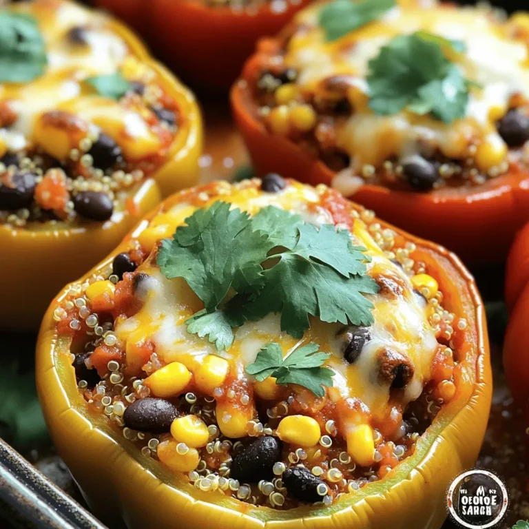 - 4 medium bell peppers, diced - 1 cup quinoa, rinsed - 1 can black beans, drained and rinsed - 1 cup corn kernels - 1 cup diced tomatoes - 1 teaspoon cumin - 1 teaspoon smoked paprika - 1 teaspoon garlic powder - 2 cups vegetable broth - Salt and pepper to taste - 1 cup shredded cheese (cheddar or Mexican blend) - Fresh cilantro for garnish (optional) When I make stuffed bell pepper casserole, I love how simple the ingredients are. The bell peppers bring color and crunch. Quinoa adds protein and grains. Black beans offer a hearty texture. Corn adds sweetness, and diced tomatoes provide moisture. For spices, I use cumin for warmth, smoked paprika for depth, and garlic powder for flavor. Vegetable broth ties it all together and keeps the dish juicy. Don’t forget salt and pepper! They balance the flavors. For toppings, I prefer shredded cheese. It melts beautifully on top. Fresh cilantro adds a bright finish, but it’s optional. You can find the full recipe to get started on this comforting dish. - Preheat the oven to 375°F (190°C). - In a large skillet, sauté the diced bell peppers over medium heat for about 5 minutes. They should start to soften and smell great. - Next, add the quinoa, black beans, corn, diced tomatoes, and spices. Mix them all well. - Pour in the vegetable broth. Stir everything together and bring it to a gentle simmer. This helps all the flavors blend nicely. - Now, transfer the mixture to a greased 9x13-inch baking dish. Spread it evenly across the dish. - Cover the dish with aluminum foil and bake it for 25 minutes. - After that, uncover the dish and sprinkle the cheese over the top. Bake again for about 15 minutes until the cheese is melted and bubbly. This process is simple yet rewarding. Each step builds flavor and texture in a dish that feels comforting and hearty. For the full recipe, check the section above. - Ensure quinoa is thoroughly rinsed before cooking. This removes the bitter coating, giving you a better taste. - Stir the mixture well to evenly distribute flavors. This helps every bite be as tasty as possible. - Serve with a side salad or crusty bread. This adds crunch and freshness to your meal. - Pair with avocado or guacamole for extra creaminess. It balances the flavors perfectly. - Use fresh cilantro as a garnish. This adds a pop of color and fresh taste. - Consider a sprinkle of extra cheese on top. It makes the dish look inviting and delicious. For the full recipe, check out the details above! {{image_2}} You can change the protein in your casserole easily. Use ground turkey or beef for a heartier meal. Both options add richness and protein. If you want a lighter choice, substitute black beans with chickpeas. Chickpeas give a nice twist to the dish. Making this dish vegan is simple and tasty. Just omit the cheese or use a dairy-free type. This swap keeps the flavors rich while being plant-based. You can also replace vegetable broth with water. This lightens the dish without losing flavor. To kick up the heat, add jalapeños. This spice brings a fun kick to the casserole. You can also mix in more veggies. Zucchini or spinach works great in this dish. Both add nutrition and freshness, making it even better. Store leftover Stuffed Bell Pepper Casserole in an airtight container in the fridge. This keeps it fresh and safe to eat. Consume it within 3-4 days for the best taste. After that, the flavors and texture may change. I recommend labeling the container with the date so you remember when you made it. If you want to save some for later, freeze it in a sealed container or freezer bag. This will help it stay good for longer. When you’re ready to eat it, thaw it overnight in the refrigerator. This way, it defrosts evenly and tastes great when reheated. For the best texture, reheat your casserole in the oven. Set it to a low temperature and cover it with foil to keep it moist. If you’re in a hurry, you can use the microwave for quicker reheating. Just keep in mind that it may not retain its crispness this way. I suggest taking your time when reheating to enjoy the full flavors of the dish. You can make a gluten-free version by using gluten-free grains. I recommend quinoa or rice. Both work well and add great texture. Quinoa has a nice nutty flavor that pairs well with the other ingredients. Yes, you can prepare this casserole ahead of time! Simply assemble all the ingredients and place them in your baking dish. Cover it and store it in the fridge. When you are ready to bake, you may need to adjust the cooking time a bit. This casserole goes well with many sides. I suggest a fresh green salad for some crunch. Garlic bread also makes a great choice. The bread soaks up the flavors nicely. You will know the casserole is done when the cheese is melted and bubbly. The mixture should look hot and inviting. If you want, you can insert a fork to check if the quinoa is cooked through. This stuffed bell pepper casserole is easy and full of flavor. We used colorful bell peppers, quinoa, black beans, and spices. Baking brings all these ingredients together. You can change it up with different proteins or toppings. Remember to store leftovers well to enjoy later. This dish pairs nicely with a salad or some crusty bread. Now you have all you need to make this tasty meal. Enjoy each bite and share the recipe with friends!