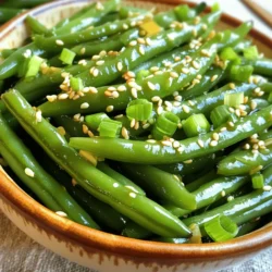 For this dish, you need 1 pound of fresh green beans. Trim the ends and rinse them well. Fresh green beans are crisp and bright, perfect for this recipe. They bring a nice crunch and vibrant color to your plate. - 3 tablespoons sesame oil - 4 cloves garlic, minced - 2 tablespoons soy sauce (low sodium recommended) - 1 tablespoon rice vinegar - 1 teaspoon honey or agave syrup - Salt and pepper to taste Sesame oil gives the dish its rich flavor. The minced garlic adds a sharp kick. Low sodium soy sauce keeps the dish tasty without too much salt. Rice vinegar adds a touch of tang, while honey or agave syrup balances the flavors. Don’t forget to season with salt and pepper! - 1 tablespoon sesame seeds (toasted) - 2 green onions, sliced for garnish Toasted sesame seeds add a nutty crunch. Sliced green onions give a fresh pop of color and flavor. These garnishes make the dish look and taste even better. For the full recipe, check the details above. Start with fresh green beans. Rinse them well under cold water. Trim the ends off each bean. This keeps them tender and neat. Bring a large pot of water to a boil. Add salt to the water for flavor. Once boiling, drop in the green beans. Blanch them for about 3-4 minutes. This helps them stay bright green. After blanching, quickly drain the beans. Plunge them into an ice bath for 2-3 minutes. This stops the cooking and keeps the crunch. Drain again and set the beans aside. Now let’s get to the garlic. In a big skillet or wok, pour in the sesame oil. Heat the oil over medium heat until it shimmers. Add the minced garlic to the pan. Sauté for about 30 seconds. Watch it carefully; burnt garlic tastes bitter. You want it fragrant and golden, not brown. Next, add the blanched green beans to the skillet. Toss them with the garlic in the hot oil. Stir-fry for 2-3 minutes to mix the flavors. In a small bowl, whisk together soy sauce, rice vinegar, and honey. Pour this mixture over the green beans. Keep sautéing for another 2 minutes. This helps the beans soak up all the tasty sauce. Finally, sprinkle toasted sesame seeds over the top. Season with salt and pepper to taste. Give everything one last toss. Serve the green beans hot. They are perfect for any meal. For the full recipe, check out the section above. Blanching the green beans is key for a bright color and crisp bite. Start by boiling salted water. Once it’s bubbling, add the green beans. Cook them for about 3-4 minutes. You want them bright green but still crunchy. After blanching, quickly move them to an ice bath. This stops the cooking and keeps them vibrant. To boost the flavor, consider adding a squeeze of lemon juice. This adds brightness and balances the richness of sesame oil. You can also mix in some red pepper flakes for heat. If you like crunch, toss in chopped nuts like cashews or almonds. They add texture and flavor. Serve your sesame garlic green beans in a colorful bowl. Drizzle a little extra sesame oil on top for shine. A sprinkle of toasted sesame seeds adds a nice touch. For a pop of color, finish with sliced green onions. This makes the dish look fresh and inviting. For the full recipe, check out the detailed steps above. {{image_2}} You can boost the nutrition in your sesame garlic green beans. Try adding sliced carrots or bell peppers. These veggies add color and crunch. You could also mix in some cooked quinoa or brown rice for extra fiber. Nuts like slivered almonds or chopped cashews bring healthy fats. They also add a nice crunch to the dish. If you like heat, turn up the spice! Add red pepper flakes or sriracha to the garlic while cooking. Start with a small amount, then taste it. You can always add more for extra kick! For a different heat, try diced jalapeños. They give a fresh flavor along with the spice. This twist makes the dish even more exciting. This recipe is easy to make vegan! Just swap honey for agave syrup or maple syrup. It keeps the sweetness without animal products. Make sure to check your soy sauce. Some brands are vegan, while others may not be. You can also use liquid aminos for a soy-free option. These small changes keep the flavor while meeting dietary needs. For the full recipe, check out the detailed instructions. Once you finish your meal, let the green beans cool. Place them in an airtight container. Store them in the fridge for up to three days. This keeps them fresh and tasty. When ready to eat, you can enjoy them cold or warm. To reheat, you can use a skillet or microwave. If using a skillet, add a splash of water. Heat over medium-low until warm. This helps keep the green beans tender. If using a microwave, cover the beans and heat in short bursts. Stir between bursts to prevent overheating. You can freeze these green beans, but they may change texture. Start by blanching them as in the full recipe. After cooling, place them in freezer bags. Remove as much air as possible. They can last up to three months in the freezer. When you're ready to use them, thaw in the fridge overnight before reheating. Yes, you can use frozen green beans. They are usually blanched before freezing. This means they will cook faster than fresh beans. To use them, skip the blanching step. Just sauté them straight in the skillet. Cook for about 4-5 minutes until heated through and tender. If you don’t have sesame oil, you can use olive oil or avocado oil. Both oils have a mild taste. You can also mix in a bit of peanut oil for a nutty flavor. However, keep in mind that sesame oil adds a unique taste to the dish. To make this recipe gluten-free, use tamari instead of soy sauce. Tamari is a gluten-free alternative that tastes great. Always check the labels of your other ingredients to ensure they are gluten-free. This way, you can enjoy a delicious meal without worries. For the complete cooking steps, refer to the Full Recipe. In this article, we explored how to make tasty green beans. We covered fresh ingredients, spices, and garnishes. I shared step-by-step instructions for preparing and cooking. Tips on blanching and flavor-boosting techniques helped enhance your dish. Adaptations for nutrition and dietary needs, plus storage tips, expanded your options. Remember, cooking green beans can be quick and fun! Use this guide to impress your family or friends with a healthy side. Enjoy your cooking journey and get creative with flavors!