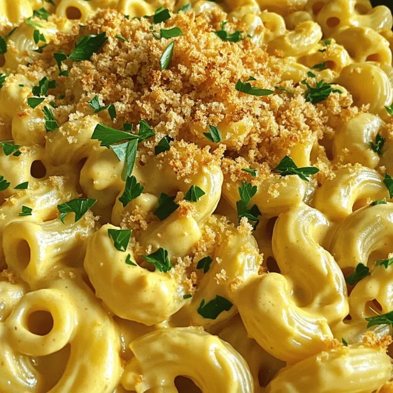 To make creamy vegan mac and cheese, you need some key items. Here’s what to gather: - 2 cups elbow macaroni - 1 cup raw cashews (soaked for 2 hours, drained) - 1 cup unsweetened almond milk - 1/4 cup nutritional yeast - 2 tablespoons lemon juice - 1 teaspoon garlic powder - 1 teaspoon onion powder - 1 teaspoon smoked paprika - Salt and pepper to taste - 1 tablespoon olive oil These ingredients work together to create a rich and creamy sauce. The cashews give the sauce a nice texture, while nutritional yeast adds a cheesy flavor. You can get creative with your vegan mac and cheese! Here are some fun add-ins and toppings: - 1/2 cup breadcrumbs (for topping) - Fresh parsley, chopped (for garnish) - Cooked vegetables like broccoli or spinach - Vegan protein sources like chickpeas or lentils Feel free to mix and match these options. They can add more flavor and nutrients to your dish. When looking for vegan cheese, you have some great choices. Here are a few brands that I recommend: - Daiya - Violife - Follow Your Heart - Kite Hill These brands offer tasty options that melt well. You can use them in your recipe or as a topping. Check the labels for flavors that you like best! For the full recipe, refer to the detailed instructions above. Enjoy your creamy vegan comfort food! To start, you need to cook the elbow macaroni. Fill a large pot with water and add salt. Bring it to a boil over high heat. Once boiling, add 2 cups of elbow macaroni. Cook it according to the package instructions until it is al dente. This usually takes about 7 to 9 minutes. When done, drain the macaroni in a colander. Set it aside for later. Next, let's make the cheese sauce. You will need a blender for this. First, take 1 cup of soaked cashews and add them to the blender. Make sure you drain the cashews after soaking them for 2 hours. Then, pour in 1 cup of unsweetened almond milk. Add 1/4 cup of nutritional yeast. This gives a cheesy flavor. Include 2 tablespoons of lemon juice, 1 teaspoon of garlic powder, 1 teaspoon of onion powder, and 1 teaspoon of smoked paprika. Don’t forget to add salt and pepper to taste. Blend everything until it is smooth and creamy. If the sauce is too thick, add more almond milk a little at a time. You want it to be just right. Now it's time to mix the pasta and sauce. In a large mixing bowl, add the cooked macaroni. Pour the creamy vegan cheese sauce over the pasta. Stir it well until every piece of macaroni is coated in the sauce. This is where the magic happens. You can see the pasta turn into a lovely vegan mac and cheese. If you want a baked version, preheat your oven to 350°F (175°C). Transfer your mac and cheese to a baking dish. In a small bowl, mix 1/2 cup of breadcrumbs with 1 tablespoon of olive oil. Sprinkle this mixture evenly over the top of the mac and cheese. Bake it for about 20 minutes. You want the top to be golden and crispy. If you want extra flavor, feel free to add more spices. Serve hot and enjoy your creamy vegan delight. For the full recipe, check out the instructions above. To make the cheese sauce just right, start with soaked cashews. Soaking them makes them creamy. Blend the cashews with almond milk. If the sauce is too thick, add more almond milk slowly. Keep blending until it’s smooth. You want it to coat the pasta well without being runny. Flavor is key in vegan mac and cheese. Use garlic powder and onion powder for a savory base. Smoked paprika adds a nice smoky taste. You can also try adding a pinch of cayenne for a kick. Always taste the sauce before mixing with pasta. Adjust salt and pepper to your liking. You can choose to bake or serve stovetop. Baking gives a crunchy top that many love. To bake, sprinkle breadcrumbs mixed with olive oil on top. Bake at 350°F for about 20 minutes. If you prefer a quick meal, just mix the pasta and sauce on the stovetop. Both ways are delicious, so choose what you like best! For the full recipe, check out the details above. {{image_2}} You can make this dish gluten-free by using gluten-free pasta. Many brands offer elbow macaroni made from rice or chickpeas. Just cook it the same way as regular pasta. The cheese sauce remains the same, so you don’t lose any creaminess. This option is great for those with gluten sensitivities. You can enjoy creamy textures without worry! If you want a nut-free sauce, try using sunflower seeds instead of cashews. Soak them for a few hours, just like the cashews. Blend them with the almond milk and spices. You may also use tahini for a different flavor. This still gives you that creamy texture without the nuts. It’s a tasty way to keep it safe for everyone! Adding veggies or protein can make your mac and cheese even better. You can stir in steamed broccoli, spinach, or peas for some greens. If you want protein, consider adding chickpeas or tofu. Cook them first, then mix them into the pasta and sauce. This will not only add flavor but also make your meal more filling. You can play around with different add-ins to find your favorite mix! To store leftover vegan mac and cheese, place it in an airtight container. Make sure to cool it down first. This helps keep the taste fresh. Store it in the fridge for up to four days. If you want to keep it longer, freezing is a great option. When reheating, the goal is to keep it creamy. You can use the microwave or stove. If using the microwave, heat it in short bursts. Stir between each burst to ensure even heating. If reheating on the stove, add a splash of almond milk. This helps restore the creamy texture. To freeze, let the mac and cheese cool completely. Scoop it into freezer-safe containers. Leave some space at the top, as it will expand. You should enjoy it within two months for the best taste. To thaw, move it to the fridge overnight before reheating. This way, you'll have a tasty meal ready to go! Check out the Full Recipe for more delicious details. For vegan mac and cheese, I recommend using elbow macaroni. This pasta shape holds the sauce well. You can also try cavatappi or shells for a fun twist. They add a nice texture and scoop up the creamy sauce. Yes, you can use other non-dairy milks. Options like soy, oat, or cashew milk work well. Choose unsweetened versions for the best flavor. Each milk brings its unique taste, so feel free to experiment a bit. Vegan mac and cheese lasts about 3 to 5 days in the fridge. Store it in an airtight container to keep it fresh. When you're ready to eat, just reheat it on the stove or in the microwave. Yes, this recipe is great for meal prep. You can make a big batch and store it in portions. Just reheat when you're ready to eat. It saves time and makes a quick, tasty meal. Check out the Full Recipe for more details! Vegan mac and cheese is easy with the right ingredients and steps. We covered key ingredients, from macaroni to tasty vegan cheese. You can customize it with your favorite add-ins. Follow the steps to make a creamy sauce, mix it with pasta, and bake it if you like. Remember to store leftovers well and reheat gently. This dish is great for meal prep and suits many diets. Enjoy experimenting with flavors and textures to find your favorite spin on this comfort food. Happy cooking!