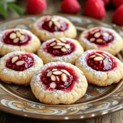 - 1 cup unsalted butter, softened - 1 cup powdered sugar - 2 cups all-purpose flour These main ingredients form the base of the cookies. The unsalted butter gives them a rich flavor. The powdered sugar adds sweetness and helps create a tender texture. The all-purpose flour provides structure, making the cookies hold their shape. - 1 teaspoon vanilla extract - 1/2 teaspoon almond extract - 1/4 teaspoon salt Flavor enhancers bring the cookies to life. Vanilla extract offers warmth and depth. Almond extract adds a lovely nutty note. Salt balances the sweetness, making each bite more enjoyable. - 1 cup raspberry jam (store-bought or homemade) - Sliced almonds (for topping) - Extra powdered sugar for dusting The toppings and filling add color and taste. Raspberry jam brings a tart and sweet contrast. Sliced almonds provide crunch and visual appeal. A dusting of powdered sugar makes these cookies look special, perfect for sharing! For the full recipe, you can check [Full Recipe]. - Preheat your oven to 350°F (175°C). - Line a baking sheet with parchment paper. Start by making your kitchen ready for these tasty cookies. Preheating the oven ensures even baking. The parchment paper keeps your cookies from sticking. - Cream together the butter and powdered sugar. - Incorporate the extracts. In a large bowl, mix the softened butter and powdered sugar. I usually beat them for about 3-4 minutes. This step makes the dough light and fluffy. Next, add the vanilla and almond extracts. This adds a lovely depth of flavor. - Create dough balls and form indentations. - Fill with raspberry jam and add sliced almonds. - Bake and cool the cookies. Scoop out tablespoon-sized portions of dough and roll them into balls. Place them on the baking sheet, leaving space between each ball. Now, use your thumb to make a small indentation in the center of each ball. Fill that space with raspberry jam, about half a teaspoon each. Then, sprinkle sliced almonds around the jam. This adds crunch and flavor. Bake the cookies for 15-18 minutes. Look for lightly golden edges. After baking, let them cool on the sheet for a few minutes. Then, transfer them to a wire rack to cool completely. Dust with extra powdered sugar before serving. For the full recipe, refer to the earlier section. To make the best Raspberry Almond Thumbprint Cookies, start with the butter. Ensure it is softened, but not melted. Softened butter helps create a light texture in the cookies. Let the butter sit out for about 30 minutes before using. Avoid overmixing the dough. Mix just until the flour is combined. Overmixing can lead to tough cookies. You want them soft and crumbly, not dense. Filling the thumbprints is a fun part! Use a measuring spoon to scoop out jam. This keeps each cookie uniform. Aim for about a half teaspoon of jam in each thumbprint. Make sure your jam is spreadable. A good texture helps it sit nicely in the cookie. You can microwave it for a few seconds if it is too thick. Want to add more flavor? Try adding a pinch of cinnamon or nutmeg to the dough. These spices work well with the almond and raspberry. For the jam, I recommend using a high-quality raspberry jam. Look for one with real fruit and less sugar. Homemade raspberry jam is also great if you have some on hand. For the full recipe, check the section above. Enjoy your baking! {{image_2}} You can change the nuts in these cookies. If you don't like almonds, try walnuts or pecans. They add a nice crunch and taste. For those with nut allergies, use sunflower seeds or pumpkin seeds. These options keep the cookies safe and tasty. Switching the jam can change the flavor a lot. Instead of raspberry, try strawberry, apricot, or even blueberry. You can also add spices like cinnamon or nutmeg. A pinch can give your cookies a warm twist. Don't be afraid to mix and match flavors! Want to make these cookies gluten-free? Use almond flour or coconut flour as a substitute. You may need to adjust the amount of butter. Gluten-free dough can be sticky, so adding a bit more flour may help. Always check the baking time, as it may vary. For the full recipe, check out the complete guide. To keep your Raspberry Almond Thumbprint Cookies fresh, store them at room temperature. Place them in an airtight container. This keeps them soft and tasty. Make sure to layer parchment paper between the cookies if you stack them. This prevents sticking and helps them stay intact. If you want to keep these cookies longer, freezing is a great option. First, let the cookies cool completely. Then, place them in a freezer-safe container. You can also wrap them in plastic wrap and then put them in a freezer bag. This helps avoid freezer burn. When you're ready to eat them, thaw the cookies in the fridge overnight. To refresh their taste, warm them in the oven for a few minutes at 350°F. These cookies last about one week at room temperature. In the freezer, they can last up to three months. Check for signs of spoilage like a hard texture or off smell. If they feel dry or crumbly, it's best to toss them. Enjoy your delicious treats while they are at their best! For the full recipe, click here. Making Raspberry Almond Thumbprint Cookies takes about 35 minutes. You will spend 15 minutes prepping the ingredients. The baking time is around 15 to 18 minutes. Make sure to let them cool a bit before serving. Yes, you can use different jams! Some great options are: - Strawberry jam - Apricot jam - Blueberry jam - Mixed berry jam Each jam brings a unique taste. Experiment and find your favorite! If you have nut allergies or dislike almond flavor, try these: - Vanilla extract for a milder taste - Coconut extract for a tropical twist - Hazelnut extract for a rich flavor These options work well and keep your cookies delicious. Use what you have on hand! For the full recipe, check the link provided. You now have a complete guide to making Raspberry Almond Thumbprint Cookies. We covered ingredients, step-by-step instructions, storage tips, and variations you can try. These cookies are tasty and easy to make, perfect for any occasion. Try using different jams or nuts for fun twists. Each cookie will impress your friends and family. Enjoy baking these delicious treats and share the joy with others. Your cookie adventure starts now!