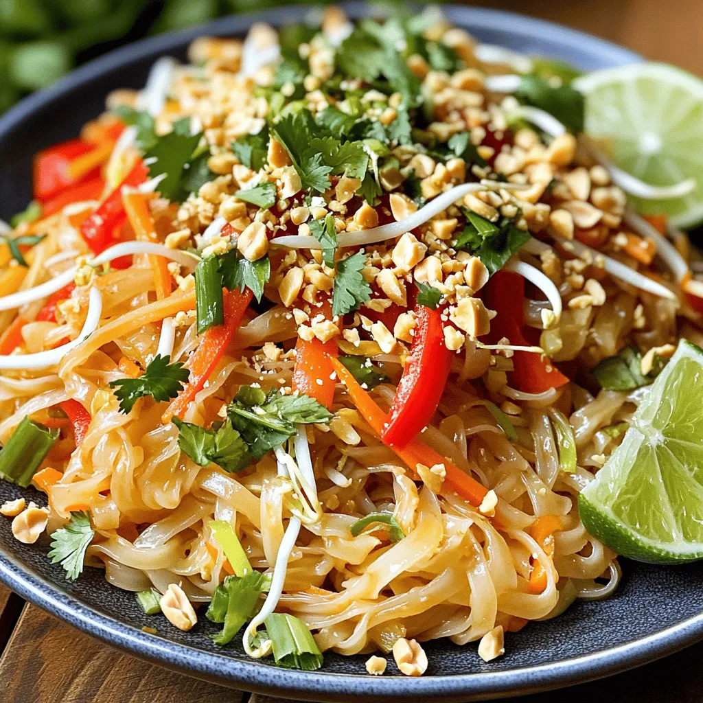 - 8 oz rice noodles - 2 tablespoons vegetable oil - 1 clove garlic, minced - 1 small onion, sliced - 1 red bell pepper, sliced - 1 cup bean sprouts - 1 carrot, julienned - 2 eggs (optional) - 3 green onions, chopped - 3 tablespoons soy sauce - 1 tablespoon lime juice - 1 teaspoon brown sugar - Crushed peanuts, for garnish - Fresh cilantro, for garnish - Lime wedges, for serving For a perfect Easy Veggie Pad Thai, the ingredients are key. You start with rice noodles, which give the dish its base. They soak up all the flavors and add a nice texture. Vegetable oil helps you sauté the garlic and onion. Garlic adds a strong flavor. Onion gives it sweetness. Red bell pepper adds crunch and color, while carrots give a slight sweetness. Bean sprouts add freshness and a bite. Green onions add a mild onion taste and a pop of green. Soy sauce brings saltiness, lime juice gives a zesty kick, and brown sugar balances all the flavors. You can add two eggs if you want a richer taste and protein. If you prefer a vegan dish, you can skip the eggs. Crushed peanuts and fresh cilantro make great garnishes. They add texture and brightness. Lime wedges are perfect for squeezing on top just before you eat. If you want to swap rice noodles, try zucchini noodles or whole wheat noodles. Both work well. For a vegan egg substitute, use silken tofu or chickpea flour. Both give a similar texture. Feel free to mix in other vegetables. Broccoli, snap peas, or mushrooms can add even more flavor and nutrients. Start by cooking the rice noodles. Follow the package directions closely. Once cooked, drain the noodles and set them aside. This step is key for the perfect texture in your Easy Veggie Pad Thai. In a large pan or wok, heat the vegetable oil over medium heat. Add one clove of minced garlic and one sliced small onion. Sauté them until the onion turns soft and clear. This usually takes about three minutes. Next, stir in one sliced red bell pepper and one julienned carrot. Cook these veggies for another three to four minutes until they are tender but still crisp. If you choose to use eggs, push the veggies to one side of the pan. Crack two eggs into the pan and scramble them until they are fully cooked. Mix the eggs back with the veggies. Now, add the drained rice noodles to the pan. Pour in the sauce made from three tablespoons of soy sauce, one tablespoon of lime juice, and one teaspoon of brown sugar. Toss everything together gently. Cook for an additional two to three minutes. Finally, toss in one cup of bean sprouts and three chopped green onions. Cook just until heated through. Now, your Easy Veggie Pad Thai is ready to enjoy! To make great Pad Thai, you must avoid mushy noodles. First, cook the rice noodles just until they are al dente. Drain them and rinse under cold water. This stops the cooking and keeps them firm. Next, you want to time your veggies right. Stir-fry the onions and garlic first. Add the bell peppers and carrots after. Cook them for about three to four minutes. This way, the veggies stay crisp and colorful. For a tasty Pad Thai, use the right sauces and seasonings. Soy sauce is key. It gives the dish its classic flavor. Lime juice adds brightness. A touch of brown sugar balances the saltiness. If you like heat, add some chili flakes or sriracha. A little spice can really wake up your dish. Start small and taste as you go. You can always add more! A beautiful dish makes it more enjoyable. Use crushed peanuts for a crunchy top. Fresh cilantro adds color and flavor. Don’t forget lime wedges! They add a nice touch when you squeeze them over the dish. Serve your Pad Thai in a big bowl. Let everyone garnish their own. This way, you make it fun and interactive. For the complete cooking guide and instructions, check the full recipe. {{image_2}} For a tasty veggie Pad Thai, feel free to mix and match your vegetables. You can add: - Broccoli florets - Snap peas - Zucchini ribbons - Mushrooms These choices boost nutrition and color. You can also create a tofu or tempeh version. Both are great protein sources. Just cube tofu or tempeh, and sauté them until golden. Then, mix them into your dish for extra flavor. If you need gluten-free options, swap regular soy sauce with tamari. This simple change keeps the taste while making it safe for gluten-free diets. For low-carb suggestions, replace rice noodles with zucchini noodles or shirataki noodles. These options cut carbs while keeping the meal filling. To add more excitement, try introducing Thai basil or chili flakes. Thai basil adds a sweet, aromatic note. Chili flakes can give your dish a nice kick. For a tangy twist, use tamarind paste. Just a teaspoon can make a big difference in flavor. To keep your Easy Veggie Pad Thai fresh, follow these simple steps: - Allow the dish to cool down to room temperature. - Place leftovers in an airtight container. - Store the container in the refrigerator. When you reheat, do it gently. Use a microwave or a pan on low heat. Add a splash of water to keep it moist. You can freeze cooked Pad Thai for later use. Here’s how: - Let the dish cool completely. - Portion it into freezer-safe bags or containers. - Label with the date and freeze. To thaw, move it to the fridge overnight. When ready to eat, reheat in a pan or microwave. How long does Veggie Pad Thai last in the fridge? It stays good for 3 to 4 days. Look for signs of spoilage, such as: - Unpleasant smell - Mold spots - Changes in texture When in doubt, throw it out! Enjoy your meal fresh for the best taste. To make Pad Thai vegan, start by omitting the eggs. Instead, use tofu or extra veggies for protein. Choose plant-based sauces like soy sauce or tamari. This keeps the dish flavorful and friendly for all diets. Use fresh ingredients for the best taste. Yes, you can prep Pad Thai ahead. Cook the rice noodles and veggies first. Store them in separate containers. When ready to eat, combine them and heat in a pan. This saves time during busy days. Just remember to add the bean sprouts last to keep them crisp. Veggie Pad Thai pairs well with various sides. Try serving it with spring rolls for a crunchy bite. You can also add a fresh salad for brightness. Coconut milk soup is another tasty option. These sides enhance your meal and add more flavors. For the complete cooking guide and instructions, check out the [Full Recipe](#). This guide covers easy Veggie Pad Thai. You learned all about the ingredients you need. I shared step-by-step instructions and tips for great taste. You can customize it, too, with veggie options or dietary needs. Enjoying Pad Thai at home is simple and fun. Use this guide to make your dish unique. Cooking can bring joy and flavor to your meals. So, gather your ingredients and start cooking today!